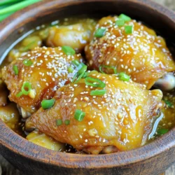 - 4 bone-in, skin-on chicken thighs - 1/2 cup honey - 1/4 cup soy sauce - 4 cloves garlic, minced - 1 tablespoon fresh ginger, grated - 1 teaspoon sesame oil - 1/2 teaspoon red pepper flakes (optional for heat) - Salt and pepper to taste - 1 tablespoon cornstarch (optional, for thickening sauce) - 2 green onions, chopped (for garnish) - Sesame seeds (for garnish) When measuring, use a liquid measuring cup for honey and soy sauce. Use a spoon for ginger and garlic. Make sure to pack the minced garlic well. For dry ingredients like cornstarch, use a tablespoon. This ensures you get the right amount. If you don’t have honey, try maple syrup for sweetness. For soy sauce, use tamari for a gluten-free option. You can skip the sesame oil if needed. If you want more spice, add more red pepper flakes. Use chicken breasts if you prefer leaner meat. Start by patting the chicken thighs dry with paper towels. This step helps the skin get crispy. Next, season both sides with salt and pepper. This adds flavor to the chicken. Placing the chicken skin-side up in the slow cooker is key. The skin will crisp up and keep the meat moist. In a medium bowl, whisk together the honey and soy sauce. Then, add minced garlic and grated ginger. These ingredients give the sauce a sweet and savory taste. If you like a bit of heat, add red pepper flakes. Mix until everything is well combined. This sauce is the star of the dish. Pour the honey garlic sauce over the chicken thighs in the slow cooker. Make sure to cover the chicken well. Next, cover the slow cooker with its lid. You can cook on low for 4-6 hours or on high for 2-3 hours. The chicken should be tender and cooked through. If you want a thicker sauce, remove the chicken after cooking. Mix cornstarch with water to create a slurry. Stir it into the sauce and cook for an extra 10-15 minutes. Return the chicken to the slow cooker to coat it in the thickened sauce. Serve hot, garnished with green onions and sesame seeds. Enjoy your dish! To get juicy chicken, start with bone-in, skin-on thighs. These thighs hold moisture well. Pat them dry to help the skin crisp up. Season each side with salt and pepper. Cook on low for 4-6 hours or high for 2-3 hours. Always check the chicken's inside temp. It should reach 165°F. This ensures it's safe to eat. If you want a thicker sauce, it’s easy! After cooking, take the chicken out. In a small bowl, mix cornstarch with a bit of water. This makes a slurry. Stir it into the sauce in the slow cooker. Cook on high for 10-15 minutes. This will help the sauce get nice and thick. You can then coat the chicken in this rich sauce. Serve the chicken hot for the best flavor. Garnish with chopped green onions and sesame seeds. These add a nice crunch and flavor. You can pair this dish with rice or steamed veggies. They soak up the sauce well. For extra flair, add some pickled vegetables on the side. This adds a nice contrast to the sweet and savory chicken. {{image_2}} You can switch the chicken thighs for other proteins. Try using chicken breasts for a leaner dish. Bone-in, skin-on thighs give rich flavor, while breasts cook faster. Pork chops work well too. They absorb flavors and stay juicy. If you prefer beef, use flank steak. Thin slices cook nicely in the slow cooker. For a plant-based option, tofu is a great choice. Firm tofu can soak up the honey garlic sauce. Enhancing the flavor is easy with some simple tweaks. Add a splash of orange juice for a citrus twist. This brightens the dish and adds a fresh note. You can also include fresh herbs like thyme or rosemary. They add depth and aroma. For a spicy kick, add more red pepper flakes or some sriracha. If you love sweet flavors, consider adding chopped pineapples or bell peppers. They bring a delightful sweetness and texture. To suit different diets, make some smart swaps. For a gluten-free option, use tamari instead of soy sauce. This keeps the flavor while avoiding gluten. If you're watching sugar, try using a sugar-free honey substitute. It works well and keeps the dish sweet. For a low-carb meal, serve the chicken over cauliflower rice instead of regular rice. This keeps it healthy and delicious. After you enjoy your slow cooker honey garlic chicken thighs, store any leftovers in an airtight container. Make sure to let the chicken cool down first. Place the container in the fridge. It can stay fresh for about 3 to 4 days. You can also store the sauce separately if you prefer. When you're ready to enjoy the leftovers, heat them gently. You can use the microwave or a skillet. If using the microwave, cover the chicken to keep it moist. Heat in short bursts, checking often to avoid overcooking. If using a skillet, add a splash of water to keep the sauce from drying out. To freeze the chicken, place it in a freezer-safe bag or container. Make sure to remove as much air as possible. Label the bag with the date. The chicken can last in the freezer for up to 3 months. When ready to eat, thaw it in the fridge overnight. Reheat it following the earlier tips for best results. Yes, you can use boneless chicken thighs. They cook faster than bone-in thighs. This change will reduce cooking time by about 30 minutes. Boneless thighs also absorb the sauce well. You have many tasty options! Here are some great sides: - Steamed rice - Mashed potatoes - Roasted vegetables - A fresh salad These sides balance the flavors of the chicken. They also soak up that delicious sauce. The chicken is done when it reaches 165°F. Use a meat thermometer for accuracy. You can also check if the meat pulls away from the bone easily. This shows it is tender and ready to eat. Absolutely! You can use maple syrup or agave syrup. These alternatives will give a similar sweet taste. Adjust the amount based on your preference. Keep in mind that flavors might change slightly. This blog post walked you through making honey garlic chicken. We discussed key ingredients, step-by-step cooking, and helpful tips. You learned how to store leftovers and what to serve alongside. Remember, you can adjust ingredients and try different proteins for variety. With these easy steps, you can enjoy a tasty meal. Happy cooking!