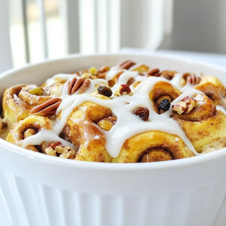 To make the Slow Cooker Cinnamon Roll Casserole, you will need: - 2 cans of refrigerated cinnamon rolls (8 rolls each) - 4 large eggs - 1 cup milk - 1/4 cup maple syrup - 1 teaspoon vanilla extract - 1 teaspoon ground cinnamon - 1/2 teaspoon nutmeg - Icing from cinnamon roll cans (for drizzling) These ingredients create a rich and creamy base. The cinnamon rolls give it a sweet and fluffy texture. The eggs and milk add a nice custard-like feel. You can enhance this dish with some fun add-ins: - 1/2 cup chopped pecans - 1/2 cup raisins Adding nuts gives a nice crunch. Raisins add a bit of sweetness, making every bite exciting. Feel free to mix and match your favorites! If you want to change things up, consider these substitutes: - Use almond milk instead of regular milk for a nutty flavor. - Swap maple syrup for honey or agave syrup for a different sweetness. - Try gluten-free cinnamon rolls to make it gluten-free. These options keep the recipe flexible and fun while still tasting great! Start by greasing your slow cooker with cooking spray. This step helps the casserole come out easily later. Make sure to coat the bottom and sides well. Set the slow cooker aside while you prepare the other ingredients. Next, open the cans of refrigerated cinnamon rolls. Cut each roll into quarters. Place the pieces in a large mixing bowl. In a separate bowl, whisk together four large eggs, one cup of milk, and a quarter cup of maple syrup. Add one teaspoon of vanilla extract, one teaspoon of ground cinnamon, and half a teaspoon of nutmeg. Mix well until everything is combined. Pour this egg mixture over the cinnamon roll pieces. Stir gently to coat all the pieces evenly. If you want, add half a cup of chopped pecans and half a cup of raisins. Fold them gently into the mixture. Now, transfer the mixture into the greased slow cooker. Spread it out evenly with a spatula. Cover the slow cooker and set it to cook on low for two and a half to three hours. You will know it’s done when the center is set and the edges are golden brown. After cooking, turn off the slow cooker and let it sit for about ten minutes. Drizzle the icing from the cinnamon roll cans over the warm casserole. The icing will melt slightly, adding a sweet touch. Serve it warm for a delicious breakfast or dessert. To get the best results, always grease your slow cooker well. This step helps the casserole come out easily. Use cooking spray for this task. Cook your casserole on low heat, as it allows the flavors to blend well. Avoid cooking on high heat; it can lead to uneven cooking. For a soft and fluffy texture, ensure you cut the cinnamon rolls into quarters. This will help them soak up the egg mixture better. You can also gently stir the mixture without crushing the rolls. Letting it sit for 10 minutes after cooking helps set the texture. Serve the casserole warm for the best taste. Drizzle the icing on top while it is still warm. This makes the icing melt slightly and adds flavor. You can also sprinkle some chopped pecans or raisins on top for a nice look. A scoop of vanilla ice cream on the side can make it even more delightful! {{image_2}} You can change the flavor of your casserole easily. Try adding chocolate chips for a sweet touch. You might like adding fresh fruits, like blueberries or strawberries. If you want a twist, use caramel sauce instead of maple syrup. Each choice brings a new taste to your dish. To make this recipe gluten-free, use gluten-free cinnamon rolls. Many brands offer great options. For a vegan version, swap the eggs with flax eggs. Mix one tablespoon of flaxseed with three tablespoons of water. Let it sit until it thickens. Use almond milk or oat milk instead of regular milk. Get creative with your toppings! Add nuts like walnuts or almonds for crunch. Consider drizzling a berry sauce for added sweetness. Instead of the icing, drizzle a simple glaze made of powdered sugar and milk. You could even sprinkle some shredded coconut on top for extra flavor. To keep your cinnamon roll casserole fresh, store it in an airtight container. Make sure it cools down before you seal it. This helps prevent sogginess. You can keep it in the fridge for up to three days. If you want to enjoy it later, freezing is a good option too. When it’s time to eat leftovers, you can reheat them easily. Place a slice in the microwave. Heat it for 20 to 30 seconds at a time. Check if it's warm enough. You can also use the oven. Preheat it to 350°F (175°C) and bake for about 10 minutes. This will help keep the texture nice. If you want to store it longer, freezing works well. Cut the casserole into slices. Wrap each slice tightly in plastic wrap. Then, place them in a freezer-safe bag. This keeps air out and prevents freezer burn. You can freeze it for up to three months. When ready to eat, thaw it in the fridge overnight. Then, reheat as mentioned before. Yes, you can make this casserole ahead. Prepare it the night before. Just mix the cinnamon rolls and egg mixture. Cover the bowl and store it in the fridge. In the morning, pour it into the slow cooker. Cook it as usual. This saves time for busy mornings! The casserole is done when the center is set. The edges should be golden brown. You can check it with a toothpick. Insert it into the center. If it comes out clean, it is ready. If it has liquid, cook it longer. Absolutely! You can use any cinnamon rolls you like. Try flavored rolls like caramel or apple. You can even use gluten-free rolls if needed. Just ensure they fit well in the slow cooker. The flavors mix well with the egg mixture. This casserole pairs well with fresh fruit. Sliced strawberries or bananas add color and taste. You can also serve it with yogurt for creaminess. A drizzle of maple syrup on top gives extra sweetness. It works great as breakfast or dessert! This blog post covered how to make a tasty slow cooker cinnamon roll casserole. We explored key ingredients, helpful cooking steps, and tips to ensure perfect results. You learned about flavor variations and how to store leftovers for later. Remember, you can get creative with ingredients and toppings to suit your taste. Enjoy experimenting with this dish! Simple changes can lead to new favorites. Happy cooking!