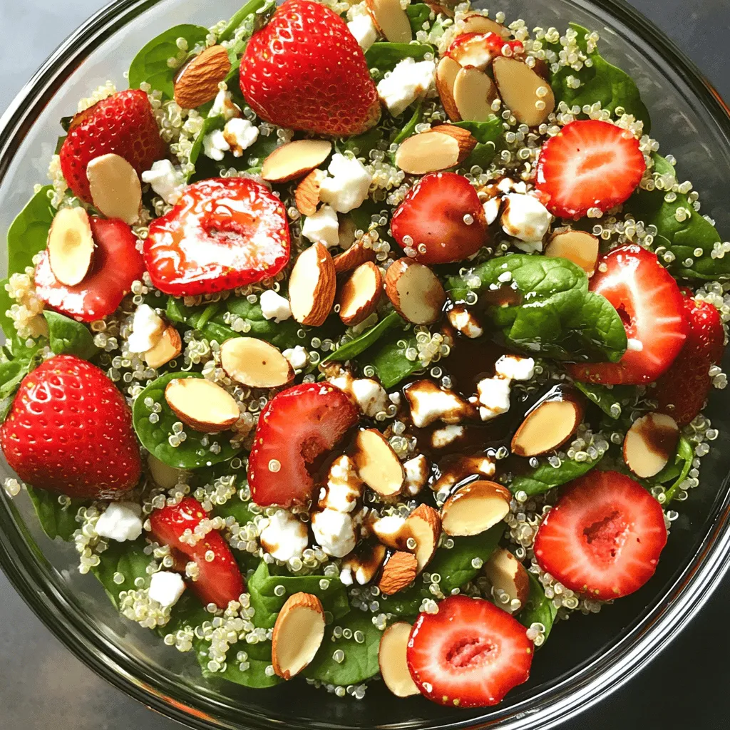 To make a delicious Strawberry Spinach Quinoa Salad, you need fresh and tasty ingredients. Here’s what you will need: - 1 cup quinoa, rinsed - 4 cups fresh baby spinach, washed and dried - 1 cup strawberries, hulled and sliced - 1/2 cup crumbled feta cheese - 1/4 cup sliced almonds, toasted - 1/4 cup red onion, thinly sliced - 1/4 cup olive oil - 2 tablespoons balsamic vinegar - 1 tablespoon honey (or maple syrup for a vegan option) - Salt and pepper to taste Each ingredient plays a key role in this bright and healthy dish. Quinoa brings protein and texture. Baby spinach adds a fresh, crisp taste. Strawberries give sweetness, while feta cheese adds creaminess. Sliced almonds add crunch. Red onion gives a bit of bite. Olive oil and balsamic vinegar create a tasty dressing, while honey balances the flavors. Finally, you can season with salt and pepper to make it perfect. Using fresh, high-quality ingredients makes this salad shine. It is not only easy to prepare but also packed with nutrients. Enjoy creating a salad that is colorful, healthy, and full of flavor! - First, rinse the quinoa under cold water. This helps remove any bitter taste. - In a medium saucepan, add the rinsed quinoa and 2 cups of water. Bring the mix to a boil. - Once boiling, reduce the heat to low. Cover the pot and let it simmer for 15 minutes. The quinoa will be fluffy when done. - After cooking, remove it from heat and let it cool. You can spread it out on a plate for faster cooling. - In a large bowl, combine the cooled quinoa, fresh baby spinach, sliced strawberries, crumbled feta cheese, sliced almonds, and red onion. - In a small mixing bowl, whisk together the olive oil, balsamic vinegar, honey, salt, and pepper. Make sure it is well mixed. - Drizzle the dressing over the salad mixture. Toss gently to combine everything. Ensure all ingredients are evenly coated. - Taste the salad and adjust the seasoning. You can add more salt, pepper, or honey based on your liking. - For a lovely presentation, serve in a large bowl or on individual plates. Garnish with whole strawberries and a sprinkle of toasted almonds. This makes your dish look elegant! Choosing ripe strawberries When you pick strawberries, look for bright red ones. They should smell sweet and feel firm. Avoid berries with green or white spots. If they are too soft, they may be overripe. Picking quality spinach For spinach, choose vibrant green leaves. They should be crisp and free from yellow spots. Fresh spinach has a nice, earthy smell. Always wash the leaves to remove any dirt or grit. Balancing flavors The dressing is key to this salad. Use olive oil for richness and balsamic vinegar for a tangy kick. Honey adds sweetness, but you can swap it for maple syrup for a vegan option. Adjust the salt and pepper to fit your taste. Vegan options for dressing To make this salad vegan, simply use maple syrup instead of honey. This keeps the flavor bright and sweet without animal products. Best accompaniments This salad pairs well with grilled chicken or fish. You can also serve it with crusty bread or a light soup. These options enhance the meal while keeping it fresh. Ingredient substitutions If you want to mix things up, try other fruits like blueberries or apples. You can also swap feta for avocado or nuts. These changes can add new flavors and textures to your salad. {{image_2}} You can change this salad based on what's fresh. Try adding other fruits like blueberries or mangoes. Each fruit brings its own flavor and color. You can also add protein to make it heartier. Grilled chicken or chickpeas work great. They add a nice bite and extra nutrients. If you need gluten-free options, quinoa is a great choice. It is naturally gluten-free and perfect for salads. For those who follow a vegan diet, replace feta cheese with avocado or extra nuts. These options keep the salad creamy and rich. Use maple syrup instead of honey for a sweet touch. To keep your Strawberry Spinach Quinoa Salad fresh, store it in the fridge. Use an airtight container to prevent air and moisture from spoiling it. You can also separate the dressing from the salad to keep the greens crisp. If you mix the dressing in, the salad lasts about 2 days. If kept separate, enjoy it for about 4 days. This salad is best served cold, so reheating is not needed. If you have leftovers and want to serve them, try adding fresh spinach or strawberries to revive the flavors. Just toss everything together and serve right away. It will feel fresh and new! Can I make this salad ahead of time? Yes, you can make this salad ahead of time. Prepare the quinoa and dressing first. Combine everything except the dressing. Store it in the fridge. Just add the dressing before serving. This keeps the salad fresh and crisp. How long does quinoa last once cooked? Cooked quinoa lasts about 5 days in the fridge. Store it in an airtight container. If you notice any smell or mold, it’s best to throw it out. What can I substitute for feta cheese? If you need a substitute for feta cheese, try goat cheese or cottage cheese. For a dairy-free option, use crumbled tofu mixed with a little lemon juice. This keeps the flavor bright and tangy. Caloric value Each serving of this salad has about 250 calories. This is a great option for a light meal or side dish. Key nutrients per serving - Protein: 8g - Fiber: 5g - Vitamin A: 50% of daily value - Vitamin C: 60% of daily value - Calcium: 10% of daily value Adjusting servings for larger groups To serve more people, simply double or triple the recipe. Use 2 cups of quinoa and adjust other ingredients accordingly. This salad is great for parties or potlucks. Tip for portion control For portion control, serve the salad in small bowls. This helps you enjoy the flavors without overindulging. Consider adding a protein like grilled chicken for a balanced meal. This blog post guided you through creating a tasty quinoa salad. We covered every step, from boiling quinoa to selecting the best ingredients. You learned about fresh fruits, perfect dressings, and storage tips. Remember, this salad is flexible; you can swap ingredients to fit your taste. Enjoy this dish at your next meal, knowing it’s healthy and delicious. You can make it ahead or adjust serving sizes easily. Now, get cooking and savor the flavors!
