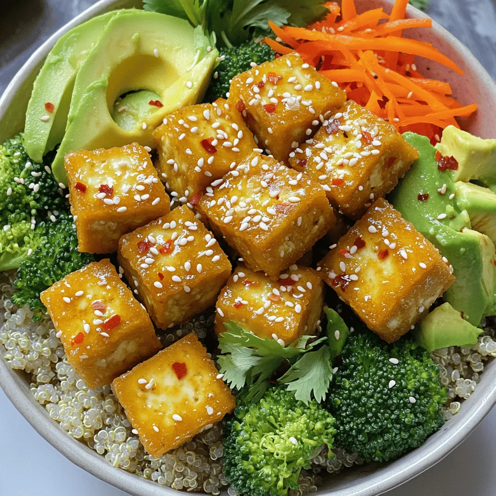- 1 block firm tofu, pressed and cubed - 2 tablespoons cornstarch - 3 tablespoons soy sauce - 1 tablespoon sesame oil - 1 cup quinoa, rinsed and cooked - 1 cup broccoli florets - 1 cup shredded carrots - 1 bell pepper, sliced - 1 avocado, sliced - 2 tablespoons sesame seeds - Fresh cilantro for garnish - Salt and pepper - 1 teaspoon chili flakes for heat Gather these items to create a flavorful, colorful Buddha bowl. The firm tofu gives protein and texture. Cornstarch helps make the tofu crispy. Soy sauce adds a salty kick, while sesame oil brings a rich, nutty flavor. Quinoa serves as a great base, full of nutrients. For the veggies and toppings, I love using bright broccoli florets, crunchy carrots, and sweet bell pepper. Avocado adds creaminess, while sesame seeds and cilantro give a fresh finish. If you like a bit of spice, chili flakes are a perfect touch. This mix of ingredients not only looks good but also tastes amazing. Each bite is a treat! Start by pressing the tofu. This helps remove excess water. Wrap the tofu in a clean towel. Place a heavy object on top for about 15 minutes. Once pressed, cut the tofu into even cubes. Next, toss the cubed tofu in a large bowl with soy sauce. Make sure each piece gets covered. Then, sprinkle cornstarch over the tofu. Toss again to coat each piece evenly. This will make your tofu crispy when baked. Preheat your oven to 425°F (220°C). While it heats, line a baking sheet with parchment paper. Spread the coated tofu cubes on the sheet. Drizzle sesame oil over the tofu for extra flavor. Bake for 25-30 minutes. Halfway through, turn the tofu to ensure even crisping. When done, the tofu should be golden brown and crispy. While the tofu bakes, cook the quinoa. Boil 1 cup of quinoa in 2 cups of water. Cook for about 15 minutes or until the water absorbs. Fluff it with a fork when it is done. For the vegetables, you can steam or sauté them. If steaming, use a steamer or microwave-safe bowl for the broccoli. Steam for about 5-7 minutes until bright green. If sautéing, cook in a pan for 3-4 minutes until just tender. Now it’s time to assemble your Buddha bowl. Start with a base of cooked quinoa in a large bowl or plate. Layer the crispy tofu on top of the quinoa. Next, add the steamed broccoli, shredded carrots, sliced bell pepper, and avocado. Arrange the ingredients artfully for a beautiful presentation. Finally, garnish your bowl. Sprinkle sesame seeds and fresh cilantro on top. If you like spice, add a pinch of chili flakes. Season with salt and pepper to taste before enjoying your meal. To get crispy tofu, start by pressing it well. This helps remove excess moisture. Cut the tofu into cubes and toss them in soy sauce. Then, coat each piece in cornstarch. The cornstarch helps create a nice, crispy texture when baked. For even baking, spread the tofu cubes on a parchment-lined baking sheet. Make sure they are in a single layer. Leave space between the pieces. This allows hot air to circulate around them. Bake at 425°F (220°C) for 25 to 30 minutes. Remember to turn them halfway through for perfect crispiness. Want to add more flavor? Try drizzling extra sauces over your bowl. Some great options include tahini, peanut sauce, or spicy sriracha. You can also make a zesty dressing by mixing lime juice and olive oil. For added depth, sprinkle in some fresh herbs or spices. Cilantro, parsley, or even basil can brighten up your dish. A pinch of smoked paprika or garlic powder adds a warm touch. Feel free to get creative with flavors that you love. A beautiful bowl is all about how you arrange the ingredients. Start with a base of quinoa. Then, artfully layer each vegetable on top. Group similar colors together for a lively look. Using colorful vegetables adds a visual pop. Bright orange carrots, green broccoli, and red bell peppers make the bowl exciting. Don’t forget to add slices of creamy avocado on top. Finish with a sprinkle of sesame seeds for that extra flair. This not only looks great but makes your meal more enjoyable. {{image_2}} You can swap out tofu for other proteins. Tempeh works great as a substitute. It has a nutty taste and firm texture. Chickpeas are another option. They add protein and fiber. You can roast them for extra crunch. You can also try beans, lentils, or edamame. Each brings its own flavor and texture. Mixing different proteins can keep your meals exciting. Quinoa is a popular base, but you can use other grains too. Brown rice is hearty and filling. Farro adds a chewy texture and nutty flavor. Couscous cooks quickly and absorbs flavors well. You can also explore different types of quinoa. Red quinoa adds a colorful twist. Black quinoa has a slightly sweet taste. Each type can change the bowl's look and taste. Using seasonal veggies can enhance your bowl. In spring, add peas or asparagus for freshness. Summer brings zucchini and corn for sweetness. In fall, try roasted sweet potatoes or Brussels sprouts. Winter veggies like kale or root vegetables add warmth. Don't forget about seasonal fruits! Slices of apple or pear can add a sweet crunch. Berries can bring a pop of color and flavor. Mixing fruits and veggies keeps your Buddha bowl vibrant and tasty. To keep your Buddha bowls fresh, follow these steps: - Cool the Bowls: Let the bowls cool to room temperature before storing. - Use Airtight Containers: Place the leftovers in airtight containers. This helps keep them fresh. - Separate Components: Store tofu, quinoa, and veggies in separate containers. This prevents sogginess. - Refrigerate Promptly: Put your bowls in the fridge within two hours. They will stay fresh for about 3-5 days. To enjoy your Buddha bowls again, reheating is key: - Reheat Tofu and Grains: Use the oven or microwave. This keeps the tofu crispy. - Oven Method: Preheat the oven to 350°F (175°C). Spread the tofu and grains on a baking sheet. Heat for about 10-15 minutes. - Microwave Method: Place in a microwave-safe dish. Heat for 1-2 minutes. Stir halfway through to ensure even heating. Following these steps will help you enjoy your delicious Buddha bowls even after the first meal! To make your tofu crispy, start by pressing it. Wrap the tofu in a clean towel and place something heavy on top. This removes excess water. After pressing, cut the tofu into cubes. Next, toss the cubes in soy sauce. Then, coat them with cornstarch. This helps create a nice crust when baked. Finally, bake the tofu at 425°F (220°C) for 25-30 minutes. Turn the tofu halfway through to ensure even crispiness. Yes, you can make Buddha bowls in advance. Cook the quinoa and tofu, then store them in separate containers. Keep your veggies fresh by storing them in airtight bags. When you’re ready to eat, just assemble your bowl. This way, you save time and still enjoy a tasty meal. Buddha bowls can last in the fridge for about 3 days. Tofu is a great source of protein. It contains all nine essential amino acids. It's also low in calories and high in iron and calcium. Eating tofu can help lower cholesterol levels. It may even reduce the risk of heart disease. Plus, tofu is rich in antioxidants. These can help fight inflammation in the body. Including tofu in your diet supports overall health. Yes, this recipe is naturally vegan. All the main ingredients are plant-based. You can easily swap any non-vegan items for vegan ones. For example, use vegetable broth instead of chicken broth if you add it. This makes it suitable for anyone on a vegan diet. Enjoy the same great flavors without any animal products. Absolutely! Buddha bowls are fun to personalize. You can change the veggies based on what you like or what’s in season. Try using sweet potatoes, kale, or cherry tomatoes. For protein, you can swap tofu for tempeh or chickpeas. You can also use different grains like brown rice or farro. The sky's the limit! This article covers making a tasty Buddha bowl with tofu, quinoa, and fresh veggies. We talked about the key ingredients, preparing and cooking steps, and tips for crispy tofu. You learned how to customize your bowl with different proteins and grains. Storing leftovers was also explored to help you enjoy your meal later. Buddha bowls are healthy and fun to make. You can mix flavors and colors to fit your taste. Enjoy your cooking journey and make the bowl your own!
