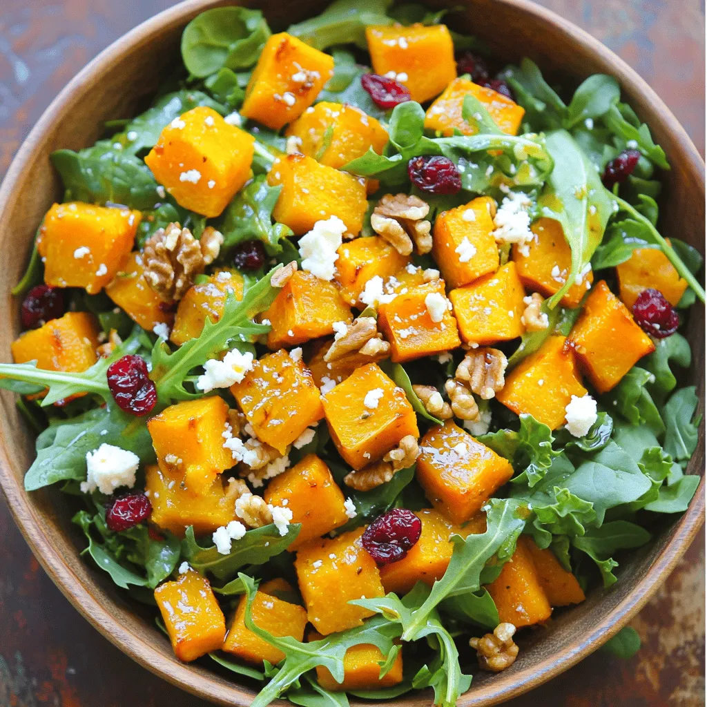 - Butternut squash - Olive oil - Maple syrup - Mixed greens - Dried cranberries - Walnuts - Feta cheese (optional) - Apple cider vinegar - Dijon mustard - Salt and pepper The main star of this salad is the butternut squash. Its sweet taste pairs well with the rich maple syrup. I love using fresh, ripe squash for the best flavor. Next, I add olive oil. It helps to roast the squash and adds a nice depth. A drizzle of maple syrup gives a sweet touch. Mixed greens form the base of this salad. I like a mix of arugula, spinach, and kale for texture. They add crunch and color. Dried cranberries bring in a burst of tartness. They contrast nicely with the sweet squash. Walnuts add a satisfying crunch and healthy fats. If you want, sprinkle feta cheese on top. It adds creaminess and a salty bite. For the dressing, I whisk apple cider vinegar and Dijon mustard. This mixture balances the sweetness of the salad. A pinch of salt and pepper rounds out the flavor. When combined, these ingredients create a salad that is vibrant and full of flavor. Enjoy every bite! - Preheating the oven: Start by preheating your oven to 400°F (200°C). This step is key for a good roast. - Tossing ingredients for roasting: In a large bowl, combine the diced butternut squash with olive oil, maple syrup, cinnamon, salt, and pepper. Mix well until every piece is coated. This helps to bring out the flavor. - Spreading on the baking sheet: Take a baking sheet lined with parchment paper. Spread the squash in a single layer. This ensures even cooking and caramelization. - Roasting time and flipping: Roast the butternut squash for 25-30 minutes. Flip the pieces halfway through. This promotes browning on all sides and creates that tasty caramelized flavor. - Whisking ingredients together: While the squash roasts, prepare your dressing. In a small bowl, whisk together apple cider vinegar, Dijon mustard, salt, and pepper. This dressing adds tang and depth to the salad. - Combining ingredients in a serving bowl: In a large serving bowl, mix the roasted butternut squash with mixed greens, dried cranberries, walnuts, and feta cheese if you choose to add it. This combination offers a nice mix of textures and flavors. - Drizzling and tossing the dressing: Drizzle the dressing over the salad. Gently toss to combine. Make sure everything is coated. This makes each bite full of flavor. To get a nice caramelization on your butternut squash, follow these steps: - Cut Squash Evenly: Make sure all pieces are about the same size. This helps them cook evenly. - Use Enough Oil: Toss the squash well with olive oil. This helps it brown nicely. - Don't Overcrowd the Pan: Spread the squash in a single layer. This allows hot air to circulate. - Flip Halfway: Turning the squash halfway through roasting gives it that golden color. Adjusting seasoning is key to a great flavor. Taste the squash after roasting. If it needs more flavor, add a pinch of salt or a dash of pepper. You can also sprinkle a bit more cinnamon for extra warmth. This salad pairs well with many dishes. Try serving it alongside grilled chicken or roasted turkey. It also goes nicely with quinoa or brown rice for a hearty meal. For serving temperature, I recommend serving the salad warm. The warmth of the squash blends beautifully with the other ingredients. However, you can also enjoy it cold if you prefer. If you want to switch things up, there are great alternatives for walnuts and feta: - Nuts: Try pecans or almonds for a different crunch. - Cheese: Use goat cheese for a tangy twist or skip the cheese for a lighter dish. You can also add different greens to the salad. Spinach, arugula, or even mixed baby greens work great. Other tasty toppings include pumpkin seeds or sliced apples for added texture and flavor. {{image_2}} Adding seasonal vegetables makes this salad more colorful and tasty. Think about using roasted Brussels sprouts or sweet potatoes. They add great flavor and texture. You can also mix in some chopped kale or baby spinach for extra greens. Incorporating fruits can brighten the dish. Try adding slices of apple or pear for a sweet crunch. Pomegranate seeds also work well for a burst of flavor and color. These fruits balance the sweetness of the maple syrup and roasted squash. Different vinaigrette options can change the entire salad. You can use a balsamic vinaigrette for a tangy twist. A honey mustard dressing adds a nice sweetness, too. Just whisk together your chosen ingredients and drizzle it over the salad. Creamy dressing suggestions include yogurt-based dressings or ranch. These can add richness and creaminess to the dish. If you prefer a lighter option, try a tahini dressing for a nutty flavor. Herbs and spices can enhance the taste of your salad. Fresh thyme or sage can bring a fragrant touch. You can also sprinkle in some nutmeg for warmth. These additions can elevate the overall flavor profile. For crunchy toppings ideas, consider adding seeds or crispy chickpeas. Toasted pumpkin seeds or sunflower seeds add texture. You might also want to sprinkle some crispy onions on top for an extra crunch. These toppings make your salad more exciting and satisfying. Store any leftover salad in an airtight container. Keep it in the fridge. It stays fresh for up to three days. The flavors will meld over time, making it even better. For best results, eat the salad cold. The roasted squash is tasty when warm, too. If you prefer warm, reheat it in the oven at 350°F (175°C) for about 10 minutes. Avoid the microwave, as it can make the salad soggy. Prep the butternut squash ahead of time. Roast it and store it separately. Keep the greens and toppings in another container. This helps keep everything fresh and crisp. Assemble the salad just before serving for the best taste. To pick ripe butternut squash, look for a few key traits: - It should have a dull, tan skin. - Avoid ones with shiny or green spots. - Choose a squash that feels heavy for its size. - Look for a firm and smooth surface without blemishes. When you find the right squash, it will offer great flavor and texture. Yes, you can easily make this salad vegan! - Instead of feta cheese, use a vegan cheese option. - For honey, swap it with more maple syrup or agave nectar. These simple swaps keep the salad tasty and plant-based. You have several options if you want to swap maple syrup. - Honey is a common choice, but it's not vegan. - Agave nectar works well and is vegan. - Brown sugar mixed with a bit of water can also work. These sweeteners will still give your salad that lovely touch. The calorie count can vary based on ingredients. Here’s a rough breakdown of key ingredients: - Butternut squash (1 medium): ~82 calories - Olive oil (2 tbsp): ~240 calories - Maple syrup (2 tbsp): ~104 calories - Mixed greens (4 cups): ~20 calories - Dried cranberries (1/2 cup): ~190 calories - Walnuts (1/2 cup): ~400 calories - Feta cheese (optional, 1/4 cup): ~100 calories Altogether, the salad has about 1,186 calories without feta and around 1,286 with it. Divide by servings to find your calorie count per serving! This blog post outlines how to create a delicious maple roasted butternut squash salad. We explored key ingredients like squash, greens, and walnuts, along with a tasty dressing. You learned step-by-step instructions, tips for roasting, and ways to customize the salad. Remember, cooking is fun and creative. Don't hesitate to adjust the ingredients to your taste. Enjoy making this salad, and share it with friends and family. They will love it just as much as you will. Happy cooking!