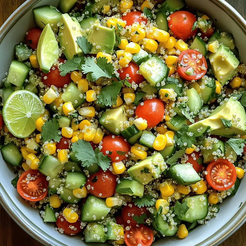 - 1 cup quinoa, rinsed - 1 cup cherry tomatoes, halved - 1 cup cucumber, diced - 1/2 red onion, finely chopped - 1 cup corn (fresh or frozen, thawed) - 1 avocado, diced - 1/3 cup fresh cilantro, chopped The main star of our salad is quinoa. It is a grain high in protein and fiber. This makes it great for a filling meal. I prefer rinsing the quinoa before cooking it. This step helps remove any bitter taste. The vegetables add color and crunch. Cherry tomatoes bring sweetness. Cucumbers add freshness. Red onions give a mild bite. Corn adds a nice pop, and avocado gives creaminess. Fresh cilantro ties it all together with its bright flavor. - Juice of 2 limes - 3 tablespoons olive oil - Salt and pepper to taste The dressing is simple but full of flavor. Lime juice adds tang and brightness. Olive oil gives the salad richness. I always use fresh lime juice for the best taste. Salt and pepper balance the flavors. You can adjust these to your liking. - 1 jalapeño, minced (for a spicy kick) If you like heat, add jalapeño. It gives the salad a spicy twist. Just be careful with the amount. You can always start with a small piece and add more if you want. This salad is easy to customize based on your taste. - First, rinse 1 cup of quinoa under cold water. This helps remove bitterness. - Next, combine the rinsed quinoa with 2 cups of water or vegetable broth in a medium saucepan. - Bring the mixture to a boil over medium-high heat. - Once it boils, reduce the heat to low and cover the pan. - Let it simmer for about 15 minutes until the quinoa absorbs all the liquid. - After cooking, remove from heat and let it sit covered for 5 minutes. - Fluff the quinoa with a fork and allow it to cool to room temperature. - While the quinoa cools, gather your vegetables. - Cut 1 cup of cherry tomatoes in half. - Dice 1 cup of cucumber into small pieces. - Finely chop half a red onion. - If using fresh corn, cut the kernels off the cob. You need 1 cup. - Dice 1 avocado carefully to avoid mush. - In a large mixing bowl, combine the cooled quinoa and all the cut vegetables. - In a small bowl, whisk together the juice of 2 limes, 3 tablespoons of olive oil, salt, and pepper. - If you like spice, add minced jalapeño to the dressing. - Pour the dressing over the quinoa and veggies. - Add 1/3 cup of chopped cilantro and gently toss everything together. - Taste the salad and adjust the seasoning if needed. - Let the salad sit for at least 15 minutes. This helps the flavors blend well. - To achieve fluffy quinoa, rinse it well before cooking. This removes any bitter taste. - Use a ratio of 1 cup quinoa to 2 cups water or broth. Bring it to a boil. - Once it boils, lower the heat and cover the pot. Let it simmer for about 15 minutes. - After cooking, let the quinoa sit covered for 5 minutes. Then fluff it with a fork for the best texture. - For cutting vegetables, use a sharp knife for clean cuts. - Cut cherry tomatoes in half to expose their juicy centers. - Dice cucumbers and avocado into bite-sized pieces for easy eating. - Finely chop the red onion to avoid overwhelming flavors in the salad. - For added flavor, consider mixing in black beans or chickpeas. They add protein and texture. - You can also toss in diced bell peppers or shredded carrots for extra crunch. - If you're a spice lover, include minced jalapeño for a kick. Adjust the amount based on your heat preference. - To balance the lime and seasoning, start with the juice of 2 limes. - Taste the salad before serving. You can always add more lime or salt if needed. - Use high-quality olive oil for the dressing. It enhances the overall flavor of the salad. - Serve the salad in a large, colorful bowl for a vibrant look. - Garnish with extra cilantro leaves for a fresh touch. - Add lime wedges on the side. They make the dish pop visually and offer a zesty aroma. - For individual servings, use small bowls or plates. This makes it easy for guests to enjoy. {{image_2}} You can add protein to your cilantro lime quinoa salad to make it heartier. - Grilled chicken or shrimp gives it a savory, satisfying lift. - Black beans or chickpeas add a nice touch of creaminess and fiber. These options make the salad filling and great for lunch or dinner. Try marinating the chicken or shrimp in lime juice for extra flavor. If you want to switch things up, try using different grains. - Farro or bulgur brings a chewy texture and nutty taste. - Quinoa blends can mix different grains for added depth. These variations keep the salad exciting and can suit your taste. Experimenting with grains lets you customize your dish for any occasion. Change the salad based on what’s in season. - In summer, add fruits like berries or stone fruits for a sweet contrast. - During winter, roasted squash or sweet potatoes warm up the dish. These seasonal swaps make your salad fresh and vibrant all year. You can enjoy it differently with each season's best produce. To store leftovers, place the salad in an airtight container. This keeps it fresh. Use a glass or plastic container with a tight lid. Glass containers work well for quick reheating. Store the salad in the fridge for up to three days. Can you freeze quinoa salad? Yes, you can freeze it! However, it may change texture. To freeze, place the salad in a freezer-safe container. Leave some space at the top for expansion. To thaw, move it to the fridge overnight. When to eat leftovers? Enjoy them within three days for the best taste. Signs of spoilage include a sour smell or slimy texture. If you see any mold or discoloration, it’s best to toss it. Always trust your senses when it comes to food safety. You can pair this salad with many dishes. Here are some great ideas: - Grilled chicken for a protein boost. - Shrimp tacos for a fun twist. - Black beans for added fiber and taste. - A side of tortilla chips for crunch. - Fresh fruit salad to balance the flavors. Each option adds a new layer to your meal. Whether you want something light or hearty, these pairings work well. Yes, you can prepare this salad in advance. Here are some tips for meal prep: - Cook the quinoa and let it cool. - Chop the veggies a day before serving. - Mix the salad a few hours ahead. - Store it in the fridge for the best flavor. Making it ahead saves time and allows the flavors to blend. Yes, cilantro lime quinoa salad is gluten-free. Quinoa is a seed, not a grain. It does not contain gluten, making it safe for those with gluten sensitivities. You can enjoy this salad without worry. This blog post covered how to make a tasty cilantro lime quinoa salad. We explored the main ingredients, including quinoa, fresh veggies, and herbs. You learned how to cook quinoa and prepare the salad step by step. We also shared tips for flavor, presentation, and different variations. In closing, this salad is easy to customize and store. Feel free to try your favorite proteins and seasonal veggies. Enjoy your healthy meal, and know that making food like this can be fun and rewarding!