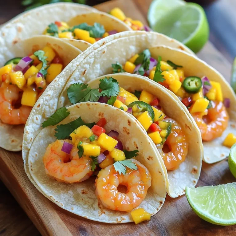 - 1 lb large shrimp, peeled and deveined - 1 ripe mango, diced - 1 small red onion, finely chopped - 1 red bell pepper, diced - 1 jalapeño, deseeded and minced - 2 tablespoons olive oil - 1 tablespoon lime juice - 1 teaspoon chili powder - 1/2 teaspoon cumin - Salt and pepper to taste - 8 small corn tortillas - Fresh cilantro, for garnish - Lime wedges, for serving To make these tacos, I focus on fresh, vibrant ingredients. Large shrimp are key. They soak up flavors well and cook quickly. A ripe mango adds sweetness and bright color. I always pick a mango that feels slightly soft to the touch. Red onion gives a nice crunch. I chop it finely to ensure it blends well. A red bell pepper adds more sweetness and color. The jalapeño gives a spicy kick. I remove the seeds to control the heat. For seasonings, olive oil keeps everything moist. Lime juice brightens the dish. Chili powder and cumin add warmth and depth. I season with salt and pepper to taste, bringing all the flavors together. Don't forget the corn tortillas. They are the base for the tacos. I like to warm them up for better flavor. Fresh cilantro makes a great garnish, adding a fresh note. Lime wedges on the side enhance the taste with each bite. To start, we marinate the shrimp. In a bowl, mix the shrimp with 1 tablespoon of olive oil, lime juice, chili powder, cumin, salt, and pepper. Toss the shrimp to coat evenly. Let the shrimp sit for 15 minutes. This lets the spices soak in. Next, we cook the shrimp. Heat a skillet over medium-high heat. Once hot, add the marinated shrimp. Cook them for about 2-3 minutes on each side. They should turn pink and opaque. This means they’re ready to eat! While the shrimp marinates, we make the mango salsa. In a separate bowl, combine the diced mango, chopped red onion, diced bell pepper, and minced jalapeño. Add the remaining tablespoon of olive oil to the mix. Season with a pinch of salt. This salsa adds a fresh and fruity taste to the tacos. Set it aside for later. Now it’s time to assemble the tacos. First, warm the corn tortillas. You can do this in a dry skillet or microwave until they’re soft. Next, layer the shrimp on each tortilla. Add a generous spoonful of mango salsa on top. Finish with fresh cilantro for a pop of flavor. Serve with lime wedges on the side. Squeeze the lime over the tacos for extra zest! Enjoy your tasty creation! To choose fresh shrimp, look for firm and shiny shells. They should smell like the ocean, not fishy. When cooking, keep the shrimp on medium-high heat. This gives them a nice sear and keeps them juicy. Cook them for about 2-3 minutes on each side. They should turn pink and opaque when done. This will give you the best texture. You can add extra ingredients to your salsa for more flavor. Diced avocado adds creaminess. You can also mix in some lime zest for zing! If you want more heat, try adding more jalapeño or a pinch of cayenne pepper. Adjust the spice level to what you like best. This makes the tacos perfect for your taste. These tacos go well with simple side dishes. Try serving them with a fresh salad or corn on the cob. For drinks, cold beer or a light margarita pairs nicely. You can also serve iced tea or sparkling water with lime. These drinks will balance the spicy shrimp and sweet mango. {{image_2}} You can swap shrimp for other proteins. Fish works great in tacos. Try tilapia or mahi-mahi for a mild taste. Chicken is another good option. Use grilled or shredded chicken for a hearty bite. Tofu offers a nice, plant-based choice. It soaks up flavors well, making it tasty. For a plant-based taco filling, use black beans or lentils. They add protein and fiber. You can also try grilled vegetables. Bell peppers, zucchini, and corn work well together. For a vegan version, skip the shrimp and use tofu. Season it like the shrimp for a similar flavor. This way, everyone can enjoy the tacos. Customizing the spice level is easy. Add more jalapeño for heat or use a milder pepper if desired. You can also adjust the chili powder to suit your taste. If you want to try different fruit salsas, mango is not the only option. Pineapple or peach salsa adds a sweet twist. Each fruit brings its own unique flavor, making your tacos fun and fresh. To keep your shrimp and salsa fresh, follow these steps: - Place leftover shrimp in an airtight container. - Store the mango salsa in a separate container. - Keep both in the fridge. They will stay fresh for up to two days. - Avoid storing assembled tacos. The tortillas will get soggy. When you're ready to enjoy your leftovers, here’s how to reheat them: - Heat shrimp in a skillet over medium heat. Cook for about two minutes until warm. - For tortillas, warm them in a dry skillet for about 30 seconds on each side. - You can also microwave the tortillas in a damp paper towel for about 15 seconds. You can freeze the shrimp, but not the tacos. Here’s how: - Place cooked shrimp in a freezer-safe bag. - Remove as much air as possible before sealing. - Freeze for up to three months. - To use, thaw shrimp in the fridge overnight. Reheat before serving. To pick the best shrimp, look for a few key signs. Fresh shrimp should smell like the ocean, not fishy. The shells should be shiny and firm. Avoid shrimp with black spots or a slimy touch. If you buy frozen shrimp, choose ones that are well-packaged with no ice crystals. Always ask the fishmonger about the source and when it arrived. Yes, you can prep parts in advance. Marinate the shrimp and make the mango salsa a few hours before serving. Store them separately in the fridge. Warm the shrimp and tortillas right before you eat. This keeps the flavors fresh and bright. You can also set out toppings like cilantro and lime for guests to add. Avoid overcooking shrimp. It cooks fast, usually in 2-3 minutes per side. If they turn rubbery, you’ve cooked too long. Also, don’t skip the marinade. It adds flavor and helps with cooking. Lastly, ensure your skillet is hot before adding shrimp. This helps them sear nicely and get that great texture. Spicy Mango Shrimp Tacos are a bright, flavorful dish that's easy to make. We covered the best ingredients, step-by-step prep, and tips for success. You can try different proteins and customize your flavor too. Storing leftovers is simple, and reheating keeps them tasty. With these skills, you can enjoy delicious tacos any time. Remember, cooking should be fun, so don’t hesitate to experiment. Enjoy your taco-making journey!