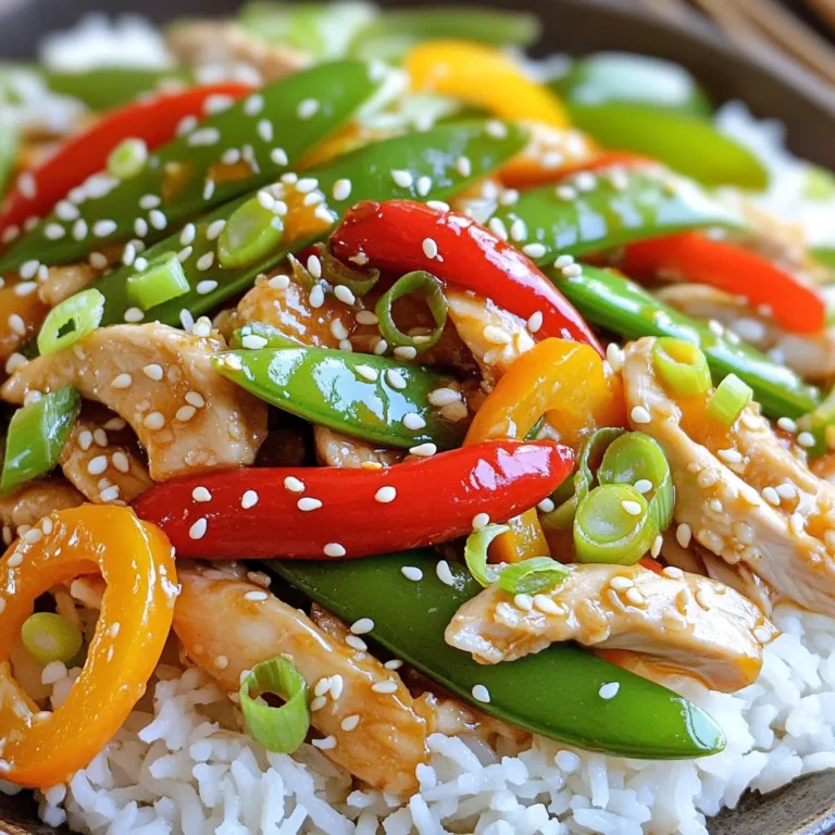 - 500g chicken breast, thinly sliced - 1 tablespoon olive oil - 4 garlic cloves, minced - 1 red chili, sliced (adjust to taste) - 1 bell pepper (red or green), sliced - 1 cup snap peas - 3 tablespoons soy sauce (low sodium) - 1 teaspoon sesame oil - 1 tablespoon honey - Salt and pepper to taste - Cooked rice or noodles (for serving) To make this dish, you need a few tools: - A large frying pan or wok - A sharp knife - A cutting board - Measuring spoons - A small bowl for mixing You can swap some ingredients if needed. Here are a few ideas: - For chicken, try tofu or shrimp. - Use vegetable oil if you don’t have olive oil. - If you can't find snap peas, green beans work well. - Honey can be replaced with maple syrup for a vegan option. - Soy sauce can be swapped with tamari for a gluten-free option. These swaps keep the dish tasty and fun! 1. Gather your ingredients. You need chicken, garlic, chili, bell pepper, snap peas, soy sauce, sesame oil, honey, salt, and pepper. 2. Slice the chicken. Cut the chicken breast into thin strips. This helps it cook quickly. 3. Mince the garlic. Chop the garlic cloves finely. This adds great flavor. 4. Slice the chili and bell pepper. Cut the red chili and bell pepper into thin slices. Adjust the chili based on your spice level. 5. Prep snap peas. Rinse them and set them aside. 1. Heat the pan. Use a large frying pan or wok. Add olive oil and warm it over medium-high heat. 2. Add garlic and chili. Stir them in the hot oil for about 30 seconds. This brings out their aroma. 3. Cook the chicken. Turn the heat to high. Add the chicken strips and stir-fry for 4-5 minutes. Look for a golden-brown color. 4. Add veggies. Toss in the bell pepper and snap peas. Stir-fry for another 2-3 minutes. The vegetables should be bright and tender. 5. Prepare the sauce. In a small bowl, mix soy sauce, sesame oil, and honey. 6. Combine everything. Pour the sauce over the chicken and veggies. Stir well and cook for an extra 1-2 minutes. 7. Season it. Add salt and pepper to taste. - Serve hot. Place the stir fry over cooked rice or noodles. - Add garnishes. Top it with sesame seeds and sliced green onions. This adds a fresh touch. - Enjoy! This meal is quick, tasty, and colorful. Perfect for any night! To enhance the taste of your Garlic Chili Chicken Stir Fry, consider these tips: - Use fresh garlic: Fresh garlic gives a strong flavor. Avoid pre-minced garlic. - Adjust the chili: Add more red chili for extra heat or use milder peppers for a gentle taste. - Add herbs: Fresh cilantro or basil can add a fresh twist at the end. - Incorporate citrus: A squeeze of lime or lemon can brighten the dish. Here are some common pitfalls to watch out for: - Overcrowding the pan: Cook in batches if necessary. This keeps the chicken juicy. - Cooking on low heat: High heat helps to sear the chicken quickly. This keeps it tender. - Not seasoning properly: Taste as you go and adjust salt and pepper carefully. Use these methods for the best results: - Stir-frying: Keep the food moving in the pan. This ensures even cooking. - Preheat the pan: Make sure your pan or wok is hot before adding oil. This helps to prevent sticking. - Cut ingredients evenly: Slice chicken and veggies in similar sizes for uniform cooking. {{image_2}} You can make a tasty vegetarian version of this dish. Replace chicken with tofu or tempeh. Use 500g of firm tofu, cut into cubes. Cook it until golden brown. This swap keeps the stir fry filling and delicious. You can follow the same steps in the recipe, just use the tofu. It absorbs the flavors well. Adjust the heat to fit your taste. For a spicy dish, add more chili. Use two or three red chilies for a nice kick. If you prefer mild food, skip the chili or use a pinch of red pepper flakes. You can also add sweet bell peppers for flavor without the heat. This way, everyone can enjoy it. You can mix in other veggies for more color and texture. Try adding broccoli, carrots, or zucchini. Chop them into small pieces to cook evenly. Green beans or baby corn are great options too. Feel free to get creative with your favorite vegetables! Just remember to keep the cooking time short to keep them crisp. To keep your Garlic Chili Chicken Stir Fry fresh, use an airtight container. Allow the dish to cool before storing. Place it in the fridge within two hours of cooking. It stays good for about three days. Make sure to separate rice or noodles if you have leftovers. This helps keep everything fresh and tasty. When you're ready to enjoy leftovers, reheat the stir fry on the stovetop. Use medium heat in a skillet. Stir often to heat it evenly. This usually takes about 5 to 7 minutes. If you prefer the microwave, heat it in a bowl for 1 to 2 minutes. Stir halfway through to avoid cold spots. If you want to save some for later, freezing is a great option. Store the stir fry in a freezer-safe container. Make sure to remove as much air as possible to prevent freezer burn. It will last up to three months in the freezer. When you’re ready to eat, thaw it in the fridge overnight before reheating. This keeps the flavors intact and makes it easy to enjoy again. It takes only 15 minutes to make Garlic Chili Chicken Stir Fry. You can prepare and cook this dish in just five minutes. The stir-frying process takes about 10 minutes. So, if you're in a hurry, this dish is perfect for you. Yes, you can use other proteins. Try beef, shrimp, or tofu for a tasty twist. Each protein may need different cooking times. For beef, cut it thinly and cook for about 3-4 minutes. For shrimp, cook until they turn pink, around 2-3 minutes. Tofu should be crispy and golden for the best flavor. Garlic Chili Chicken Stir Fry tastes great with rice or noodles. You can serve it over white or brown rice. For a lighter option, use zucchini noodles or whole grain noodles. A side salad or steamed broccoli also makes a good match. These sides balance the spicy and savory flavors of the stir fry. This blog post covered all you need for Garlic Chili Chicken Stir Fry. We discussed the key ingredients, tools, and substitutions to simplify your cooking. I shared step-by-step instructions to guide you through preparation and cooking. Useful tips helped avoid common mistakes and added flavor. Variations let you adapt the dish for different diets. Lastly, I provided storage techniques, reheating info, and answers to your frequently asked questions. You now have everything to create a delicious stir fry. Enjoy experimenting in the kitchen!