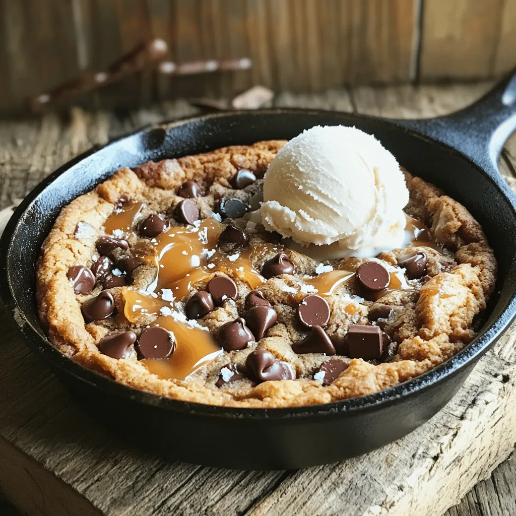 To make the Caramel Chocolate Chip Skillet Cookie, you will need: - 1 cup unsalted butter, softened - 1 cup brown sugar, packed - 1/2 cup granulated sugar - 2 large eggs - 2 teaspoons vanilla extract - 2 1/4 cups all-purpose flour - 1 teaspoon baking soda - 1/2 teaspoon salt - 1 cup semi-sweet chocolate chips - 1/2 cup caramel bits (or soft caramel candies, chopped) - Sea salt for sprinkling If you find yourself missing an ingredient, don’t worry! Here are some swaps: - Use coconut oil instead of butter for a dairy-free option. - You can replace brown sugar with white sugar and a bit of molasses. - For eggs, try using flaxseed meal mixed with water (1 tablespoon flaxseed + 3 tablespoons water = 1 egg). - Substitute regular flour with gluten-free flour if needed. Not all brands are created equal. Here are my top picks: - For butter, I recommend Land O'Lakes for its rich flavor. - Use Domino for brown sugar; it’s always reliable. - Ghirardelli is my go-to for semi-sweet chocolate chips. - For caramel bits, I love Werther’s Original; they melt beautifully. These ingredients come together to create a delicious, gooey cookie that will impress anyone! First, gather your ingredients. You will need: - 1 cup unsalted butter, softened - 1 cup brown sugar, packed - 1/2 cup granulated sugar - 2 large eggs - 2 teaspoons vanilla extract - 2 1/4 cups all-purpose flour - 1 teaspoon baking soda - 1/2 teaspoon salt - 1 cup semi-sweet chocolate chips - 1/2 cup caramel bits (or soft caramel candies, chopped) - Sea salt for sprinkling Next, preheat the oven to 350°F (175°C). In a large bowl, cream the softened butter with brown and granulated sugar until it’s light and fluffy. This step is key for a soft cookie. Now, add the eggs one by one. Mix well after each egg. Add the vanilla extract and mix until combined. In another bowl, whisk the flour, baking soda, and salt. Gradually add this dry mix to the wet ingredients, stirring until just combined. Fold in the chocolate chips and caramel bits. Make sure they are evenly spread in the dough. Transfer the cookie dough into a well-greased or parchment-lined cast-iron skillet. Spread it evenly using a spatula. Place it in the oven and bake for 25-30 minutes. Look for golden edges and a soft center. It’s okay if the center feels a bit underbaked. Once baked, remove the skillet from the oven. Let it cool for about 10 minutes in the skillet. This helps the cookie set up a bit more. Before serving, sprinkle a pinch of sea salt on top. This adds a nice flavor contrast. For a special treat, serve it warm with a scoop of vanilla ice cream. Enjoy every bite of this caramel chocolate chip skillet cookie! To get that perfect cookie texture, you must cream the butter and sugars well. This makes a light and fluffy dough. Always use softened butter, not melted. It helps keep the cookie thick. Do not overmix the dough once you add the flour. Mix until just combined to keep it soft. One common mistake is baking at the wrong temperature. Make sure your oven is preheated to 350°F. Another mistake is not measuring your ingredients correctly. Use measuring cups and spoons. Too much flour can make the cookie dry. Also, don’t skip the sea salt sprinkle on top. It adds a nice flavor boost. A cast-iron skillet is the best tool for this recipe. It gives even heat and a great crust. Use a large mixing bowl for easy mixing. A rubber spatula is perfect for folding in the chocolate chips and caramel bits. Lastly, an oven thermometer can help you check if your oven is accurate. {{image_2}} You can make this skillet cookie your own. Try adding nuts, like walnuts or pecans, for a crunch. You can mix in dried fruit, like cranberries or cherries, for a tangy twist. Swap out semi-sweet chocolate chips for dark chocolate or white chocolate. You can even add a splash of espresso powder for a coffee flavor. To make this recipe gluten-free, use a gluten-free flour blend instead of all-purpose flour. For a vegan option, replace the butter with coconut oil and use flax eggs instead of regular eggs. You can mix one tablespoon of ground flaxseed with three tablespoons of water to make one flax egg. Check the chocolate chips; choose dairy-free ones for a fully vegan dish. The size of your skillet will change the baking time. If you use a smaller skillet, the cookie will be thicker. It might need a little more time in the oven. A larger skillet will spread the dough thinner, so check it a bit sooner. Always watch for golden edges and a soft center to get the best cookie. To keep your caramel chocolate chip skillet cookie fresh, let it cool first. Once cooled, cover it with plastic wrap or foil. You can also place it in an airtight container. Store it at room temperature for up to three days. If you want to keep it longer, move it to the fridge. It can last up to a week there. If you want to freeze your skillet cookie, let it cool completely. Cut it into slices for easy serving. Wrap each slice in plastic wrap. Place the wrapped slices in a freezer-safe bag. Squeeze out the air before sealing. You can freeze it for up to three months. Just remember to label the bag with the date. To reheat, you can use your oven or microwave. For the oven, preheat it to 350°F (175°C). Place the cookie in the oven for about 10 minutes. This warms it up and keeps it soft. If using a microwave, warm a slice for 15 to 20 seconds. Be careful not to overheat it, as it can get tough. Enjoy your warm, gooey slice! Yes, you can use different types of chocolate. Dark chocolate or milk chocolate work well. You can also mix chocolate types for a fun twist. Just remember, the taste will change a bit. Dark chocolate adds a rich flavor, while milk chocolate is sweeter. To check if the cookie is done, look at the edges. They should be golden brown. The center may still look soft but should not be wet. You can also use a toothpick. If it comes out mostly clean, your cookie is ready. Let it cool for a few minutes before serving. Yes, you can make this recipe ahead of time. Prepare the dough and place it in the skillet. Cover it and store it in the fridge for up to 24 hours. When ready to bake, let it sit at room temperature for 10 minutes. Then, bake as normal. This makes it easy for last-minute treats! You learned about key ingredients, their best brands, and fun swaps. We explored step-by-step how to bake and serve perfect cookies. I shared tips on texture, tools, and common mistakes. You also found delicious variations and how to store your treats. Remember, great cookies aren't just about the recipe. They’re about using quality ingredients and enjoying the process. With these steps, you can create perfect cookies every time. Happy baking!