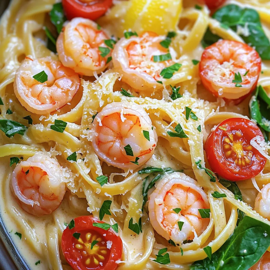 For this dish, gather the following ingredients: - 12 oz. linguine or spaghetti - 1 lb. large shrimp, peeled and deveined - 4 cloves garlic, minced - 2 tablespoons olive oil - 1 cup heavy cream - 1 cup low-sodium chicken broth - 1 lemon (zest and juice) - 1 cup cherry tomatoes, halved - 1 cup spinach leaves - 1/2 cup grated Parmesan cheese - Salt and pepper to taste - Fresh parsley, chopped (for garnish) You can adjust the ingredients for your taste. Use whole wheat pasta for more fiber. If you want a lighter dish, try half-and-half instead of heavy cream. You can also swap shrimp for chicken or tofu if you prefer. If you have fresh herbs, feel free to use them in place of parsley. To make this dish, you need a few key tools: - A large pot or deep skillet - A wooden spoon or spatula - A lemon zester or grater - A cutting board and knife - Measuring cups and spoons These items help you cook the pasta, sauté the shrimp, and combine all the flavors together easily. Start by gathering all your ingredients. You need: - 12 oz. linguine or spaghetti - 1 lb. large shrimp, peeled and deveined - 4 cloves garlic, minced - 2 tablespoons olive oil - 1 cup heavy cream - 1 cup low-sodium chicken broth - 1 lemon (zest and juice) - 1 cup cherry tomatoes, halved - 1 cup spinach leaves - 1/2 cup grated Parmesan cheese - Salt and pepper to taste - Fresh parsley, chopped (for garnish) Next, measure out everything. This makes cooking smooth and easy. Heat the olive oil in a large pot over medium heat. Add the minced garlic and sauté it. Cook for about 1 minute or until it smells good. Be careful not to burn the garlic. Now, add the shrimp to the pot. Season it with salt and pepper. Cook for 2-3 minutes until the shrimp turns pink. Once done, remove the shrimp and set it aside. In the same pot, pour in the chicken broth, heavy cream, lemon zest, and lemon juice. Stir this mixture well. Bring it to a gentle simmer. Add the linguine or spaghetti directly into the pot. Cook it according to the package instructions, usually 9-11 minutes. Stir occasionally. The pasta should be al dente and soak up some sauce. Once the pasta is done, mix in the cherry tomatoes, spinach, and cooked shrimp. Add the grated Parmesan cheese too. Stir to combine everything. Let the spinach wilt for about 1-2 minutes. Taste your dish. Adjust the flavor with more salt, pepper, or lemon juice if needed. Serve the pasta hot. Garnish it with freshly chopped parsley for a nice touch. Enjoy your creamy lemon garlic shrimp pasta! To make your One-Pot Creamy Lemon Garlic Shrimp Pasta even creamier, use a mix of heavy cream and cream cheese. Cream cheese adds a rich texture and flavor. Start with one cup of heavy cream, then add half a cup of softened cream cheese. Stir them together until smooth. This blend creates a velvety sauce that hugs the pasta perfectly. For the best flavor and texture, use large, fresh shrimp. Look for shrimp that are firm and have a slight sheen. If fresh shrimp is not available, frozen shrimp works well too. Just remember to thaw them before cooking. Peeled and deveined shrimp save time and make cooking easier. They absorb the flavors of the dish, giving you a great taste. To elevate your dish, consider adding a pinch of red pepper flakes for heat. A dash of smoked paprika also adds depth. For a fresh touch, mix in fresh herbs like basil or dill at the end. You can also squeeze in more lemon juice for a brighter flavor. Taste as you go, and adjust the seasoning with salt and pepper as needed. Remember, these little changes can make a big impact! {{image_2}} You can easily make this dish vegetarian. Instead of shrimp, use mushrooms or zucchini. They add great texture. You can use the same spices and sauce. Just sauté the veggies until they are tender. This keeps the creamy lemon garlic flavor. You will still enjoy a hearty and tasty meal! To make this pasta gluten-free, swap the linguine or spaghetti for gluten-free pasta. Many brands offer great options that hold up well in sauce. Cook it just like regular pasta. The sauce will still be creamy and delicious. Enjoy this meal without any gluten worries! You can boost the dish's texture with fun add-ins. Try adding peas or asparagus. They cook quickly and add a pop of color. Cook them in the same pot as the pasta. You can also toss in some nuts, like pine nuts or walnuts, for crunch. These simple changes make your dish even more exciting! To keep your One-Pot Creamy Lemon Garlic Shrimp Pasta fresh, place it in an airtight container. Make sure it cools down before sealing. Store it in the fridge for up to three days. This will help keep the flavors intact. If you have a lot left over, consider dividing it into smaller portions. This way, you can enjoy it at different times. When you're ready to enjoy your leftovers, reheat them on the stove. Place the pasta in a pan over low heat. Add a splash of chicken broth or cream to keep it creamy. Stir often until it warms up. You can also microwave it in a bowl. Cover it with a damp paper towel to prevent drying out. Heat for 1-2 minutes, checking halfway through. If you want to save some for later, freezing is a great option. First, let the pasta cool completely. Then, transfer it to a freezer-safe container. Make sure to leave some space for expansion. You can freeze it for up to three months. When you're ready to eat, thaw it in the fridge overnight. Reheat it as mentioned above for the best taste. Yes, you can use frozen shrimp. Just thaw them first. To do this, place the shrimp in a bowl of cold water for about 15-20 minutes. Once thawed, pat them dry before cooking. Using frozen shrimp can save time and still give you tasty pasta. You can use half-and-half or whole milk for a lighter option. For a dairy-free choice, try coconut milk or cashew cream. Both options will change the flavor a bit. Adjust seasonings as needed to keep the dish delicious. Shrimp cook fast, usually in 2-3 minutes. They turn pink and opaque when done. Another good sign is if they curl into a "C" shape. Avoid overcooking, or they will become tough. Keep an eye on them for the best results. This blog post covered how to create a delicious shrimp dish. We discussed the main ingredients, measurements, and the tools needed. The step-by-step instructions made cooking easy and fun. You learned tips for creamy textures and seasoning options. Variations let you enjoy this meal your way. Finally, we addressed storage methods and answered some common questions. Cooking shrimp can be simple and rewarding. With these tips, you’ll impress anyone at the table. Enjoy your cooking journey!