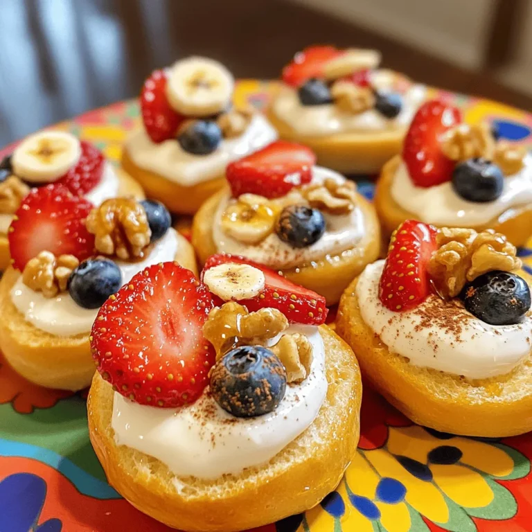 - 4 mini bagels, split in half - 1 cup Greek yogurt - 2 tablespoons honey - 1 teaspoon vanilla extract - 1/4 teaspoon cinnamon - Fresh fruits (strawberries, blueberries, sliced bananas) - Chopped nuts (walnuts, almonds) - Optional toppings (chia seeds, coconut flakes, granola) To make Greek yogurt bagel bites, you first need the right ingredients. Start with 4 mini bagels. These little bagels are perfect for a quick snack or breakfast. You split them in half so they are easy to top. Next, grab 1 cup of Greek yogurt. This yogurt adds creaminess and protein. To sweeten it up, add 2 tablespoons of honey. Honey gives the bites a nice touch of sweetness. For some extra flavor, you will need 1 teaspoon of vanilla extract and 1/4 teaspoon of cinnamon. These two ingredients will make your yogurt mixture taste amazing. Now, for the toppings! You can use fresh fruits like strawberries, blueberries, or sliced bananas. They add color and freshness. Chopped nuts like walnuts or almonds give a nice crunch. If you want to get creative, you can also use optional toppings like chia seeds, coconut flakes, or granola. These toppings can make your bagel bites even better! With these ingredients, you are ready to create a tasty breakfast treat that everyone will love! - Preheat the oven to 350°F (175°C). - Arrange split mini bagel halves on a baking sheet. First, I set my oven to 350°F. This helps the bagels warm up just right. Next, I take my mini bagels and split them in half. I place them cut side up on a baking sheet. I like using parchment paper here. It makes cleanup easy. - Combine Greek yogurt, honey, vanilla extract, and cinnamon. - Stir until well blended. Now, I grab a bowl and combine one cup of Greek yogurt, two tablespoons of honey, one teaspoon of vanilla extract, and a quarter teaspoon of cinnamon. I mix it all together until it looks nice and smooth. The yogurt mixture adds a creamy taste that pairs perfectly with the bagels. - Spread yogurt mixture over each bagel half. - Add fresh fruits and sprinkle chopped nuts. - Bake for 10-12 minutes. Next, I spread the yogurt mixture over each bagel half. I want a nice, thick layer. After that, I top each one with fresh fruits. Strawberries, blueberries, and sliced bananas are my favorites. Then, I sprinkle some chopped nuts on top for crunch. Finally, I bake them in the oven for about 10 to 12 minutes. They will be warm and a little crisp. Once out of the oven, I let them cool for a minute before enjoying this tasty breakfast treat! How to ensure bagels don't get soggy To keep your bagels from getting soggy, do not over-saturate them with the yogurt mix. Spread just enough to coat each half. Use a thin layer of yogurt. This helps them stay crisp. Also, bake them on a parchment-lined tray. This allows heat to circulate and keeps the bottoms dry. Baking time adjustments for desired crispness Bake your bagel bites for about 10-12 minutes. If you want them crispier, add 1-2 minutes. Keep an eye on them as they bake. The edges should turn golden brown for the perfect crunch. Best ways to present Greek yogurt bagel bites For a beautiful display, arrange the bagel bites on a colorful platter. Drizzle extra honey on top for a sweet touch. Add mint leaves for a pop of color. This makes the dish look fresh and inviting. Pairing options for beverages Pair your bagel bites with a refreshing drink. A glass of cold milk or a cup of herbal tea works well. You can also serve them with fresh juice. This makes a tasty breakfast or snack combo. Health advantages of Greek yogurt Greek yogurt is a great source of protein. It helps build muscle and keeps you full longer. It also contains probiotics, which aid digestion and boost gut health. Plus, it has less sugar than regular yogurt. Why choose mini bagels over regular ones Mini bagels are a smart choice for portion control. They let you enjoy the taste without eating too much. They can easily fit into your hand for a quick snack. Plus, kids love their fun size! {{image_2}} You can mix and match fruits for your bagel bites. Strawberries, blueberries, and sliced bananas work great. These fruits add color and flavor. You can also use flavored Greek yogurt. It can make your bagel bites even tastier. Try vanilla, honey, or berry flavors to change things up. If you need a gluten-free option, look for gluten-free mini bagels. They taste just as good. You can also swap Greek yogurt for a non-dairy yogurt. Almond, coconut, or soy yogurts work well. This way, everyone can enjoy them. You can create sweet or savory bagel bites. For savory bites, add toppings like avocado or smoked salmon. This adds a rich, creamy flavor. For sweet bites, try chocolate spread or nut butter. These options are perfect for a treat any time of day. To store leftover bagel bites, let them cool first. Then, place them in a sealed container. Keep them in the fridge. They will stay fresh for up to three days. To keep toppings fresh, store fruits separately. Use small containers for fruits and nuts. This keeps them from getting soggy. You can add them just before serving. Yes, you can freeze Greek yogurt bagel bites! First, let them cool completely. Wrap each bagel bite in plastic wrap. Place them in a freezer bag. They will last for up to two months in the freezer. To reheat after freezing, take them out and let them thaw in the fridge overnight. Preheat your oven to 350°F (175°C). Bake them for about 10 minutes. This warms them up nicely and brings back the crispness. In the fridge, Greek yogurt bagel bites last for about three days. After that, they may lose texture and flavor. Watch for signs of spoilage. If you see mold or an off smell, throw them away. Freshness is key to enjoying these tasty treats! To make Greek yogurt bagel bites, follow these steps: 1. Preheat the oven to 350°F (175°C). 2. Split the mini bagels in half and place them on a baking sheet lined with parchment paper. 3. Mix 1 cup of Greek yogurt, 2 tablespoons of honey, 1 teaspoon of vanilla extract, and 1/4 teaspoon of cinnamon in a bowl. Stir it well. 4. Spread the yogurt mixture over each bagel half. Make sure to cover them nicely. 5. Add your favorite toppings. Top with fresh fruits and sprinkle chopped nuts on each bagel. 6. Bake in the oven for about 10-12 minutes, until they are warm and slightly crispy. 7. Cool for a minute before serving. This simple process lets you enjoy a tasty treat in no time! Yes, you can prepare Greek yogurt bagel bites ahead of time. Here’s how: - Prep the bagels: You can split the bagels and store them in an airtight container. - Make the yogurt mixture: Prepare the yogurt mix and keep it in the fridge. This keeps it fresh. - Add toppings later: Wait to add fresh fruits and nuts until you are ready to bake. This keeps them crunchy. By prepping ahead, you save time in the morning! There are many delicious toppings you can use for Greek yogurt bagel bites. Here are some popular ideas: - Fresh fruits: Strawberries, blueberries, and sliced bananas are great choices. - Chopped nuts: Walnuts and almonds add a nice crunch. - Optional toppings: Try chia seeds, coconut flakes, or granola for extra flavor and texture. Feel free to mix and match your favorite toppings to make them your own! These Greek yogurt bagel bites are quick to make and fun to eat. You split mini bagels, layer on a yogurt mix, and add fruits and nuts for crunch. Try different flavors or toppings to match your taste. Store leftovers wisely to keep them fresh longer. Whether sweet or savory, these bites bring joy to any meal. You now have everything to make delicious bagel bites that satisfy!