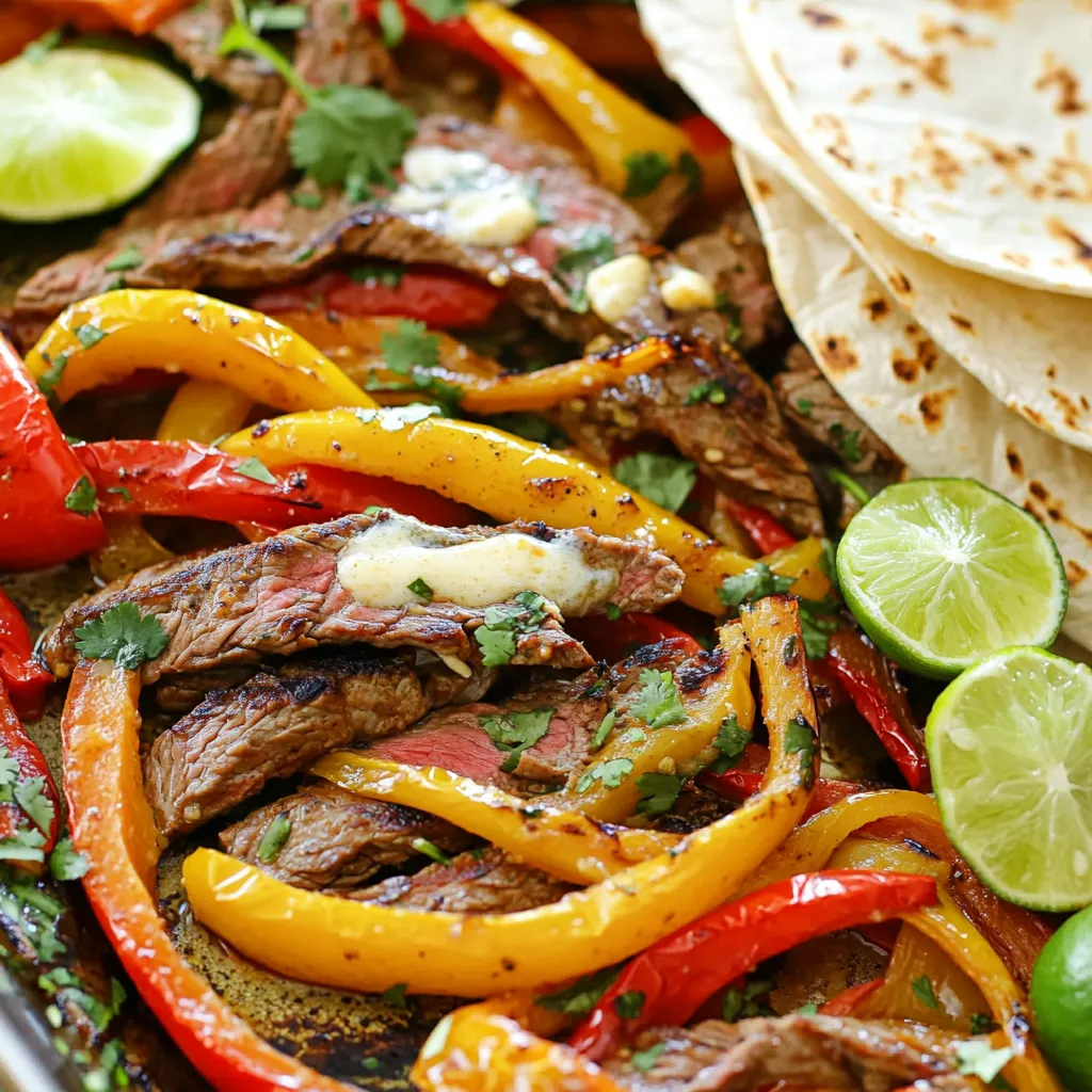 - 1 pound flank steak, sliced into thin strips - 2 tablespoons unsalted butter - 1 tablespoon olive oil - 1 red bell pepper, sliced - 1 yellow bell pepper, sliced - 1 medium onion, sliced - 4 cloves garlic, minced - 1 tablespoon chili powder - 1 teaspoon cumin - 1 teaspoon paprika - Salt and pepper to taste The main star of this dish is the flank steak. It’s tender and full of flavor. Slicing it into thin strips helps it cook quickly and evenly. The bell peppers and onion add color and sweetness. Fresh garlic gives a strong, delightful taste. The spices—chili powder, cumin, and paprika—bring warmth and depth. This mix of ingredients creates a tasty balance. - Fresh cilantro, chopped (for garnish) - Lime wedges (for serving) - Flour or corn tortillas (for serving) When serving, I like to top my fajitas with fresh cilantro. It adds a nice, bright flavor. Lime wedges are perfect for squeezing on top. They give a zesty kick. For the tortillas, you can choose flour or corn. Both work well, so pick your favorite. These garnishes make the meal even more delicious. Enjoy! 1. Preheating the oven Start by preheating your oven to 400°F (200°C). This step is key for cooking the fajitas evenly. 2. Preparing the steak and vegetables In a large bowl, place 1 pound of flank steak sliced into thin strips. Add 1 sliced red bell pepper, 1 sliced yellow bell pepper, and 1 medium sliced onion. Then, add 4 minced garlic cloves, 1 tablespoon of chili powder, 1 teaspoon of cumin, and 1 teaspoon of paprika. Sprinkle salt and pepper to taste. 3. Coating with olive oil Drizzle 1 tablespoon of olive oil over the mixture. Mix well to coat all the ingredients evenly. This helps enhance the flavors as they roast. 1. Melting garlic butter In a small saucepan, melt 2 tablespoons of unsalted butter over medium heat. This garlic butter will add richness to the fajitas. 2. Roasting the fajitas Pour the melted garlic butter over the steak and vegetable mixture. Spread everything in an even layer on a large sheet pan. Place the pan in the oven and roast for 20-25 minutes. Stir the mixture halfway through cooking for even roasting. 3. Resting before serving Once the fajitas are done, remove the pan from the oven. Let it rest for a few minutes. This helps the juices settle, making the fajitas more flavorful when served. Enjoy your delicious garlic butter steak fajitas! Choosing the right steak cut For the best fajitas, flank steak is ideal. It cooks fast and is tender. You can also use skirt steak if you like. Both cuts soak up flavors well. Slice the meat against the grain for added tenderness. Adjusting spice levels Spice is key in fajitas. Start with one tablespoon of chili powder. If you like it hot, add more. You can also mix in a pinch of cayenne pepper for extra heat. Taste as you go to find your perfect balance. Ensuring even cooking To cook the fajitas evenly, spread the mixture in a single layer on the pan. This helps everything roast nicely. Stir the veggies and steak halfway through cooking. This way, all sides get that lovely caramelization. Pairing sides and dips Fajitas are great with sides like rice or beans. Guacamole and salsa are perfect dips. They add more flavor and texture. A fresh salad can also complement the meal. Warm up tortillas Warm tortillas make a big difference. You can heat them in the oven or on the stovetop. Just a minute or two is enough. Warm tortillas keep the fillings hot and tasty. Creative serving ideas Try presenting fajitas in a fun way. Serve them in a taco bar style. Let everyone build their own fajita. Set out toppings like cheese, sour cream, and extra veggies. This makes for an interactive meal everyone will love. {{image_2}} You can switch up proteins in this recipe. Chicken fajitas are a great option. Use boneless chicken thighs or breasts. Slice them thin like the steak. Follow the same cooking steps and enjoy juicy chicken. Shrimp fajitas are also delicious. Use raw shrimp that are peeled and deveined. Cook them for just 10 to 15 minutes. They add a nice seafood twist to your meal. If you prefer a plant-based meal, try using tofu or tempeh. Press the tofu to remove extra water. Cut it into strips and marinate it like the steak. Tempeh works well too. It has a nutty flavor and adds protein to your dish. You can also add different vegetables. Try zucchini, mushrooms, or corn. Just chop them up and mix them with the other veggies. This will add color and flavor. You can create endless combinations that suit your taste! To keep your fajitas fresh, store leftovers in the fridge. Use an airtight container. They will stay good for up to three days. If you want to keep them longer, you can freeze them. Place the fajita mixture in a freezer-safe bag. Remove as much air as possible before sealing. You can freeze them for up to three months. Label the bag with the date for easy tracking. For reheating, you have a couple of great options. You can use the oven or stovetop. If using the oven, preheat it to 350°F (175°C). Spread the fajita mixture on a baking sheet. Heat it for about 10-15 minutes until warmed through. Stir halfway to ensure even heating. If you prefer the stovetop, heat a pan over medium heat. Add a splash of oil and warm the fajitas, stirring often. This method keeps the flavors fresh. No matter how you reheat them, you want to keep those great flavors intact. If they seem dry, add a little broth or a splash of water. This helps revive the dish and keeps it tasty. Enjoy your fajitas just like they were fresh from the oven! How do I make steak fajitas tender? To make steak fajitas tender, slice flank steak against the grain. This cuts the muscle fibers, making it easier to chew. Marinating the steak for 30 minutes can also help. Use lime juice, oil, and spices for a simple marinade that adds flavor and tenderness. Can I make these fajitas ahead of time? Yes, you can make these fajitas ahead of time. Cook the steak and veggies, then store them in the fridge for up to three days. When ready to serve, reheat them in a pan or oven. This saves time on busy weeknights. What can I substitute for flank steak? You can use skirt steak, sirloin, or even chicken. Each option has its flavor and texture. If you choose chicken, cook it until it reaches 165°F for safe eating. Adjust cooking times based on your meat choice. How to customize fajita seasoning? To customize fajita seasoning, mix your favorite spices. Add more chili powder for heat or cumin for earthiness. You can also try dried herbs like oregano. Taste as you go to find your perfect blend. Best cooking times for different steak cuts Cooking times vary by steak cut. Flank steak takes about 20-25 minutes at 400°F. Skirt steak may need less time, around 15-20 minutes. Always check the doneness with a meat thermometer for best results. Aim for 130°F for medium-rare. In this blog post, we explored how to make delicious fajitas from start to finish. We started with the key ingredients, highlighting flank steak, colorful peppers, and spices. Then, I shared step-by-step instructions for prepping, cooking, and perfecting your dish. Finally, we covered variations like chicken or veggie fajitas and provided tips on storage and reheating. With these insights, you can create a mouthwatering meal that suits your taste. Enjoy your cooking adventure!