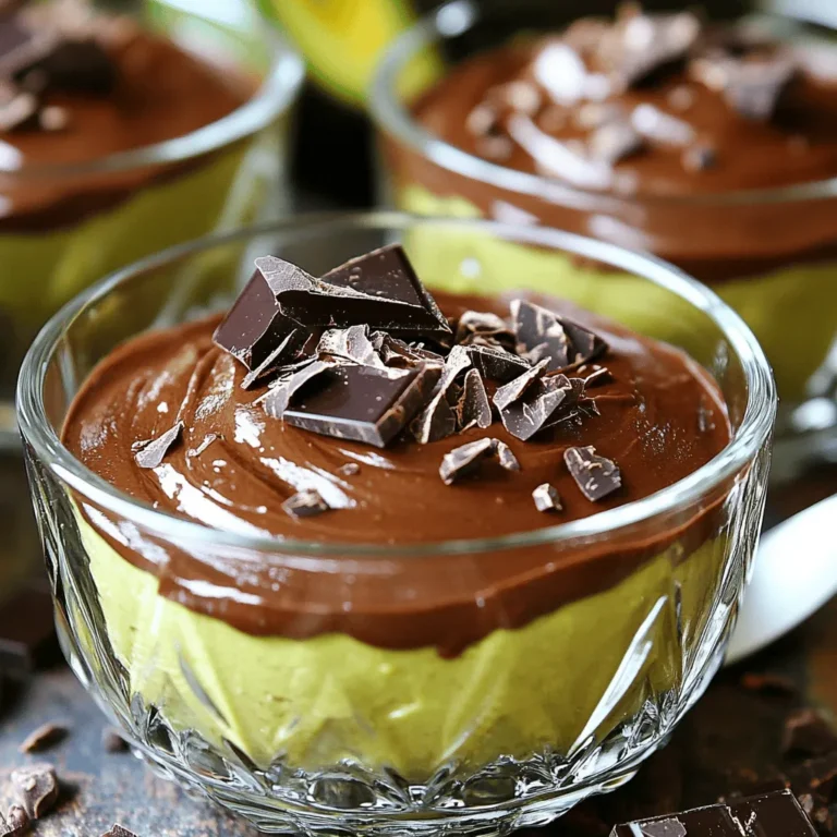 - 2 ripe avocados - 1/2 cup unsweetened cocoa powder - 1/3 cup maple syrup or honey - 1/4 cup almond milk (or any milk of your choice) - 1 teaspoon pure vanilla extract - A pinch of sea salt - Dark chocolate shavings or cocoa nibs for garnish To make this avocado chocolate mousse, you need a few simple ingredients. Ripe avocados are key for that creamy texture. They should be soft but not brown. Unsweetened cocoa powder gives the mousse its rich chocolate taste. For sweetness, you can use maple syrup or honey. Almond milk adds creaminess, but any milk works too. Pure vanilla extract enhances the flavor. A pinch of sea salt balances the sweetness and chocolate. Finally, garnish with dark chocolate shavings or cocoa nibs for a nice touch. These ingredients come together to create a healthy and tasty dessert. To start, wash your ripe avocados. Cut them in half, and remove the pit. Use a spoon to scoop the green flesh into a bowl. You want two ripe avocados for this mousse. Next, measure your dry and wet ingredients. You will need 1/2 cup of cocoa powder, 1/3 cup of maple syrup or honey, and 1/4 cup of almond milk. Don't forget to measure 1 teaspoon of vanilla extract and a pinch of sea salt. Now, take your food processor and add the avocado, cocoa powder, maple syrup or honey, almond milk, vanilla extract, and sea salt. Blend the mixture until it is smooth and creamy. Stop to scrape down the sides of the bowl to mix everything well. This step is key to achieving a silky texture. After blending, taste the mousse. If you want it sweeter, add a bit more maple syrup or honey. If the mousse feels too thick, pour in a little more almond milk. Blend again until you reach your desired thickness. You want it to be rich but still light. Once your mousse is blended, scoop it into serving bowls or glasses. Cover them and put them in the fridge for at least 30 minutes. This chilling time lets the mousse firm up and helps the flavors mix well. Before serving, top with dark chocolate shavings or cocoa nibs for a nice touch. You’ll love how pretty it looks! To make smooth avocado chocolate mousse, use ripe avocados. Ripe avocados are soft and easy to blend. They also give a creamier texture. If your avocados are hard, let them ripen for a few days. Adjust the almond milk amount for your desired thickness. If the mousse is too thick, add a bit more almond milk. Blend until it's creamy and smooth. You can switch up the sweeteners to find your perfect taste. Maple syrup adds a nice flavor, while honey gives a different touch. Try using agave syrup for a change, too. Adding spices or extracts can boost the taste. A pinch of cinnamon can add warmth. A drop of peppermint extract brings a fresh twist. Experiment and see what you like best! Pair your mousse with fresh fruits for added flavor. Berries like strawberries or raspberries add a nice tartness. Slices of banana add sweetness, too. Make your mousse look fancy by adding toppings. Dark chocolate shavings look great on top. Cocoa nibs add a nice crunch. You can also sprinkle nuts for extra texture. Enjoy your beautiful dessert! {{image_2}} To make this mousse vegan, you can easily swap the sweeteners. Instead of honey, use pure maple syrup. It gives a great taste and keeps it plant-based. For milk, almond milk works well. You can also try coconut milk for a creamier texture. Both options keep the dessert rich without dairy. Want to boost the chocolate taste? Add a bit of espresso or brewed coffee. This gives the mousse a deeper flavor. You can also layer in some spices like cinnamon or chili powder. These add warmth and complexity to your dessert. Experiment with different flavors to find your favorite mix. Garnishes can make your mousse look stunning. Fresh fruits like raspberries or strawberries add a pop of color. They also bring a nice tartness that contrasts with the sweet chocolate. For a crunchy touch, try nuts like almonds or walnuts. Just chop them up and sprinkle on top for added texture. To keep your avocado chocolate mousse fresh, use airtight containers. Glass or plastic containers work well for this. The mousse stays good in the fridge for about three days. After that, it may lose its taste and texture. You can freeze avocado chocolate mousse if you have extra. First, scoop the mousse into a freezer-safe container. Make sure to leave some space at the top. This allows for expansion when it freezes. The mousse can last up to three months in the freezer. When you’re ready to eat it, move it to the fridge to thaw overnight. After thawing, mix it well before serving to restore its creamy texture. Enjoy your delicious treat! Avocado chocolate mousse stays fresh for about 3 to 5 days in the fridge. To keep it fresh, cover it tightly with plastic wrap or store it in an airtight container. The mousse may darken a bit, but it’s still safe to eat. Always check for any off smells or changes in texture before serving. Yes, you can use other sweeteners. Options include agave syrup, coconut sugar, or stevia. These choices can change the taste slightly. If you use stevia, remember it's much sweeter than honey or maple syrup. So, use less to avoid overpowering sweetness. Absolutely! This mousse is rich in healthy fats from avocados. Avocados provide fiber, vitamins, and minerals. Cocoa powder adds antioxidants. Using maple syrup or honey gives natural sweetness. This dessert is a smart choice for a healthy treat. Definitely! You can make the mousse a day in advance. Just blend it and store it in the fridge. When ready to serve, add your favorite toppings. This makes it easy for parties or gatherings. In this post, we explored how to make a rich, creamy avocado chocolate mousse. I covered the key ingredients and provided clear steps for blending, chilling, and serving. We also shared tips for perfecting the texture and flavor. Remember, using ripe avocados is essential for the best results. This mousse is not just delicious, but also healthy. Try different sweeteners and toppings to make it your own. Enjoy creating this delightful dessert!