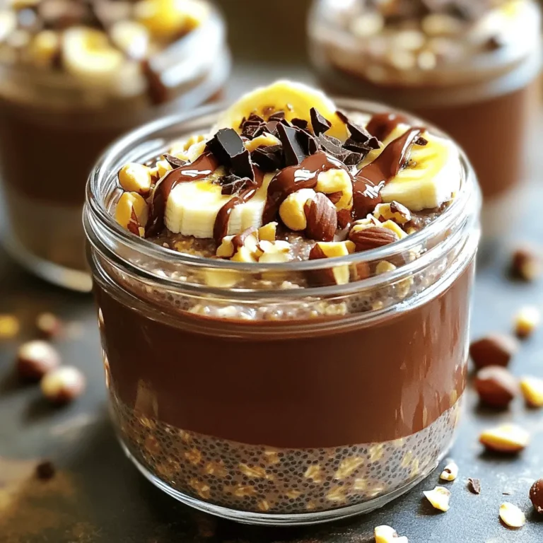 - 1 cup rolled oats - 2 cups almond milk (or milk of your choice) - 2 tablespoons cocoa powder - 3 tablespoons chocolate hazelnut spread (like Nutella) - 1 tablespoon chia seeds - 1 tablespoon maple syrup (optional, adjust to taste) - 1/2 teaspoon vanilla extract - A pinch of salt - Toppings: sliced banana, chopped hazelnuts, and dark chocolate shavings These chocolate hazelnut overnight oats provide a good mix of nutrients. Each serving offers fiber from oats and chia seeds, protein from the nuts, and healthy fats from the hazelnuts. The cocoa powder gives a rich chocolate taste without too much sugar. Each jar is about 300-400 calories, depending on the toppings you choose. For the best flavor, I recommend using: - Rolled oats: Bob's Red Mill or Quaker - Almond milk: Silk or Califia Farms - Cocoa powder: Ghirardelli or Hershey's - Chocolate hazelnut spread: Nutella or Justin's - Chia seeds: Nutiva or Spectrum - Maple syrup: Grade A from Maple Grove Farms or Coombs Family Farms Using these brands helps ensure quality and taste in your dish. Start by gathering your dry ingredients. You need: - 1 cup rolled oats - 2 tablespoons cocoa powder - 1 tablespoon chia seeds - A pinch of salt In a medium bowl, mix these items well. This step ensures the oats soak up all the flavors. Make sure the cocoa powder blends fully with the oats. Next, let’s move to the wet ingredients. You will need: - 2 cups almond milk (or milk of your choice) - 3 tablespoons chocolate hazelnut spread - 1 tablespoon maple syrup (optional) - 1/2 teaspoon vanilla extract In a separate bowl, whisk these together. Blend until the chocolate hazelnut spread fully dissolves. This creamy mix adds richness to the oats. Now, it’s time to combine both mixtures. Pour the wet mix into the dry ingredients. Stir well until everything is coated. You want no dry clumps left. Next, divide the oat mix into two jars. Seal them tightly with lids. Place the jars in the fridge overnight. This helps the oats absorb the liquid and soften. When you are ready, stir the oats and add your favorite toppings. Enjoy them cold with sliced banana, chopped hazelnuts, and dark chocolate shavings. They make a great breakfast or snack! You can make your chocolate hazelnut overnight oats your own. Try adding different fruits like berries, apples, or pears. For extra crunch, toss in some granola or seeds. You can also switch the chocolate hazelnut spread with other nut butters. Almond or cashew butter can create new flavors. Adjust the sweetness by adding more or less maple syrup. To get the best texture, use the right liquid-to-oat ratio. I suggest using 2 cups of almond milk for every cup of oats. The chia seeds help add creaminess, too. If you want thicker oats, reduce the liquid slightly. If you prefer a runnier mix, add a splash more milk. After refrigerating, stir the oats well before serving. Make your oats look as good as they taste. Use clear jars to show off the layers. Drizzle more chocolate hazelnut spread on top for a fancy touch. Add your toppings like sliced bananas and chopped hazelnuts for color and texture. A sprinkle of dark chocolate shavings can elevate the look. Enjoy your creation cold for a refreshing breakfast. {{image_2}} You can switch nut butters in this recipe. Try almond butter or peanut butter. Each one gives a unique taste. If you want a healthier option, use sunflower seed butter. For sweeteners, maple syrup is great. You can also try honey or agave. Each sweetener changes the flavor a bit. Adjust the amount based on your taste preference. If you need a dairy-free option, almond milk works well. You can also try oat milk or coconut milk. Each milk type adds its own flavor. They keep the oats creamy and delicious. Make sure to pick a milk without added sugar for a healthy choice. You can add other flavors to your overnight oats. Try adding cinnamon or nutmeg for warmth. You can also mix in some vanilla protein powder for an extra boost. For toppings, sliced banana and chopped hazelnuts are perfect. Dark chocolate shavings add a sweet touch. You can even add berries or coconut flakes for variety. Each add-in makes your breakfast more fun and tasty. To keep your chocolate hazelnut overnight oats fresh, use airtight containers. Jars work great. Make sure the lids seal tightly. Store them in the fridge. This keeps the oats cold and tasty. These oats stay good for up to five days in the fridge. The longer they sit, the softer they get. Check for any off smells or changes in color. If it looks or smells bad, throw it away. You can eat these oats cold, but some like them warm. If you want to reheat, put them in a bowl. Add a splash of milk for moisture. Heat in the microwave for 30 seconds. Stir and check if it’s warm enough. Enjoy it fresh! Yes, you can use quick oats. They will soften faster and change the texture. Quick oats make your overnight oats creamier. However, they may lose some chewiness. If you prefer a heartier bite, stick with rolled oats. You can easily make this recipe vegan. Just swap out regular milk for almond milk or another plant milk. You can also use a plant-based chocolate hazelnut spread. Look for brands that don’t use dairy. This will keep your oats tasty and vegan-friendly. Absolutely! These oats are perfect for meal prep. You can make a batch and store them in jars. Just divide the mixture into as many jars as you need. Seal them tightly and keep them in the fridge. They stay fresh for up to five days. This way, you have a healthy breakfast ready for busy mornings. Overnight oats are easy to make and fun to customize. We covered the key ingredients, nutrition information, and some top brands. I shared step-by-step instructions to mix and store your oats perfectly. With helpful tips, I showed you how to adjust flavors and improve presentation. We also explored various nut butters and dairy-free options. Remember, proper storage is essential for freshness. Follow my tips to enjoy delicious oats for days. By following these guidelines, you can create overnight oats that are not only tasty but also fit your dietary needs. Enjoy the journey of making your own unique creations!
