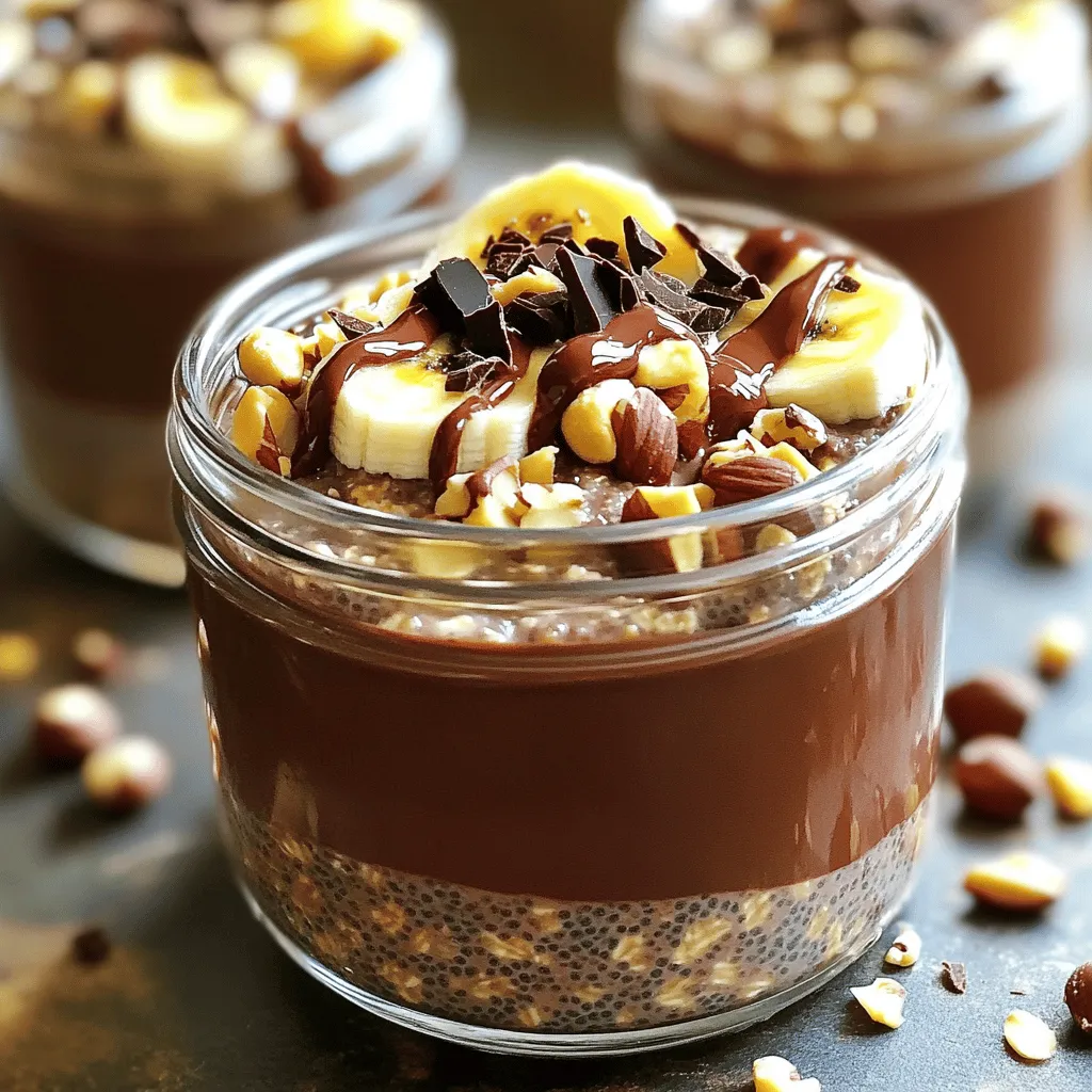 - 1 cup rolled oats - 2 cups almond milk (or milk of your choice) - 2 tablespoons cocoa powder - 3 tablespoons chocolate hazelnut spread (like Nutella) - 1 tablespoon chia seeds - 1 tablespoon maple syrup (optional, adjust to taste) - 1/2 teaspoon vanilla extract - A pinch of salt - Toppings: sliced banana, chopped hazelnuts, and dark chocolate shavings These chocolate hazelnut overnight oats provide a good mix of nutrients. Each serving offers fiber from oats and chia seeds, protein from the nuts, and healthy fats from the hazelnuts. The cocoa powder gives a rich chocolate taste without too much sugar. Each jar is about 300-400 calories, depending on the toppings you choose. For the best flavor, I recommend using: - Rolled oats: Bob's Red Mill or Quaker - Almond milk: Silk or Califia Farms - Cocoa powder: Ghirardelli or Hershey's - Chocolate hazelnut spread: Nutella or Justin's - Chia seeds: Nutiva or Spectrum - Maple syrup: Grade A from Maple Grove Farms or Coombs Family Farms Using these brands helps ensure quality and taste in your dish. Start by gathering your dry ingredients. You need: - 1 cup rolled oats - 2 tablespoons cocoa powder - 1 tablespoon chia seeds - A pinch of salt In a medium bowl, mix these items well. This step ensures the oats soak up all the flavors. Make sure the cocoa powder blends fully with the oats. Next, let’s move to the wet ingredients. You will need: - 2 cups almond milk (or milk of your choice) - 3 tablespoons chocolate hazelnut spread - 1 tablespoon maple syrup (optional) - 1/2 teaspoon vanilla extract In a separate bowl, whisk these together. Blend until the chocolate hazelnut spread fully dissolves. This creamy mix adds richness to the oats. Now, it’s time to combine both mixtures. Pour the wet mix into the dry ingredients. Stir well until everything is coated. You want no dry clumps left. Next, divide the oat mix into two jars. Seal them tightly with lids. Place the jars in the fridge overnight. This helps the oats absorb the liquid and soften. When you are ready, stir the oats and add your favorite toppings. Enjoy them cold with sliced banana, chopped hazelnuts, and dark chocolate shavings. They make a great breakfast or snack! You can make your chocolate hazelnut overnight oats your own. Try adding different fruits like berries, apples, or pears. For extra crunch, toss in some granola or seeds. You can also switch the chocolate hazelnut spread with other nut butters. Almond or cashew butter can create new flavors. Adjust the sweetness by adding more or less maple syrup. To get the best texture, use the right liquid-to-oat ratio. I suggest using 2 cups of almond milk for every cup of oats. The chia seeds help add creaminess, too. If you want thicker oats, reduce the liquid slightly. If you prefer a runnier mix, add a splash more milk. After refrigerating, stir the oats well before serving. Make your oats look as good as they taste. Use clear jars to show off the layers. Drizzle more chocolate hazelnut spread on top for a fancy touch. Add your toppings like sliced bananas and chopped hazelnuts for color and texture. A sprinkle of dark chocolate shavings can elevate the look. Enjoy your creation cold for a refreshing breakfast. {{image_2}} You can switch nut butters in this recipe. Try almond butter or peanut butter. Each one gives a unique taste. If you want a healthier option, use sunflower seed butter. For sweeteners, maple syrup is great. You can also try honey or agave. Each sweetener changes the flavor a bit. Adjust the amount based on your taste preference. If you need a dairy-free option, almond milk works well. You can also try oat milk or coconut milk. Each milk type adds its own flavor. They keep the oats creamy and delicious. Make sure to pick a milk without added sugar for a healthy choice. You can add other flavors to your overnight oats. Try adding cinnamon or nutmeg for warmth. You can also mix in some vanilla protein powder for an extra boost. For toppings, sliced banana and chopped hazelnuts are perfect. Dark chocolate shavings add a sweet touch. You can even add berries or coconut flakes for variety. Each add-in makes your breakfast more fun and tasty. To keep your chocolate hazelnut overnight oats fresh, use airtight containers. Jars work great. Make sure the lids seal tightly. Store them in the fridge. This keeps the oats cold and tasty. These oats stay good for up to five days in the fridge. The longer they sit, the softer they get. Check for any off smells or changes in color. If it looks or smells bad, throw it away. You can eat these oats cold, but some like them warm. If you want to reheat, put them in a bowl. Add a splash of milk for moisture. Heat in the microwave for 30 seconds. Stir and check if it’s warm enough. Enjoy it fresh! Yes, you can use quick oats. They will soften faster and change the texture. Quick oats make your overnight oats creamier. However, they may lose some chewiness. If you prefer a heartier bite, stick with rolled oats. You can easily make this recipe vegan. Just swap out regular milk for almond milk or another plant milk. You can also use a plant-based chocolate hazelnut spread. Look for brands that don’t use dairy. This will keep your oats tasty and vegan-friendly. Absolutely! These oats are perfect for meal prep. You can make a batch and store them in jars. Just divide the mixture into as many jars as you need. Seal them tightly and keep them in the fridge. They stay fresh for up to five days. This way, you have a healthy breakfast ready for busy mornings. Overnight oats are easy to make and fun to customize. We covered the key ingredients, nutrition information, and some top brands. I shared step-by-step instructions to mix and store your oats perfectly. With helpful tips, I showed you how to adjust flavors and improve presentation. We also explored various nut butters and dairy-free options. Remember, proper storage is essential for freshness. Follow my tips to enjoy delicious oats for days. By following these guidelines, you can create overnight oats that are not only tasty but also fit your dietary needs. Enjoy the journey of making your own unique creations!