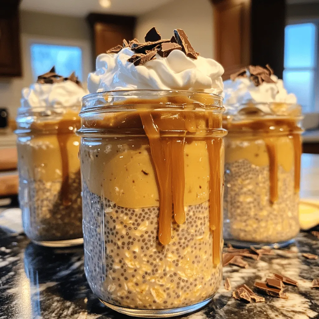 - 1 cup rolled oats - 1 cup almond milk (or any milk of choice) - 1 tablespoon chia seeds - 2 tablespoons caramel sauce (plus extra for drizzling) - 1 tablespoon maple syrup (or honey) - 1 teaspoon instant coffee granules - 1/2 teaspoon vanilla extract - Pinch of salt - Optional toppings: whipped cream, chocolate shavings, or crushed nuts To make Caramel Latte Overnight Oats, you need simple ingredients. Start with rolled oats. They provide a great base and are full of fiber. Next, use almond milk or another milk you like. This adds creaminess. Chia seeds come next. They help the oats thicken and add healthy fats. Caramel sauce gives a sweet, rich flavor. You can use store-bought or homemade. Maple syrup or honey adds more sweetness. Instant coffee granules are key too. They give that delicious coffee taste. A bit of vanilla extract enhances the flavor. Don't forget a pinch of salt. It balances the sweetness. For optional toppings, think whipped cream or chocolate shavings. Crushed nuts can add a nice crunch. These toppings make your oats look and taste even better. Now you have all the ingredients ready. Let’s get cooking! Start by taking a medium-sized mixing bowl. Measure and add 1 cup of rolled oats, 1 tablespoon of chia seeds, and a pinch of salt. It is key to measure your ingredients correctly. Accurate measurements help ensure the right texture and flavor in your oats. Too much or too little can change how they soak up the liquid. In a separate bowl, blend together 1 cup of almond milk, 2 tablespoons of caramel sauce, 1 tablespoon of maple syrup, 1 teaspoon of instant coffee granules, and 1/2 teaspoon of vanilla extract. Mix well until everything is smooth. For a smooth mixture, use a whisk or a fork. Make sure all coffee granules dissolve fully for the best taste. Next, pour the wet mixture over the dry ingredients. Stir gently to combine everything well. Then, divide the mixture into two mason jars or airtight containers. Seal the jars tightly. Place them in the refrigerator for at least 4 hours or overnight. This chilling time allows the oats to soak up the liquid and become thick and creamy. To get your Caramel Latte Overnight Oats just right, focus on your liquid ratios. If you want creamier oats, add more almond milk. For thicker oats, reduce the milk. Start with the recipe's suggested one cup of almond milk. You can always adjust later. To personalize the thickness of the oats, keep in mind that chia seeds absorb liquid. They help thicken your oats. If your oats are too thick in the morning, stir in a splash of milk to loosen them up. This makes them smoother and easier to enjoy. You can boost the flavor of your oats with spices. Consider adding cinnamon or nutmeg for warmth. A splash of almond extract can also enhance the taste. These small changes make a big difference. For sweetening agents, maple syrup is a favorite. But honey or agave works too. You can even try coconut sugar for a unique flavor. Sweeten to your taste and enjoy the result. Garnishing your oats makes them look great. Top with whipped cream for a fun touch. Drizzle extra caramel sauce on top for sweetness. You can also sprinkle chocolate shavings or crushed nuts for texture. These toppings add flavor and a delightful crunch. For a complete breakfast, pair your oats with fresh fruit. Sliced bananas or berries add freshness. They also balance out the richness of the caramel. Enjoy your delicious, balanced meal! {{image_2}} You can change the flavor of your caramel latte overnight oats in fun ways. Here are some ideas: - Chocolate caramel latte oats: Add cocoa powder for a rich chocolate flavor. Mix in a tablespoon when you blend the wet ingredients. - Mocha latte overnight oats: Use espresso powder instead of instant coffee for a bolder taste. This will give you a true coffeehouse experience. - Seasonal variations: For a cozy touch in fall, add pumpkin spice. Mix in a teaspoon when combining the wet ingredients for a festive twist. If you have dietary needs, you can still enjoy this recipe: - Vegan alternatives: Use maple syrup instead of honey. Almond milk is already plant-based, making this recipe vegan-friendly. - Gluten-free options: Choose certified gluten-free oats. They give you the same great taste without gluten. Swapping ingredients can keep your oats fresh and exciting: - Suggestions for different types of milk: Feel free to use coconut milk or oat milk. Both will add creaminess and unique flavors. - Alternative sweeteners and toppings: Instead of caramel sauce, try agave syrup or date syrup. For toppings, crushed nuts or fresh berries can add crunch and flavor. You can store your caramel latte overnight oats in the fridge for up to five days. Look for signs of freshness like a pleasant smell and a creamy texture. If the oats smell sour or look dry, it is best to toss them. To freeze your oats, first, pour them into freezer-safe containers or bags. Leave some space at the top for expansion. When ready to eat, thaw them overnight in the fridge. You can also warm them in the microwave. To maximize shelf-life, use fresh ingredients and keep your oats airtight. Avoid adding fresh toppings until you're ready to eat. This way, you prevent spoilage and keep your oats tasting great! Yes, you can make these oats in advance. They are perfect for busy mornings. Prepare them the night before and let them chill. This way, you save time in the morning. You can even make a batch for the week. Just divide them into jars and store them in the fridge. They taste great after soaking overnight. If you need a milk substitute, there are many options. You can use regular cow's milk, soy milk, or oat milk. Coconut milk is another tasty choice. Each milk brings its own flavor. Choose one that you enjoy. You can keep overnight oats in the fridge for up to five days. Make sure to seal them well. Check for any signs of spoilage before eating. If they smell off or look strange, it’s best to throw them away. Fresh oats taste the best! Yes, you can use instant coffee alternatives. Espresso powder works well if you want a stronger flavor. Brewed coffee is another option. Just make sure it cools before mixing it in. This way, your oats will taste yummy and rich! This blog post explored how to make delicious caramel latte overnight oats using simple ingredients. You learned how to prepare the dry and wet ingredients, and combine them for the best results. We also discussed tips for perfecting the recipe and highlighted tasty variations. Remember, you can adjust flavors and swap ingredients to suit your taste. Storing your oats properly will ensure they remain fresh. Use these guidelines to enjoy a quick and yummy breakfast that fits your lifestyle.