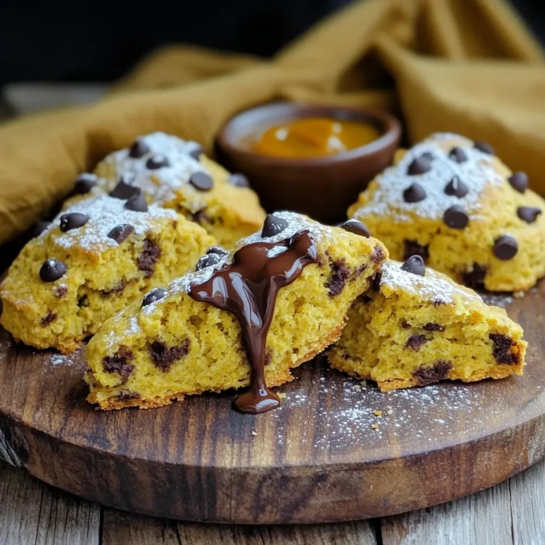For my Pumpkin Chocolate Chip Scones, you need both dry and wet ingredients. Here’s the list: Dry Ingredients: - 2 cups all-purpose flour - 1/2 cup brown sugar, packed - 1 tablespoon baking powder - 1/2 teaspoon baking soda - 1/2 teaspoon salt - 1 teaspoon cinnamon - 1/2 teaspoon nutmeg - 1/4 teaspoon ginger Wet Ingredients: - 1/2 cup unsalted butter, cold and cubed - 3/4 cup pumpkin puree - 1/4 cup heavy cream - 1 large egg Optional Ingredients for Variations: - 1 cup semi-sweet chocolate chips The dry ingredients give the scones their structure. The wet ingredients add moisture and flavor. You can also try different chocolate types or add nuts for fun twists. Enjoy mixing and matching! First, preheat your oven to 400°F (200°C). This helps the scones cook evenly. Next, line a baking sheet with parchment paper. This keeps the scones from sticking. Now, let’s mix the dry ingredients. In a large bowl, sift together: - 2 cups all-purpose flour - 1/2 cup brown sugar, packed - 1 tablespoon baking powder - 1/2 teaspoon baking soda - 1/2 teaspoon salt - 1 teaspoon cinnamon - 1/2 teaspoon nutmeg - 1/4 teaspoon ginger After that, it’s time to incorporate the wet ingredients. In a separate bowl, whisk together: - 3/4 cup pumpkin puree - 1/4 cup heavy cream - 1 large egg Make sure everything is well combined before moving on. Now, mix the wet and dry ingredients. Pour the pumpkin mixture into the dry mix. Stir gently until just combined. It’s important not to overmix. Next, fold in the chocolate chips. Use 1 cup of semi-sweet chocolate chips for a sweet surprise in each bite. Once your dough is ready, shape it. Turn the dough onto a floured surface. Pat it into a 1-inch thick circle. Now, how do you cut scones? Cut the dough into wedges, about 8 pieces. Place each scone on your prepared baking sheet. Make sure to leave space between each piece. For baking, place the scones in the oven. Bake for 18-20 minutes. They are ready when the edges are golden brown. A toothpick should come out clean when inserted into the center. After baking, let the scones cool slightly on the baking sheet. Then, transfer them to a wire rack to cool completely. Enjoy your delicious pumpkin chocolate chip scones! Importance of ingredient temperature Using cold butter helps create flaky scones. When you add cold butter, it keeps its shape. This forms pockets of air during baking. The result? A light, tender scone. Also, use cold pumpkin puree and heavy cream for best results. Avoiding overmixing Mix your dough just enough. Overmixing can make your scones tough. Stir until the wet and dry ingredients are just combined. When you fold in the chocolate chips, be gentle. This keeps the texture soft and tender. Ideal pairings for scones Pumpkin chocolate chip scones pair well with warm drinks. Try serving them with coffee, chai, or tea. A dollop of pumpkin butter or honey adds a sweet touch too. For a fun twist, add a scoop of vanilla ice cream on the side. Presentation ideas Serve the scones warm for the best taste. Dust them with powdered sugar for a nice look. You can drizzle melted chocolate on top for extra flair. Arrange them on a pretty plate or a wooden board for a rustic feel. Best practices for refrigerating and freezing To store scones, let them cool first. Then, place them in an airtight container. They can stay fresh in the fridge for up to three days. If you want to freeze them, wrap each scone in plastic wrap. Place them in a freezer bag. They can last for up to three months. To enjoy, thaw overnight in the fridge and warm them in the oven. {{image_2}} You can change the flavor of your scones with a few easy swaps. Instead of cinnamon, try using cardamom or allspice. Both spices add warmth and depth. If you love a fruity twist, consider adding dried cranberries or chopped apples. You can also use dark chocolate chips for a richer taste. Making these scones gluten-free is simple. Substitute the all-purpose flour with a gluten-free flour blend. Make sure it has xanthan gum for the best texture. For a vegan version, replace the butter with coconut oil. Use almond milk instead of heavy cream and a flax egg in place of the egg. Mix one tablespoon of ground flaxseed with two and a half tablespoons of water, then let it sit for five minutes. Fall brings many flavors to explore. You can add maple syrup to the dough for a sweet twist. Or, mix in chopped pecans for extra crunch. If you want to be adventurous, add a teaspoon of vanilla extract or a splash of bourbon. Both will enhance the flavor and make your scones more unique. You can store your pumpkin chocolate chip scones at room temperature or in the fridge. If you plan to eat them within two days, keep them at room temperature in an airtight container. This keeps them soft and fresh. If you want to keep them longer, store them in the fridge. Just make sure to wrap them well to avoid drying out. Freezing is a great way to save scones for later. To freeze, place cooled scones in a single layer in a freezer bag. Remove as much air as possible before sealing. You can freeze them for up to three months. To thaw, take them out and let them sit at room temperature for a couple of hours. You can also warm them in the oven for five to ten minutes at 350°F (175°C) for a fresh-baked taste. These scones are best enjoyed fresh. At room temperature, they stay good for two days. In the fridge, they last for about a week. If frozen, they remain tasty for three months. Always check for signs of spoilage, like a strange smell or dry texture, before eating. Can I make these scones ahead of time? Yes, you can make these scones ahead of time. You can prepare the dough and shape it into wedges. Wrap the dough tightly in plastic wrap and store it in the fridge for up to 24 hours. When you're ready, bake them straight from the fridge. This will save you time and still give you warm, fresh scones. How do I know when the scones are done baking? You will know the scones are done when their edges turn golden brown. Insert a toothpick into the center of a scone. If it comes out clean, they are ready. If you see wet dough on the toothpick, bake them a little longer. Keep a close eye on them in the last few minutes of baking. Can I use fresh pumpkin instead of canned? Absolutely! You can use fresh pumpkin puree instead of canned. To make your own, steam or roast fresh pumpkin until it’s soft. Then, mash it until smooth. Just make sure it is not too watery. This will give your scones a fresh taste and great texture. What are the nutritional values of these scones? Each scone roughly contains around 200 calories. They have about 8 grams of fat, 30 grams of carbs, and 2 grams of protein. Keep in mind that these values may change based on the ingredients you choose. For a healthier twist, you can also opt for whole wheat flour or reduce the sugar. In this blog post, we explored how to make delicious pumpkin chocolate chip scones. We covered the essential ingredients, preparation steps, and baking tips. I shared ways to customize your scones with different flavors and seasonal twists. You learned how to store them properly for freshness. Remember, baking is fun and can be easy with the right knowledge. Now, grab your ingredients and start baking! Enjoy your tasty scones with friends or family.