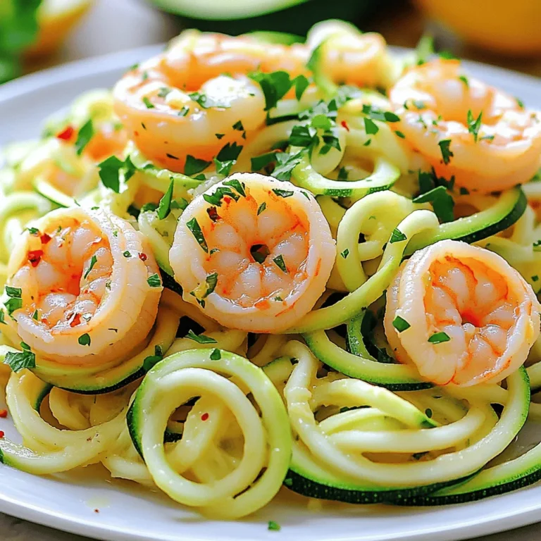 For this dish, you need fresh ingredients that bring great flavor. Here’s what you’ll need: - 2 medium zucchinis, spiralized - 1 lb large shrimp, peeled and deveined - 4 cloves garlic, minced - 1 lemon, zested and juiced - Fresh parsley, chopped, for garnish You also need some common items from your pantry. These are essential for cooking: - 2 tablespoons olive oil - 1/4 teaspoon red pepper flakes (optional for spice) - Salt and pepper to taste Adding a garnish makes your dish look even better. I suggest using: - Fresh chopped parsley to add a pop of color and flavor Using fresh ingredients makes a big difference in taste. The shrimp should be bright and firm. The zucchinis should feel smooth and firm, too. Always choose the best you can find. To make zoodles, use a spiralizer to turn two medium zucchinis into noodles. Place the zoodles in a colander. This helps drain any extra water. Let them sit while you prepare the rest of the dish. In a large skillet, heat one tablespoon of olive oil over medium-high heat. Add one pound of peeled and deveined shrimp to the pan. Season them with salt, pepper, and red pepper flakes if you like some spice. Cook the shrimp for about two to three minutes on each side. They should turn pink and opaque. Once done, remove them from the skillet and set aside. In the same skillet, add the other tablespoon of olive oil. Then, add four cloves of minced garlic. Sauté for about 30 seconds until the garlic smells great. Be careful not to burn it! Next, add the zoodles to the skillet. Toss them gently with the garlic for two to three minutes until they are just tender. Return the shrimp to the skillet. Add the juice and zest of one lemon, then mix everything well. Cook for one more minute to heat it through. Now, your dish is ready to serve! To make great zoodles, choose firm zucchinis. Look for ones that feel heavy for their size. Wash them well before spiralizing. Cut off both ends. Then, use your spiralizer. Turn the handle slowly. This creates long strands. Place the zoodles in a colander to drain. This step removes extra water and keeps them from getting soggy. To cook shrimp just right, use large shrimp. They cook quickly and stay juicy. Heat your skillet over medium-high heat. Add olive oil and let it heat up. Place the shrimp in the skillet in a single layer. Avoid crowding them. Cook for about 2-3 minutes on each side. They should turn pink and opaque. Remove them from the heat to prevent overcooking. To boost the flavor of your dish, use fresh lemon juice and zest. This adds a bright taste. Don’t skip the garlic; it gives a nice aroma. If you like some heat, add red pepper flakes. Fresh parsley as a garnish gives a pop of color and freshness. You can also try adding a splash of white wine for depth. {{image_2}} If you want to switch up the shrimp, try chicken or tofu. Chicken breast works well. Just slice it thinly and sauté until cooked through. Tofu adds a nice texture and is great for a plant-based meal. Use firm tofu and press it for extra crispiness. You can also try scallops or fish. Both pair nicely with lemon and garlic. This dish is already gluten-free and low-carb. Zoodles are a great substitute for pasta. If you want a heartier option, try spaghetti squash. It has a similar texture and still keeps it light. Just bake it until tender, then scoop out the flesh. You can enjoy this meal without worrying about carbs. Feel free to add more veggies! Bell peppers, cherry tomatoes, or spinach all work well. Just sauté them with the garlic for added flavor. You can also toss in some mushrooms for a savory touch. If you like a kick, add more red pepper flakes or a splash of hot sauce. This dish is all about making it your own! To keep your Lemon Garlic Shrimp Zoodles fresh, place leftovers in an airtight container. Store them in the fridge for up to three days. Be sure to let the dish cool before sealing it up. This step helps prevent moisture buildup. When reheating, use a skillet over medium heat. Add a splash of olive oil to keep the dish moist. Stir gently for about five minutes until warmed through. Avoid the microwave, as it can make the zoodles soggy. You can freeze Lemon Garlic Shrimp Zoodles, but it's best to freeze the shrimp and zoodles separately. Place them in freezer bags, squeeze out excess air, and seal tightly. They can last up to three months in the freezer. Thaw in the fridge before reheating for best results. Yes, you can make Lemon Garlic Shrimp Zoodles ahead of time. Cook the shrimp and zoodles separately. Store them in airtight containers in the fridge. When you are ready to eat, just reheat them in a skillet. Add fresh lemon juice and garlic when reheating for best flavor. If you cannot find zucchinis, you can use spaghetti squash or even regular pasta. Spaghetti squash has a similar texture. You can also try other vegetables like carrots or bell peppers, spiralized into noodles. They will work great! Shrimp cooks fast. Look for a pink color and a C shape. If they turn opaque, they are ready. Cook for about 2-3 minutes on each side. Be careful not to overcook them, as they can become tough. We covered fresh ingredients, pantry staples, and garnishes for your dish. I shared step-by-step tips for preparing zoodles and cooking shrimp perfectly. You learned best practices for spiralizing and enhancing flavor. I explored tasty variations, including alternative proteins and gluten-free options. Lastly, we discussed proper storage and reheating, plus FAQs like making the dish ahead. Remember, cooking should be fun and simple. Enjoy trying new twists on your meals!