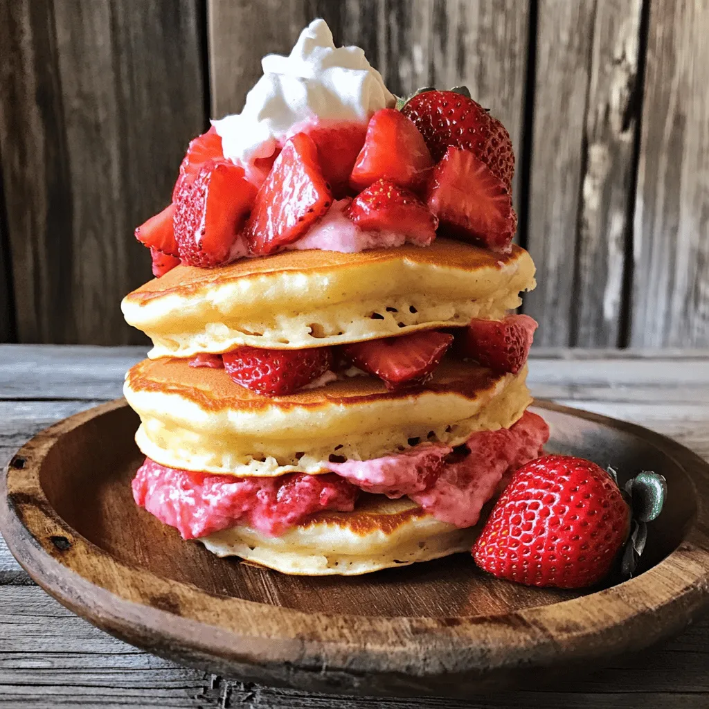 - 1 cup all-purpose flour - 2 tablespoons sugar - 1 teaspoon baking powder - 1/2 teaspoon baking soda - 1/4 teaspoon salt - 1 cup buttermilk - 1 large egg - 2 tablespoons melted butter - 1 teaspoon vanilla extract - 1/2 cup cream cheese, softened - 1/4 cup powdered sugar - 1 cup fresh strawberries, diced - Additional strawberries for topping - Whipped cream for serving In this recipe, each ingredient plays a key role. The flour forms the base for the pancakes. The sugar adds sweetness, while baking powder and baking soda help create light, fluffy pancakes. Adding salt enhances all the flavors. Next, the wet ingredients bring moisture and richness. Buttermilk gives the pancakes a soft texture. The egg binds everything together, while melted butter adds flavor and richness. Vanilla extract rounds out the taste. The cream cheese mixture is the star of this dish. Cream cheese adds that cheesecake flavor. Powdered sugar sweetens it up, and fresh strawberries give a burst of fruity goodness. Top your pancakes with more strawberries and whipped cream for a delightful finish. With these ingredients, you create a treat that feels special for breakfast. It’s not just a meal; it’s a moment to savor. Trust me, once you try these pancakes, they will become a favorite! In a large bowl, whisk together the flour, sugar, baking powder, baking soda, and salt. This step builds a great base for your pancakes. Mixing these dry ingredients well helps them combine fully. In another bowl, mix the buttermilk, egg, melted butter, and vanilla extract until smooth. You want the mixture to blend well. This ensures the pancakes will be moist and flavorful. Now, pour the wet mixture into the dry ingredients. Gently mix them together until just combined. The batter can be a bit lumpy, and that’s okay! Avoid over-mixing, as this can lead to tough pancakes. In a small bowl, beat the softened cream cheese and powdered sugar until smooth. Once you have a creamy texture, gently fold in the diced strawberries. This filling adds a delicious cheesecake flavor to your pancakes. Heat a non-stick skillet over medium heat. Pour about 1/4 cup of pancake batter for each pancake. Cook until bubbles form on the top, then flip and cook until golden brown. This usually takes about 2-3 minutes on each side. To serve, stack the pancakes high on a plate. Spread some of the cream cheese and strawberry mixture between each layer. Top with more fresh strawberries and a dollop of whipped cream. This not only tastes great but looks amazing too! To make great pancakes, avoid over-mixing your batter. Mix just until the dry ingredients blend with the wet ones. You want a few lumps; they help keep the pancakes fluffy. After mixing, let the batter rest for a few minutes. This step allows the flour to hydrate and makes your pancakes even softer. Cooking pancakes at the right heat is key. Use medium heat to cook your pancakes evenly. If the skillet is too hot, the pancakes will burn on the outside and stay raw inside. Lightly grease your pan with butter or cooking spray. This helps create that perfect golden-brown finish. Presentation matters, especially for pancakes. Stack them neatly on a plate. Spread some of the cream cheese mixture between each layer. This not only adds flavor but also looks inviting. For the final touch, drizzle the cream cheese mixture on top and add fresh strawberries around the plate. This makes the dish colorful and appetizing. {{image_2}} You can switch out strawberries for other fruits. Blueberries or raspberries work great! These fruits add new flavors and colors. Try mixing them into the pancake batter for a fun twist. Want to add some zing? Mix lemon zest into the cream cheese filling. This small change brings a bright, fresh taste. It pairs well with the sweet strawberries. You’ll love the added flavor boost! If you need a gluten-free option, use gluten-free flour. This swap makes the pancakes safe for those with gluten issues. The taste stays delicious, and the texture remains fluffy. Don’t worry; everyone can enjoy these pancakes! You can store leftover pancakes in an airtight container. Place them in the refrigerator for up to 3 days. This keeps them fresh and ready for a tasty meal later. To freeze pancakes, first place them in a single layer on a baking sheet. Once they are frozen, transfer them to a freezer bag. They can stay fresh for up to 2 months. This way, you can enjoy them anytime you want. Reheating pancakes is simple. You can use a microwave for a quick meal. Just heat them for about 30 seconds. If you prefer, you can also use a toaster. This gives them a nice crisp outside. Enjoy your pancakes warm and tasty! Yes, you can prepare and store them easily. Make the pancakes, let them cool, and keep them in an airtight container. They stay fresh in the fridge for up to three days. Just warm them up when you are ready to eat! If you don't have buttermilk, use milk instead. Just add a teaspoon of vinegar or lemon juice to one cup of milk. Let it sit for about five minutes. This creates a quick, easy substitute that works perfectly in the recipe. To stop pancakes from sticking, grease your skillet well. Use cooking spray or a little butter. Heat the pan properly before adding the batter. This ensures that your pancakes flip easily and come out golden brown without sticking. This blog post covers how to make delicious pancakes with a fun cream cheese filling. We explored key ingredients, mixing techniques, and cooking tips. You learned about using different fruits and dietary options. Proper storage and reheating methods ensure your pancakes stay fresh. I hope this inspires you to try making these tasty pancakes at home. Enjoy the process and get creative with your flavors!