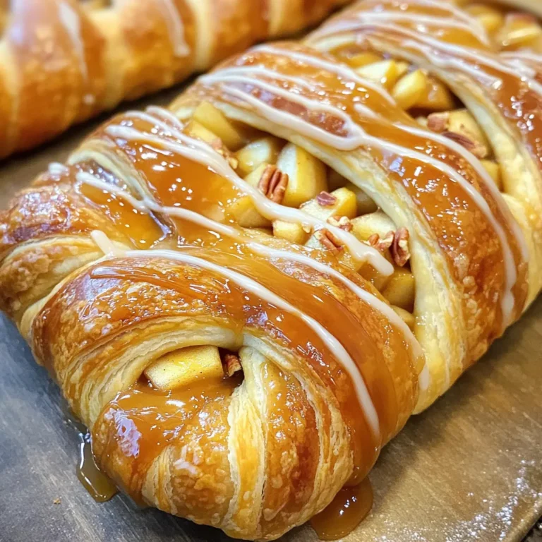 To make the Caramel Apple Danish Braid, gather these simple items: - 1 sheet of puff pastry (thawed) - 2 medium apples (Granny Smith or Honeycrisp), peeled, cored, and diced - 1/4 cup brown sugar - 1 teaspoon cinnamon - 1 tablespoon lemon juice - 1/2 cup caramel sauce (store-bought or homemade) - 1 egg (beaten, for egg wash) - 1/2 cup powdered sugar (for icing) - 1 tablespoon milk (for icing) - Optional: chopped pecans or walnuts for topping You can easily swap some ingredients if needed: - Use any firm apple like Fuji or Gala in place of Granny Smith or Honeycrisp. - If you don’t have brown sugar, regular white sugar works too. - For the caramel sauce, try using a homemade version with sugar, butter, and cream. - If you want a dairy-free option, use a non-dairy milk for the icing. To make your Danish braid even better, consider these toppings: - Chopped pecans or walnuts add a nice crunch. - Drizzle extra caramel over the top for more sweetness. - A sprinkle of sea salt can enhance the flavors. - Add a dash of cinnamon or nutmeg to the icing for a warm spice. 1. Start by preheating your oven to 400°F (200°C). Line a baking sheet with parchment paper. 2. Take your apples and peel, core, and dice them. Place them in a medium bowl. 3. Add 1/4 cup brown sugar, 1 teaspoon cinnamon, and 1 tablespoon lemon juice to the apples. Mix it well. 4. Let the apple mixture sit for 10 minutes. This helps the apples soften and soak in the flavors. 5. Roll out the puff pastry on a lightly floured surface. Smooth out any creases. 6. Place the rolled pastry on the prepared baking sheet. 7. Cut slits on both sides of the pastry, about 1 inch apart. Leave the center about 4 inches wide for the filling. 1. Spoon the apple mixture into the center of the pastry. Drizzle some caramel sauce over the apples. 2. Start at one end and fold the slits over the filling. Alternate sides to create a braid. 3. Pinch the ends to seal the braid. 4. Brush the top with the beaten egg. This gives it a nice, glossy finish. 5. Bake in the preheated oven for 25-30 minutes. Look for a golden brown and puffy pastry. 1. While the braid is baking, mix 1/2 cup powdered sugar with 1 tablespoon milk in a small bowl. Stir until smooth. 2. If you want a thinner icing, add more milk slowly until you reach the desired consistency. 3. Once the Danish braid cools slightly, drizzle it with the remaining caramel and icing. 4. Optional: Sprinkle chopped pecans or walnuts on top for extra crunch. Enjoy your delicious treat! To get the best puff pastry, keep it cold. Cold pastry puffs up nicely. Thaw the pastry in the fridge, not on the counter. Roll it out gently on a floured surface. This helps avoid tears. If you see any holes, you can patch them. Use small pieces of pastry to seal gaps. Make sure your oven is hot before baking. This helps the puff pastry rise well. You can use store-bought caramel sauce for ease. If you want to make your own, mix sugar and water in a pan. Heat it until it melts and turns brown. Be careful not to burn it. Remove it from heat and add cream slowly. This makes a smooth caramel sauce. Let it cool before using. Drizzling warm sauce over the apple filling adds a nice touch. To bake evenly, place your Danish braid in the center of the oven. This allows air to circulate around it. Use parchment paper to prevent sticking. Check for doneness by looking for a golden color. If the top browns too fast, cover it lightly with foil. This stops it from burning. Let it cool for a short time before icing. This helps the icing hold on better. {{image_2}} You can change up the flavor of your Caramel Apple Danish Braid easily. Try different spices like nutmeg or allspice for warmth. You can also add a touch of vanilla extract for extra sweetness. If you want to switch fruits, pears or berries work well too. They add a fresh taste that pairs nicely with caramel. If you need a gluten-free option, use gluten-free puff pastry. Many brands sell this option in stores. Make sure to check the label to ensure it meets your needs. You can still enjoy this delicious braid without gluten. The taste and texture will still be delightful. Nuts can give your Danish braid a nice crunch. You can use chopped pecans or walnuts. They add a rich flavor that complements the caramel. If you want more variety, try using hazelnuts or almonds. You can also swap the caramel for chocolate or butterscotch sauce for a fun twist. Each option creates a new taste experience. To keep your Caramel Apple Danish Braid fresh, place it in an airtight container. You can store it at room temperature for up to 2 days. For longer storage, refrigerate it. Make sure it’s wrapped well to avoid drying out. To reheat, preheat your oven to 350°F (175°C). Place the Danish braid on a baking sheet. Heat for about 10 minutes or until warm. This method keeps the pastry crisp. You can also use a microwave, but it may make the pastry soft. You can freeze the Danish braid for up to 3 months. To do this, wrap it tightly in plastic wrap and then in foil. When ready to eat, thaw it in the fridge overnight. Reheat in the oven for best results. Yes, you can use pre-made caramel sauce. It saves time and still tastes great. Just drizzle it over the apples before folding the pastry. If you want to make your own, melt sugar until golden, then stir in cream. Both options work well! Watch for a golden brown color on the pastry. It should look puffy and crispy. If it’s brown and firm to the touch, it is ready. Bake it for 25 to 30 minutes, but keep an eye on it. Every oven is a bit different. You can use many fruits! Pears, peaches, or berries would be yummy. Just chop them up like the apples. Be mindful of moisture. You may want to reduce sugar for sweeter fruits. Experiment to find your favorite flavor mix! This blog post covered all you need for a tasty Danish braid. We looked at key ingredients, simple steps, and handy tips for success. I shared delicious variations and how to store your treats. You can bake with confidence now! Remember, your options for flavor and toppings are endless. Enjoy creating and sharing your delicious Danish braid with friends and family. Happy baking!