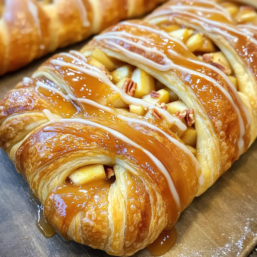 To make the Caramel Apple Danish Braid, gather these simple items: - 1 sheet of puff pastry (thawed) - 2 medium apples (Granny Smith or Honeycrisp), peeled, cored, and diced - 1/4 cup brown sugar - 1 teaspoon cinnamon - 1 tablespoon lemon juice - 1/2 cup caramel sauce (store-bought or homemade) - 1 egg (beaten, for egg wash) - 1/2 cup powdered sugar (for icing) - 1 tablespoon milk (for icing) - Optional: chopped pecans or walnuts for topping You can easily swap some ingredients if needed: - Use any firm apple like Fuji or Gala in place of Granny Smith or Honeycrisp. - If you don’t have brown sugar, regular white sugar works too. - For the caramel sauce, try using a homemade version with sugar, butter, and cream. - If you want a dairy-free option, use a non-dairy milk for the icing. To make your Danish braid even better, consider these toppings: - Chopped pecans or walnuts add a nice crunch. - Drizzle extra caramel over the top for more sweetness. - A sprinkle of sea salt can enhance the flavors. - Add a dash of cinnamon or nutmeg to the icing for a warm spice. 1. Start by preheating your oven to 400°F (200°C). Line a baking sheet with parchment paper. 2. Take your apples and peel, core, and dice them. Place them in a medium bowl. 3. Add 1/4 cup brown sugar, 1 teaspoon cinnamon, and 1 tablespoon lemon juice to the apples. Mix it well. 4. Let the apple mixture sit for 10 minutes. This helps the apples soften and soak in the flavors. 5. Roll out the puff pastry on a lightly floured surface. Smooth out any creases. 6. Place the rolled pastry on the prepared baking sheet. 7. Cut slits on both sides of the pastry, about 1 inch apart. Leave the center about 4 inches wide for the filling. 1. Spoon the apple mixture into the center of the pastry. Drizzle some caramel sauce over the apples. 2. Start at one end and fold the slits over the filling. Alternate sides to create a braid. 3. Pinch the ends to seal the braid. 4. Brush the top with the beaten egg. This gives it a nice, glossy finish. 5. Bake in the preheated oven for 25-30 minutes. Look for a golden brown and puffy pastry. 1. While the braid is baking, mix 1/2 cup powdered sugar with 1 tablespoon milk in a small bowl. Stir until smooth. 2. If you want a thinner icing, add more milk slowly until you reach the desired consistency. 3. Once the Danish braid cools slightly, drizzle it with the remaining caramel and icing. 4. Optional: Sprinkle chopped pecans or walnuts on top for extra crunch. Enjoy your delicious treat! To get the best puff pastry, keep it cold. Cold pastry puffs up nicely. Thaw the pastry in the fridge, not on the counter. Roll it out gently on a floured surface. This helps avoid tears. If you see any holes, you can patch them. Use small pieces of pastry to seal gaps. Make sure your oven is hot before baking. This helps the puff pastry rise well. You can use store-bought caramel sauce for ease. If you want to make your own, mix sugar and water in a pan. Heat it until it melts and turns brown. Be careful not to burn it. Remove it from heat and add cream slowly. This makes a smooth caramel sauce. Let it cool before using. Drizzling warm sauce over the apple filling adds a nice touch. To bake evenly, place your Danish braid in the center of the oven. This allows air to circulate around it. Use parchment paper to prevent sticking. Check for doneness by looking for a golden color. If the top browns too fast, cover it lightly with foil. This stops it from burning. Let it cool for a short time before icing. This helps the icing hold on better. {{image_2}} You can change up the flavor of your Caramel Apple Danish Braid easily. Try different spices like nutmeg or allspice for warmth. You can also add a touch of vanilla extract for extra sweetness. If you want to switch fruits, pears or berries work well too. They add a fresh taste that pairs nicely with caramel. If you need a gluten-free option, use gluten-free puff pastry. Many brands sell this option in stores. Make sure to check the label to ensure it meets your needs. You can still enjoy this delicious braid without gluten. The taste and texture will still be delightful. Nuts can give your Danish braid a nice crunch. You can use chopped pecans or walnuts. They add a rich flavor that complements the caramel. If you want more variety, try using hazelnuts or almonds. You can also swap the caramel for chocolate or butterscotch sauce for a fun twist. Each option creates a new taste experience. To keep your Caramel Apple Danish Braid fresh, place it in an airtight container. You can store it at room temperature for up to 2 days. For longer storage, refrigerate it. Make sure it’s wrapped well to avoid drying out. To reheat, preheat your oven to 350°F (175°C). Place the Danish braid on a baking sheet. Heat for about 10 minutes or until warm. This method keeps the pastry crisp. You can also use a microwave, but it may make the pastry soft. You can freeze the Danish braid for up to 3 months. To do this, wrap it tightly in plastic wrap and then in foil. When ready to eat, thaw it in the fridge overnight. Reheat in the oven for best results. Yes, you can use pre-made caramel sauce. It saves time and still tastes great. Just drizzle it over the apples before folding the pastry. If you want to make your own, melt sugar until golden, then stir in cream. Both options work well! Watch for a golden brown color on the pastry. It should look puffy and crispy. If it’s brown and firm to the touch, it is ready. Bake it for 25 to 30 minutes, but keep an eye on it. Every oven is a bit different. You can use many fruits! Pears, peaches, or berries would be yummy. Just chop them up like the apples. Be mindful of moisture. You may want to reduce sugar for sweeter fruits. Experiment to find your favorite flavor mix! This blog post covered all you need for a tasty Danish braid. We looked at key ingredients, simple steps, and handy tips for success. I shared delicious variations and how to store your treats. You can bake with confidence now! Remember, your options for flavor and toppings are endless. Enjoy creating and sharing your delicious Danish braid with friends and family. Happy baking!