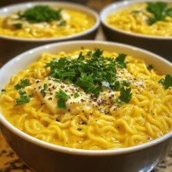 To make this dish, you need a few simple items: - 2 packs of instant ramen noodles (discard the flavor packet) - 1 cup grated Pecorino Romano cheese - 2 tablespoons unsalted butter - 1 tablespoon extra-virgin olive oil - 1 teaspoon freshly cracked black pepper (adjust to taste) - 2-3 tablespoons pasta cooking water (reserved) These ingredients come together to create a rich, cheesy, and peppery ramen. The Pecorino Romano cheese gives a nice salty kick. The butter and olive oil add a creamy texture. You can make your ramen even better with some tasty garnishes: - Fresh parsley or basil, finely chopped These fresh herbs not only add color but also a fresh taste. You can add more cheese if you like it extra cheesy! You don't need fancy tools to make this dish. Just a few basic items will do: - A medium pot for boiling water - A colander for draining the noodles - A large spoon for mixing Having the right tools helps make cooking easier. You’ll be ready to whip up this dish in no time! Start by boiling water in a medium pot. Use enough water to cover the noodles. Once it boils, add the instant ramen noodles. Cook them for about 3-4 minutes until they are al dente. This means they should be firm but not hard. After cooking, reserve 2-3 tablespoons of the pasta water. Drain the noodles and set them aside. In the same pot, add 2 tablespoons of unsalted butter and 1 tablespoon of olive oil. Heat this over medium heat. Wait until the butter melts and gets bubbly. Do not let it brown. Next, add 1 teaspoon of freshly cracked black pepper. Sauté this for about 30 seconds. You want to smell the pepper's fragrant scent. Now, add the drained ramen noodles back into the pot. Mix well to coat the noodles with the butter and pepper. Gradually stir in 1 cup of grated Pecorino Romano cheese. Toss the noodles vigorously. If the sauce is too thick, use the reserved pasta water. Add it a tablespoon at a time until creamy. Taste your dish and adjust the flavor if needed. Finally, serve the ramen in deep bowls. Top with extra cheese and fresh herbs like parsley or basil. Enjoy your tasty meal! To make your Minute Cacio e Pepe Ramen shine, focus on the cheese. Pecorino Romano gives the dish its rich taste. You can swap it for Parmesan if you want something milder. For more zing, add a pinch of garlic powder or red pepper flakes. This small change can pack a punch. Always taste as you go. Adjust the black pepper to fit your spice level. Remember, the key is to find your balance. A creamy sauce makes this dish special. Start with the grated Pecorino Romano. Add it slowly, mixing well as you go. If the sauce feels thick, use the reserved pasta water. Add one tablespoon at a time. This helps smooth out the sauce without losing flavor. Keep stirring until every noodle is coated. You want a silky, rich texture that clings to each bite. The way you serve your ramen can make it even more inviting. Use deep bowls for a cozy feel. Top your dish with extra grated cheese for richness. A sprinkle of fresh parsley or basil adds color and freshness. Arrange the herbs artfully on top. This makes your dish look professional and appetizing. A beautiful plate makes the meal even more enjoyable. {{image_2}} To make this dish vegetarian, swap the butter for plant-based butter. Use a good quality olive oil for a rich flavor. You can also add vegetables like spinach or peas. They cook quickly and add nice color. If you want to add protein, try cooked chicken or shrimp. You can also use tofu for a great plant-based choice. Just sauté your protein with the butter and pepper before adding the noodles. This way, the flavors blend well. Want more heat? Add red pepper flakes or a splash of hot sauce. Start with just a little, then taste as you go. You can always add more if you like it spicy. This lets you customize the dish to fit your taste. You can store leftovers in an airtight container. Make sure to let the dish cool first. Keep it in the fridge for up to three days. If you notice the pasta drying out, add a splash of water before storing. To reheat, place the leftovers in a pot over low heat. Add a bit of water or broth to help it warm up. Stir gently until heated through. You can also use the microwave. Heat in short bursts, stirring in between. Freezing this dish is not ideal. The texture may change when thawed. If you must freeze it, use a freezer-safe container. It can last up to a month. Thaw in the fridge overnight before reheating. Cacio e Pepe is a classic Roman pasta dish. It uses cheese and black pepper. The name means "cheese and pepper" in Italian. In this recipe, we twist it with ramen. The result is tasty and quick! Yes, you can try different cheeses. While Pecorino Romano is best, Parmesan works too. You might even mix both for a richer flavor. Just remember, each cheese will change the taste. Test what you like best! To make it gluten-free, swap instant ramen for gluten-free noodles. Many brands offer this option. Just check the label for gluten-free status. You can enjoy the same great taste without gluten! In this post, we explored making Minute Cacio e Pepe Ramen. We covered key ingredients, equipment, and step-by-step cooking instructions. I shared tips for flavor and texture, as well as cool variations to try. Plus, I included smart storage tips for leftovers. Cacio e Pepe Ramen is fun and easy to make. Play with flavors, and enjoy your tasty meal!