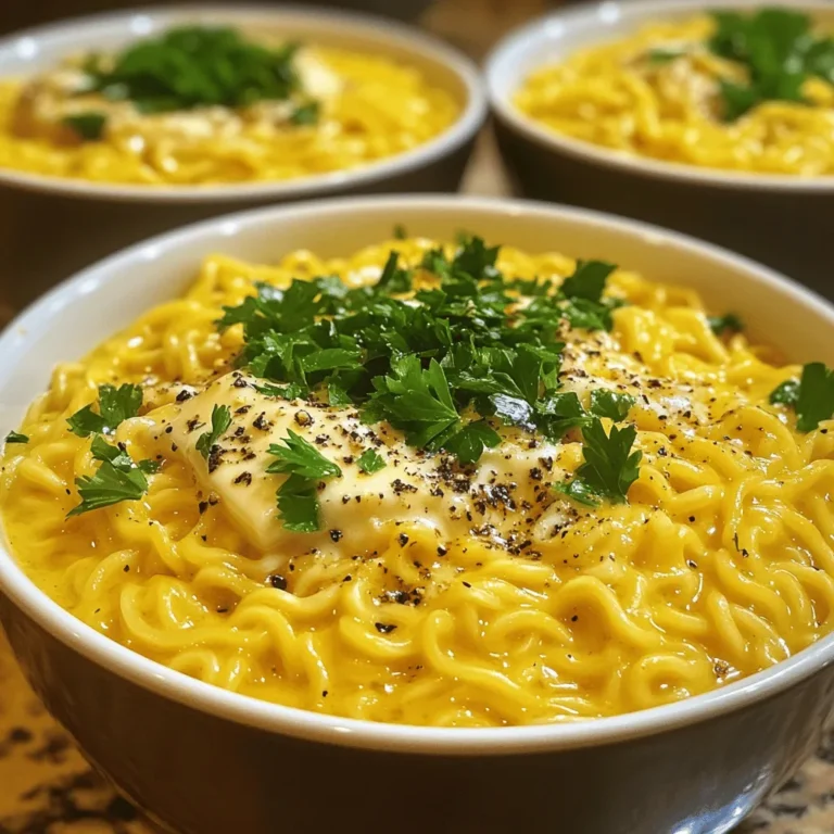 To make this dish, you need a few simple items: - 2 packs of instant ramen noodles (discard the flavor packet) - 1 cup grated Pecorino Romano cheese - 2 tablespoons unsalted butter - 1 tablespoon extra-virgin olive oil - 1 teaspoon freshly cracked black pepper (adjust to taste) - 2-3 tablespoons pasta cooking water (reserved) These ingredients come together to create a rich, cheesy, and peppery ramen. The Pecorino Romano cheese gives a nice salty kick. The butter and olive oil add a creamy texture. You can make your ramen even better with some tasty garnishes: - Fresh parsley or basil, finely chopped These fresh herbs not only add color but also a fresh taste. You can add more cheese if you like it extra cheesy! You don't need fancy tools to make this dish. Just a few basic items will do: - A medium pot for boiling water - A colander for draining the noodles - A large spoon for mixing Having the right tools helps make cooking easier. You’ll be ready to whip up this dish in no time! Start by boiling water in a medium pot. Use enough water to cover the noodles. Once it boils, add the instant ramen noodles. Cook them for about 3-4 minutes until they are al dente. This means they should be firm but not hard. After cooking, reserve 2-3 tablespoons of the pasta water. Drain the noodles and set them aside. In the same pot, add 2 tablespoons of unsalted butter and 1 tablespoon of olive oil. Heat this over medium heat. Wait until the butter melts and gets bubbly. Do not let it brown. Next, add 1 teaspoon of freshly cracked black pepper. Sauté this for about 30 seconds. You want to smell the pepper's fragrant scent. Now, add the drained ramen noodles back into the pot. Mix well to coat the noodles with the butter and pepper. Gradually stir in 1 cup of grated Pecorino Romano cheese. Toss the noodles vigorously. If the sauce is too thick, use the reserved pasta water. Add it a tablespoon at a time until creamy. Taste your dish and adjust the flavor if needed. Finally, serve the ramen in deep bowls. Top with extra cheese and fresh herbs like parsley or basil. Enjoy your tasty meal! To make your Minute Cacio e Pepe Ramen shine, focus on the cheese. Pecorino Romano gives the dish its rich taste. You can swap it for Parmesan if you want something milder. For more zing, add a pinch of garlic powder or red pepper flakes. This small change can pack a punch. Always taste as you go. Adjust the black pepper to fit your spice level. Remember, the key is to find your balance. A creamy sauce makes this dish special. Start with the grated Pecorino Romano. Add it slowly, mixing well as you go. If the sauce feels thick, use the reserved pasta water. Add one tablespoon at a time. This helps smooth out the sauce without losing flavor. Keep stirring until every noodle is coated. You want a silky, rich texture that clings to each bite. The way you serve your ramen can make it even more inviting. Use deep bowls for a cozy feel. Top your dish with extra grated cheese for richness. A sprinkle of fresh parsley or basil adds color and freshness. Arrange the herbs artfully on top. This makes your dish look professional and appetizing. A beautiful plate makes the meal even more enjoyable. {{image_2}} To make this dish vegetarian, swap the butter for plant-based butter. Use a good quality olive oil for a rich flavor. You can also add vegetables like spinach or peas. They cook quickly and add nice color. If you want to add protein, try cooked chicken or shrimp. You can also use tofu for a great plant-based choice. Just sauté your protein with the butter and pepper before adding the noodles. This way, the flavors blend well. Want more heat? Add red pepper flakes or a splash of hot sauce. Start with just a little, then taste as you go. You can always add more if you like it spicy. This lets you customize the dish to fit your taste. You can store leftovers in an airtight container. Make sure to let the dish cool first. Keep it in the fridge for up to three days. If you notice the pasta drying out, add a splash of water before storing. To reheat, place the leftovers in a pot over low heat. Add a bit of water or broth to help it warm up. Stir gently until heated through. You can also use the microwave. Heat in short bursts, stirring in between. Freezing this dish is not ideal. The texture may change when thawed. If you must freeze it, use a freezer-safe container. It can last up to a month. Thaw in the fridge overnight before reheating. Cacio e Pepe is a classic Roman pasta dish. It uses cheese and black pepper. The name means "cheese and pepper" in Italian. In this recipe, we twist it with ramen. The result is tasty and quick! Yes, you can try different cheeses. While Pecorino Romano is best, Parmesan works too. You might even mix both for a richer flavor. Just remember, each cheese will change the taste. Test what you like best! To make it gluten-free, swap instant ramen for gluten-free noodles. Many brands offer this option. Just check the label for gluten-free status. You can enjoy the same great taste without gluten! In this post, we explored making Minute Cacio e Pepe Ramen. We covered key ingredients, equipment, and step-by-step cooking instructions. I shared tips for flavor and texture, as well as cool variations to try. Plus, I included smart storage tips for leftovers. Cacio e Pepe Ramen is fun and easy to make. Play with flavors, and enjoy your tasty meal!