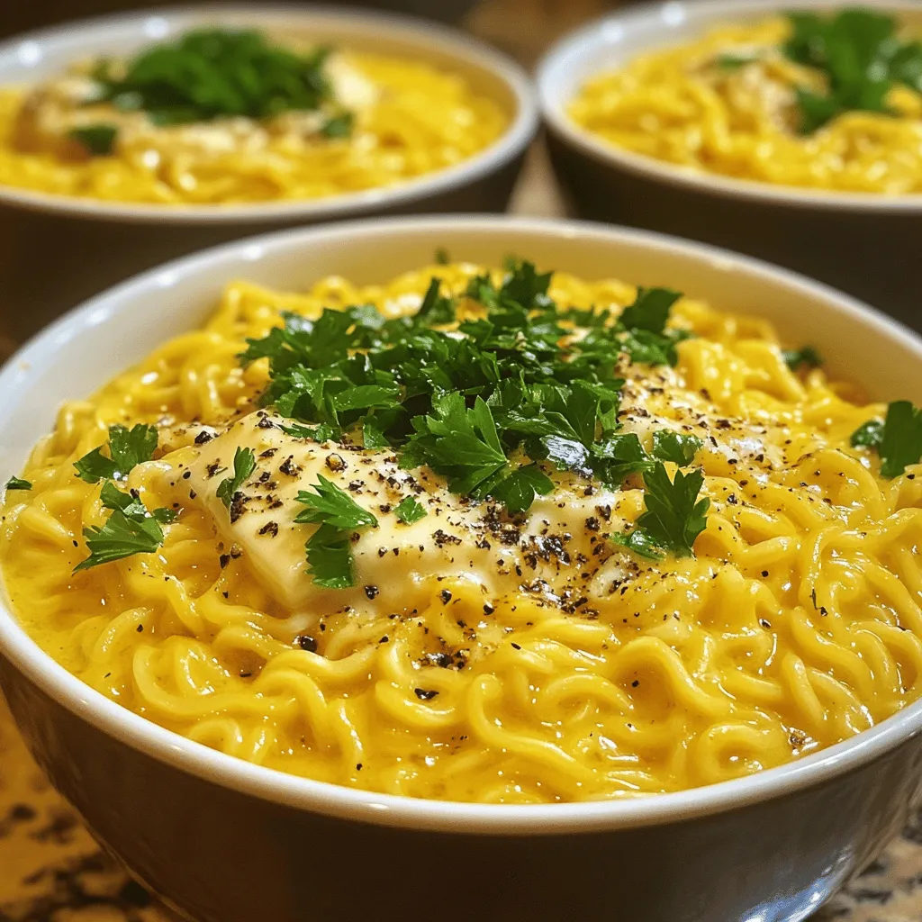 To make this dish, you need a few simple items: - 2 packs of instant ramen noodles (discard the flavor packet) - 1 cup grated Pecorino Romano cheese - 2 tablespoons unsalted butter - 1 tablespoon extra-virgin olive oil - 1 teaspoon freshly cracked black pepper (adjust to taste) - 2-3 tablespoons pasta cooking water (reserved) These ingredients come together to create a rich, cheesy, and peppery ramen. The Pecorino Romano cheese gives a nice salty kick. The butter and olive oil add a creamy texture. You can make your ramen even better with some tasty garnishes: - Fresh parsley or basil, finely chopped These fresh herbs not only add color but also a fresh taste. You can add more cheese if you like it extra cheesy! You don't need fancy tools to make this dish. Just a few basic items will do: - A medium pot for boiling water - A colander for draining the noodles - A large spoon for mixing Having the right tools helps make cooking easier. You’ll be ready to whip up this dish in no time! Start by boiling water in a medium pot. Use enough water to cover the noodles. Once it boils, add the instant ramen noodles. Cook them for about 3-4 minutes until they are al dente. This means they should be firm but not hard. After cooking, reserve 2-3 tablespoons of the pasta water. Drain the noodles and set them aside. In the same pot, add 2 tablespoons of unsalted butter and 1 tablespoon of olive oil. Heat this over medium heat. Wait until the butter melts and gets bubbly. Do not let it brown. Next, add 1 teaspoon of freshly cracked black pepper. Sauté this for about 30 seconds. You want to smell the pepper's fragrant scent. Now, add the drained ramen noodles back into the pot. Mix well to coat the noodles with the butter and pepper. Gradually stir in 1 cup of grated Pecorino Romano cheese. Toss the noodles vigorously. If the sauce is too thick, use the reserved pasta water. Add it a tablespoon at a time until creamy. Taste your dish and adjust the flavor if needed. Finally, serve the ramen in deep bowls. Top with extra cheese and fresh herbs like parsley or basil. Enjoy your tasty meal! To make your Minute Cacio e Pepe Ramen shine, focus on the cheese. Pecorino Romano gives the dish its rich taste. You can swap it for Parmesan if you want something milder. For more zing, add a pinch of garlic powder or red pepper flakes. This small change can pack a punch. Always taste as you go. Adjust the black pepper to fit your spice level. Remember, the key is to find your balance. A creamy sauce makes this dish special. Start with the grated Pecorino Romano. Add it slowly, mixing well as you go. If the sauce feels thick, use the reserved pasta water. Add one tablespoon at a time. This helps smooth out the sauce without losing flavor. Keep stirring until every noodle is coated. You want a silky, rich texture that clings to each bite. The way you serve your ramen can make it even more inviting. Use deep bowls for a cozy feel. Top your dish with extra grated cheese for richness. A sprinkle of fresh parsley or basil adds color and freshness. Arrange the herbs artfully on top. This makes your dish look professional and appetizing. A beautiful plate makes the meal even more enjoyable. {{image_2}} To make this dish vegetarian, swap the butter for plant-based butter. Use a good quality olive oil for a rich flavor. You can also add vegetables like spinach or peas. They cook quickly and add nice color. If you want to add protein, try cooked chicken or shrimp. You can also use tofu for a great plant-based choice. Just sauté your protein with the butter and pepper before adding the noodles. This way, the flavors blend well. Want more heat? Add red pepper flakes or a splash of hot sauce. Start with just a little, then taste as you go. You can always add more if you like it spicy. This lets you customize the dish to fit your taste. You can store leftovers in an airtight container. Make sure to let the dish cool first. Keep it in the fridge for up to three days. If you notice the pasta drying out, add a splash of water before storing. To reheat, place the leftovers in a pot over low heat. Add a bit of water or broth to help it warm up. Stir gently until heated through. You can also use the microwave. Heat in short bursts, stirring in between. Freezing this dish is not ideal. The texture may change when thawed. If you must freeze it, use a freezer-safe container. It can last up to a month. Thaw in the fridge overnight before reheating. Cacio e Pepe is a classic Roman pasta dish. It uses cheese and black pepper. The name means "cheese and pepper" in Italian. In this recipe, we twist it with ramen. The result is tasty and quick! Yes, you can try different cheeses. While Pecorino Romano is best, Parmesan works too. You might even mix both for a richer flavor. Just remember, each cheese will change the taste. Test what you like best! To make it gluten-free, swap instant ramen for gluten-free noodles. Many brands offer this option. Just check the label for gluten-free status. You can enjoy the same great taste without gluten! In this post, we explored making Minute Cacio e Pepe Ramen. We covered key ingredients, equipment, and step-by-step cooking instructions. I shared tips for flavor and texture, as well as cool variations to try. Plus, I included smart storage tips for leftovers. Cacio e Pepe Ramen is fun and easy to make. Play with flavors, and enjoy your tasty meal!