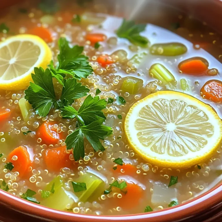 Gathering the right ingredients makes cooking easy and fun. Here’s what you need for Slow Cooker Lemon Herb Quinoa Soup: - 1 cup quinoa, rinsed - 1 large onion, diced - 2 cloves garlic, minced - 2 carrots, diced - 2 celery stalks, diced - 1 can (15 oz) diced tomatoes, with juice - 6 cups vegetable broth - 1/4 cup fresh lemon juice - 1 teaspoon dried thyme - 1 teaspoon dried oregano - 1/2 teaspoon black pepper - Salt to taste - 1/4 cup fresh parsley, chopped - Lemon slices for garnish Each ingredient adds its own flavor. Quinoa gives the soup a nice base. Onions and garlic bring warmth and depth. Carrots and celery add crunch and sweetness. The diced tomatoes and broth create a rich, savory taste. Fresh lemon juice brightens the soup, making it refreshing. Don’t forget the herbs! Thyme and oregano boost the aroma. Using fresh ingredients makes a big difference. Fresh parsley gives a nice finish, and lemon slices add a pretty touch. Gather these items, and you’re ready to start cooking! First, rinse the quinoa under cold water. This step removes the bitter taste. It helps the quinoa taste fresh and clean. Next, dice the onion, carrots, and celery. Use a sharp knife for even pieces. Mince the garlic cloves to release their strong flavor. In your slow cooker, combine the rinsed quinoa with the diced onion, minced garlic, diced carrots, and diced celery. Add the can of diced tomatoes, juice included. This adds richness and color to the soup. Pour in six cups of vegetable broth. Stir in dried thyme, oregano, and black pepper. Add salt to taste. Cover the slow cooker and set it to low heat for six to eight hours. If you are pressed for time, you can use high heat for three to four hours. About 20 to 30 minutes before serving, stir in the fresh lemon juice. This brightens the flavors and adds a fresh zing. Taste the soup and adjust the seasoning if needed. Once cooked, ladle the soup into bowls. Garnish with fresh parsley and lemon slices. Enjoy your tasty creation! To get the best texture from quinoa, rinse it well. This removes bitterness. When cooked, it should be fluffy and tender. If you want more flavor, try to adjust the seasoning. Add salt or pepper to suit your taste. Herbs and spices are key to this soup. Fresh parsley adds brightness. You can also try basil or dill for a twist. If you want more depth, add thyme and oregano. For extra nutrition, toss in some spinach or kale. These greens cook down well. Using pre-cooked quinoa can save time. You can add it in the last hour of cooking. This way, you avoid overcooking. For quick prep, chop your veggies in advance. Store them in the fridge to use later. This makes getting dinner on the table so easy! {{image_2}} You can change the protein in your soup to fit your taste. Adding beans or lentils makes it hearty and rich in nutrients. For example, one can of chickpeas adds great texture and flavor. If you like meat, consider adding cooked chicken. Simply shred it and stir it in before serving. You can also use tofu for a plant-based option. Just cube the tofu and add it in when you mix the other ingredients. Feel free to swap out the veggies. If you don’t like carrots, try peas or bell peppers instead. You can even use leafy greens like spinach or kale. Seasonal vegetables work well too. In the fall, add diced squash or sweet potatoes. In the summer, zucchini or corn brighten the soup. This way, you can keep the soup fresh and exciting with each season. If you need gluten-free options, this soup is already perfect. Quinoa is naturally gluten-free, making it safe for those with gluten sensitivities. For vegan adjustments, ensure your vegetable broth is plant-based. You can also add more herbs for flavor without adding animal products. This soup is versatile, so you can easily adjust it to fit your diet. Enjoy it your way! To store your soup well, let it cool first. You want to keep it fresh. Use airtight containers to avoid spills. Glass jars or plastic containers work great. Make sure to label them with the date. This way, you will know when to use them. To freeze your soup, pour it into freezer-safe bags or containers. Leave some space at the top, as soup expands when frozen. Seal them tightly to keep air out. When you want to eat it, take it out and place it in the fridge overnight to thaw. For quick reheating, you can microwave it in a safe bowl. In the fridge, your soup lasts about 4 to 5 days. If you freeze it, it stays good for about 2 to 3 months. Always check for any changes in smell or color before using. Enjoy your tasty slow cooker lemon herb quinoa soup anytime! It takes about 15 minutes to prep the soup. You can cook it for 6-8 hours on low heat or 3-4 hours on high heat. The soup is ready when the quinoa is soft and the veggies are tender. Yes, you can make this soup on the stovetop. Start by sautéing the diced onion, minced garlic, diced carrots, and diced celery in a pot for about 5 minutes. Then, add in the rinsed quinoa and canned tomatoes with their juice. Pour in the vegetable broth and add the dried thyme, oregano, and black pepper. Bring it to a boil, then reduce the heat. Simmer for 20-25 minutes, stirring often. Stir in the lemon juice before serving. This soup pairs well with a salad or crusty bread. A simple green salad with lemon vinaigrette works great. You can also enjoy it with grilled cheese for a cozy meal. Another great option is a side of roasted vegetables for added flavor. This blog post covered all you need to make delicious Slow Cooker Lemon Herb Quinoa Soup. We discussed the simple ingredients and clear steps to prepare it. I shared tips for flavor and variations to fit dietary needs. You learned how to store leftovers and reheat them later. In closing, this soup is both nutritious and easy to make. It’s a great addition to any meal. Enjoy this warm dish with friends or family. You’ll love its zesty taste and comforting aroma. Get cooking and savor every bite!