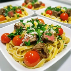 To make Minute Garlic Butter Steak Bites Pasta, gather these ingredients: - 8 oz fettuccine pasta - 1 lb flank steak, cut into bite-sized cubes - 4 tablespoons unsalted butter, divided - 4 cloves garlic, minced - 1 teaspoon dried oregano - 1 tablespoon soy sauce - Salt and pepper to taste - 1 cup cherry tomatoes, halved - 1/4 cup fresh parsley, chopped - Grated Parmesan cheese for serving This recipe serves four people. You can easily double the ingredients if you have a crowd. For a smaller meal, cut the amounts in half. Make sure to adjust cooking times slightly for smaller or larger batches. Using fresh ingredients can enhance flavors. Fresh parsley gives a bright taste. Cherry tomatoes burst with sweetness. Dried oregano adds depth, but fresh can be used if you have it. Fresh garlic is best for its strong aroma. If you only have dried, use it, but freshly minced garlic makes a big difference. Start by boiling a large pot of salted water. Once the water is bubbling, add 8 oz of fettuccine pasta. Cook it according to the package instructions until it is al dente. This usually takes about 8 to 10 minutes. When it's done, reserve 1 cup of the pasta water. Then, drain the pasta and set it aside. While the pasta cooks, grab your flank steak. Cut it into bite-sized cubes. Season the steak with salt and pepper to add some flavor. Heat a large skillet over medium-high heat. Melt 2 tablespoons of unsalted butter in the skillet until it sizzles. Add the steak cubes and sear them for about 2 to 3 minutes. You want them browned on all sides. Once done, remove the steak from the skillet and set it aside. In the same skillet, reduce the heat to medium. Add the remaining 2 tablespoons of butter. Once melted, add 4 minced cloves of garlic. Sauté the garlic for about 1 minute until it smells great. Be careful not to let the garlic burn. This step adds a rich flavor to your dish. Now, it’s time to bring everything together. Add the cooked fettuccine, the seared steak, and 1 cup of halved cherry tomatoes into the skillet. Sprinkle 1 teaspoon of dried oregano over the mix and add 1 tablespoon of soy sauce. Toss everything well. If the mixture seems dry, add a splash of the reserved pasta water to create a sauce. Cook for an additional 2 to 3 minutes to heat everything through. Finally, remove it from heat and add fresh parsley on top. Serve with grated Parmesan cheese on the side for a delightful finish. To cook the steak just right, choose flank steak. It is tender and flavorful. Cut it into bite-sized cubes for even cooking. Season the steak with salt and pepper before cooking. This helps to enhance the taste. Sear the steak in a hot skillet for just 2-3 minutes. This keeps it juicy and tender. Remember to let it rest after cooking. This helps the juices stay inside the meat. You can easily boost the flavors of your dish. Add a squeeze of lemon juice for a fresh kick. A pinch of red pepper flakes adds a nice heat. You might also try fresh herbs like basil or thyme. They brighten the dish and add depth. For a richer taste, use more garlic. You can also mix in some spinach or bell peppers for color and nutrition. Presentation matters, even for a quick meal. Serve the steak bites pasta in large bowls. Top with fresh parsley for a pop of color. Grate some Parmesan cheese over the dish for a nice touch. Cherry tomatoes can be scattered on top for a vibrant look. You can also add a drizzle of olive oil to enhance flavor. Don't forget to pair it with a fresh salad or crusty bread on the side. This makes for a beautiful and tasty meal. {{image_2}} You can swap the steak for hearty mushrooms. Use portobello or cremini mushrooms for a great texture. Sauté them in the same garlic butter. You could also try cubed tofu for a protein boost. Just make sure you season it well. Fettuccine is great, but you can use other pasta too. Try penne, spaghetti, or even whole grain pasta. Each type adds a unique twist to the dish. Just remember to adjust cooking times based on the pasta you choose. Want to kick up the flavor? Add red pepper flakes for heat. Fresh herbs like basil or thyme bring a fresh taste. You could also squeeze lemon juice for brightness. Mixing in some spinach or kale can add a veggie punch too. After enjoying Minute Garlic Butter Steak Bites Pasta, you might have some leftovers. To keep your dish tasty, store it in an airtight container. Make sure to cool it down to room temperature first. This helps prevent condensation, which can make the pasta soggy. Leftovers can stay fresh in the fridge for up to three days. When you're ready to eat, check for any off smells or changes in texture. You can freeze this pasta dish, too! For best results, freeze the steak bites and pasta separately. This keeps the steak juicy and the pasta firm. Use freezer-safe bags or containers to avoid freezer burn. When stored properly, it can last up to three months. Label each bag or container with the date. This way, you’ll know when to use it. When it’s time to enjoy your leftovers, reheat them gently. For the best results, use a skillet over medium heat. Add a splash of water or broth to keep the pasta moist. Stir until heated through, usually about 5 minutes. You can also use the microwave, but be sure to cover the dish. Heat in short bursts and stir often to avoid hot spots. Enjoy your meal again with fresh toppings like parsley or Parmesan cheese! To make this dish gluten-free, simply swap the fettuccine for gluten-free pasta. Many brands offer great options that taste good. Always check the label to ensure it's certified gluten-free. You can also use zucchini noodles for a lighter twist. This pasta dish pairs well with a fresh salad. A simple green salad with a light vinaigrette works perfectly. You can also serve garlic bread on the side for extra flavor. Roasted vegetables add a nice touch too. To serve more people, increase the amount of pasta and steak. Use 12 oz of fettuccine and 1.5 lbs of flank steak. Adjust the garlic and butter accordingly too. You can also add more cherry tomatoes for freshness and color. Yes, you can make this recipe in advance! Cook the pasta and steak, then store them separately. When ready to eat, reheat the steak and pasta together in the skillet. Add fresh ingredients like parsley just before serving for a burst of flavor. This blog post guides you in making a delicious fettuccine dish with steak. You learned about the important ingredients and how to use fresh versus dried ones. I shared step-by-step cooking tips and tricks to ensure perfect results. You also found variations for vegetarians and storage best practices. Remember, experimenting with flavors can make your meal even better. Cooking can be fun, so enjoy each step!