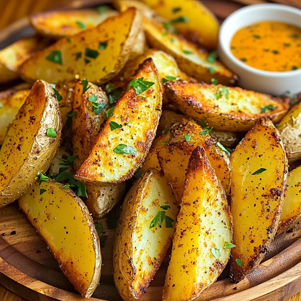 - 4 medium russet potatoes - 3 tablespoons olive oil - 2 tablespoons Cajun seasoning - 1 teaspoon garlic powder - 1 teaspoon onion powder - 1 teaspoon paprika - ½ teaspoon salt - ½ teaspoon black pepper - Fresh parsley (for garnish) Best potatoes for wedges I recommend using russet potatoes. They have a high starch content. This makes them fluffy inside and crispy outside. Look for firm potatoes with smooth skin. Avoid any with soft spots or blemishes. Choosing the right Cajun seasoning Not all Cajun seasonings are the same. Some are mild, while others pack a punch. Check the label for heat level. If you enjoy spice, go for a bold blend. If you prefer milder flavors, choose a seasoning with less heat. You can also make your own blend with spices like paprika, cayenne, and garlic powder. This way, you can control the flavor. Using quality ingredients makes a big difference. You want each bite to burst with flavor. Have fun experimenting with different brands and blends! Preheating the air fryer is key. It helps to cook the potato wedges evenly. Set your air fryer to 400°F (200°C) and let it warm up for about 5 minutes. This simple step locks in the crispy texture you want. Start by washing the russet potatoes well. Cut them into wedges. Aim for even sizes; this helps them cook at the same rate. In a large bowl, add the olive oil to the wedges. Mix well so every piece gets coated. This oil is crucial for crispiness. Next, add the Cajun seasoning, garlic powder, onion powder, paprika, salt, and black pepper. Toss everything together. Make sure each wedge is covered in the spices. This step adds big flavor to your wedges. Now, it's time to arrange the wedges in the air fryer. Place them in a single layer. Do not crowd them; this keeps them crisp. If you have a smaller basket, cook in batches. Air fry the potato wedges for about 15-20 minutes. Shake the basket halfway through cooking. This helps them brown and crisp up on all sides. Check for doneness by looking for a golden-brown color. When they look perfect, carefully take them out. Serve them hot, garnished with fresh parsley for a pop of color. To make your potato wedges extra crispy, follow these tips: - Use starchy potatoes: Russet potatoes work best. Their high starch content helps create a crispy skin. - Soak the wedges: Soak the cut wedges in cold water for 30 minutes. This removes excess starch and leads to a better texture. - Dry thoroughly: After soaking, pat the wedges dry with a clean towel. Moisture will prevent crispiness. - Don't overcrowd: When placing the wedges in the air fryer, arrange them in a single layer. Crowding can lead to steaming instead of crisping. - Shake it up: Halfway through cooking, shake the basket. This ensures even cooking and enhances crispiness. Common mistakes to avoid: - Skipping the preheat: Always preheat your air fryer. This step helps the wedges start cooking immediately. - Using too much oil: Too much oil makes the wedges soggy. Stick to the recommended amount for a perfect crunch. To amp up the flavor of your Cajun potato wedges, consider these options: - Add more spices: Try cayenne pepper for heat or smoked paprika for a deeper flavor. - Fresh herbs: Toss in some dried oregano or thyme for a fragrant touch. - Zesty twist: A little lemon zest adds brightness and complements the spices well. For a homemade Cajun seasoning, mix these ingredients: - 1 tablespoon paprika - 1 teaspoon cayenne pepper - 1 teaspoon garlic powder - 1 teaspoon onion powder - 1 teaspoon dried oregano - 1 teaspoon thyme - ½ teaspoon black pepper - ½ teaspoon salt This blend gives a bold flavor that elevates your potato wedges. Feel free to adjust the heat by adding more or less cayenne. Enjoy your crispy, flavorful treats! {{image_2}} If you want to spice up your Cajun potato wedges, try different seasonings. For heat lovers, add cayenne pepper or chili powder. This will give your wedges a nice kick. You can also mix in some smoked paprika for a deeper flavor. If you prefer herbs, consider using Italian seasoning or dried thyme. This blend adds a fresh twist to your dish. You can even try a mix of lemon zest and dill for a bright flavor. You can make these tasty wedges in different ways. If you want an oven-baked version, preheat your oven to 425°F (220°C). Arrange the seasoned wedges on a baking sheet. Bake for about 25-30 minutes. Flip them halfway through for even cooking. For those who love deep frying, heat oil in a pot to 350°F (175°C). Fry the wedges in small batches until golden brown, about 5-6 minutes. Drain on paper towels before serving. Enjoy your crispy treats! To keep your Cajun potato wedges fresh, store them in an airtight container. This helps prevent them from becoming soggy. Place them in the fridge if you plan to eat them within a few days. For longer storage, you can freeze them. To freeze, let the wedges cool completely. Then, spread them on a baking sheet in a single layer. Freeze until solid, then transfer them to a freezer bag. This method keeps them from sticking together. When you are ready to enjoy your leftovers, you want them crispy again. The best way to reheat them is in the air fryer. Preheat your air fryer to 375°F (190°C). Place the potato wedges in a single layer. Heat for about 5 to 7 minutes. You can check them to see if they are hot and crispy. This method gives you the best texture compared to a microwave, which can make them soft. Cook potato wedges in the air fryer for 15-20 minutes. Shake the basket halfway for even cooking. For softer wedges, add a few extra minutes. If you want them crispier, check every couple of minutes. Remember, cooking time can vary by air fryer model. Yes, you can use sweet potatoes. They are sweeter and softer than russet potatoes. Sweet potatoes may need about 5 minutes less cooking time. Check for doneness by piercing with a fork. Adjust cooking time based on your preference for texture. Some great dips for Cajun potato wedges include: - Zesty ranch - Smoky chipotle mayo - Garlic aioli - Spicy ketchup You can make a simple ranch by mixing ranch dressing with hot sauce. For chipotle mayo, mix mayo with chipotle sauce for a smoky kick. Enjoy experimenting with your favorite sauces! You’ve learned all about making crispy Cajun potato wedges in the air fryer. We covered key ingredients, preheating, and cooking steps. I shared tips for crispiness and different flavor options. Whether you stick with classic Cajun seasoning or try something spicy, these wedges are a win for any meal. Now, it’s your turn to create and enjoy these tasty treats. Don't forget to share your results!