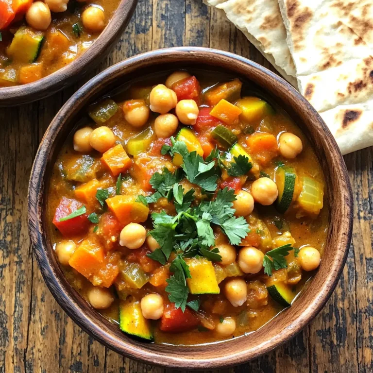 For this stew, you need key ingredients that make it rich and tasty. Here’s what you need: - 2 cups canned chickpeas, drained and rinsed - 1 large onion, diced - 2 cloves garlic, minced - 2 medium carrots, diced - 1 red bell pepper, diced - 1 zucchini, diced - 1 can (14 oz) diced tomatoes - 2 cups vegetable broth - 2 tsp ground cumin - 2 tsp ground coriander - 1 tsp smoked paprika - 1/2 tsp ground cinnamon - 1/2 tsp cayenne pepper (optional) - 1/4 cup dried apricots, chopped - 1/4 cup raisins - 2 tablespoons olive oil - Salt and pepper to taste - Fresh cilantro or parsley for garnish These ingredients create a base full of flavor and texture. The chickpeas add protein, while the veggies bring color and nutrients. To make the stew more special, you can add some extra ingredients. Here are a few ideas: - A squeeze of lemon juice for brightness - A pinch of turmeric for earthiness - A dash of soy sauce for umami These additions can really boost your stew's taste. Experiment and find what you enjoy most! If you don't have some ingredients, don't worry! Here are some easy swaps: - Use sweet potatoes instead of carrots for a different flavor. - Swap the zucchini with eggplant or squash. - Replace canned tomatoes with fresh ones if you prefer. - Use any beans if you’re out of chickpeas. These substitutions keep your stew fun and flexible. Cooking should fit your taste and what you have at home! Start by gathering your ingredients. You will need: - 2 cups canned chickpeas, drained and rinsed - 1 large onion, diced - 2 cloves garlic, minced - 2 medium carrots, diced - 1 red bell pepper, diced - 1 zucchini, diced - 1 can (14 oz) diced tomatoes - 2 cups vegetable broth - 2 tsp ground cumin - 2 tsp ground coriander - 1 tsp smoked paprika - 1/2 tsp ground cinnamon - 1/2 tsp cayenne pepper (optional) - 1/4 cup dried apricots, chopped - 1/4 cup raisins - 2 tablespoons olive oil - Salt and pepper to taste - Fresh cilantro or parsley for garnish Next, heat 2 tablespoons of olive oil in a medium skillet over medium heat. Add the diced onion and sauté for about 5 minutes. You want the onion to become soft and slightly golden. Then, stir in the minced garlic and cook for one more minute. This step adds great flavor. Now, transfer the onion and garlic mix into the slow cooker. Add the chickpeas, carrots, red bell pepper, zucchini, and diced tomatoes. Pour in 2 cups of vegetable broth. Next, sprinkle in the ground cumin, coriander, smoked paprika, cinnamon, and cayenne pepper if you like some heat. Toss in the chopped apricots and raisins for sweetness. Stir everything well to mix the flavors. Season with salt and pepper to taste. Cover the slow cooker with the lid. Cook on low heat for 6-8 hours or on high heat for 3-4 hours. Your stew is ready when the veggies are tender and the flavors blend well. Before serving, take a moment to taste the stew. Adjust the seasoning if needed. This is key to achieving the right flavor balance. Ladle the stew into vibrant bowls. For a beautiful finish, garnish with fresh cilantro or parsley. Serve it warm alongside pita or couscous for a lovely meal. Enjoy the rich flavors and textures of your Moroccan chickpea stew! To make your stew pop, use fresh spices. Ground spices lose flavor over time. Try to grind whole spices for the best taste. Adding fresh herbs at the end gives a nice lift. I love adding cilantro or parsley for a burst of flavor. Serve the stew in bright bowls. Garnish with fresh herbs for a lovely look. Pair it with warm pita or fluffy couscous. You can also add a side salad for crunch. A dollop of yogurt on top adds creaminess and tang. If you like spice, add more cayenne pepper. Start with a little and taste before adding more. If you prefer mild, skip the cayenne. You can balance heat with a squeeze of lemon juice. This adds freshness and cuts through any heat. {{image_2}} This stew is great for both vegetarians and vegans. The main ingredient is chickpeas, a great source of protein. To keep it vegan, use vegetable broth. If you want a vegetarian twist, add cheese or yogurt on top when serving. Both options taste amazing and are very filling. For meat lovers, adding chicken or sausage can enhance the stew. Use diced chicken breast or thighs for a tender bite. Cook it in the slow cooker with the other ingredients. If you enjoy sausage, choose a spicy or mild type to match your taste. Both choices add depth and flavor to the dish. Feel free to mix in other veggies. Sweet potatoes or potatoes add a nice creaminess. Spinach or kale can boost the nutritional value. Peas or corn add a pop of color and sweetness. Each veggie brings its own flavor, making your stew unique. Experiment with what you have on hand for fun new tastes. To keep your Moroccan chickpea stew fresh, let it cool. Once cool, transfer it to an airtight container. Make sure to seal it tightly. Store the container in the fridge. It can last for about three to five days. If you want to enjoy it later, freezing is a great option. When you are ready to eat the stew again, take it out of the fridge. Pour it into a pot and heat it on the stove. Stir it often to make sure it heats evenly. You can also reheat it in the microwave. Use a microwave-safe bowl and cover it loosely. Heat in short bursts, stirring in between. This keeps the stew from drying out. If you want to freeze the stew, use a freezer-safe container. Pour the cooled stew in, leaving some space at the top. This space helps when it expands while freezing. Label the container with the date. It can last up to three months in the freezer. When you’re ready to eat it, thaw it in the fridge overnight. Reheat it on the stove or in the microwave. Enjoy a warm, comforting meal whenever you want! Yes, you can use dried chickpeas. They will need soaking first. Soak them overnight in water. After soaking, cook them until soft before adding to the stew. This step adds a richer taste and texture. This stew lasts about 5 days in the fridge. Store it in an airtight container. Make sure it cools completely before sealing. This helps keep the flavors fresh and vibrant. You can serve it with warm pita bread or fluffy couscous. A side of rice also pairs well. Fresh herbs like cilantro or parsley add a pop of color and flavor. Try a simple salad for extra crunch. This blog post covered the key ingredients, steps, and tips for making Slow Cooker Moroccan Chickpea Stew. You learned about essential ingredients, how to enhance flavor, and variations to suit your taste. Remember, cooking is fun and flexible. Don’t hesitate to try new ingredients or adjust the heat. Enjoy your stew fresh or save it for later, knowing it will still taste great. Cooking should bring joy, so dive in and create something delicious!