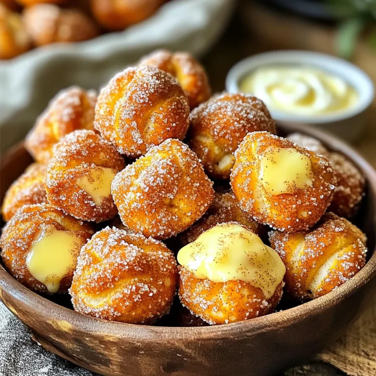 - 1 ¼ cups warm water (110°F) - 1 packet (2 ¼ teaspoons) active dry yeast - 2 tablespoons granulated sugar - 3 ¼ cups all-purpose flour - 1 teaspoon salt - ½ cup baking soda - ½ cup unsalted butter, melted - ¾ cup granulated sugar (for coating) - 2 teaspoons ground cinnamon To make bakery-style cinnamon sugar pretzel bites, we need a few key ingredients. First, warm water helps activate the yeast. The yeast is crucial; it makes the dough rise. We mix in some sugar for sweetness. Next, all-purpose flour provides the dough's base. Salt adds flavor. Baking soda is vital for boiling, giving the pretzels their classic taste. Melted butter makes the bites rich and helps the sugar stick. For the sweet topping, we need granulated sugar and ground cinnamon, which give our pretzel bites their delightful flavor. - Mixing bowl - Slotted spoon - Baking sheet - Parchment paper - Dough roller You will also need a few tools. A mixing bowl is essential to combine your ingredients. A slotted spoon helps remove the pretzel bites from boiling water. A baking sheet lined with parchment paper ensures easy cleanup and prevents sticking. Lastly, a dough roller helps shape your pretzel bites perfectly. With these ingredients and tools ready, you can start making delicious pretzel bites! 1. Start by combining warm water, yeast, and 2 tablespoons of sugar in a large bowl. Stir gently. 2. Let this mix sit for about 5 minutes. You will see it become frothy. 3. Next, add the all-purpose flour and salt into the yeast mixture. Mix until a soft dough forms. 4. Knead the dough on a floured surface for about 5 minutes. It should feel smooth and elastic. 1. Place the dough in a greased bowl. Cover it with a damp cloth. 2. Let the dough rise in a warm place. This will take around 1 hour. 3. The dough is ready when it has doubled in size. You can poke it gently. If it springs back, it’s ready! 1. Preheat your oven to 450°F (230°C) and line a baking sheet with parchment paper. 2. In a large pot, bring 8 cups of water and ½ cup of baking soda to a boil. 3. Once the dough has risen, punch it down and divide it into 8 equal pieces. 4. Roll each piece into a long rope, about 12 inches. Cut each rope into 1-2 inch pieces. 5. Carefully drop the pretzel bites into the boiling water for about 30 seconds. Use a slotted spoon to remove them. 6. Allow excess water to drain off. Place the boiled bites on the prepared baking sheet. 7. Brush each bite with melted butter. 8. In a small bowl, mix ¾ cup of sugar and 2 teaspoons of cinnamon. Sprinkle this mixture over the pretzel bites. 9. Bake for 10-12 minutes, or until they are golden brown. 10. Let them cool slightly before serving. Enjoy these warm and delicious bites! To get soft and chewy pretzel bites, kneading is key. Knead the dough for about 5 minutes. This helps develop gluten, giving your pretzel bites the right chew. You should feel the dough become smooth and elastic under your hands. For the dough to rise well, find a warm spot in your kitchen. Cover the dough with a damp cloth to keep it moist. It should double in size in about an hour. If your kitchen is cold, try placing the bowl near a warm oven. To spice things up, try adding different seasonings. You can mix in some vanilla for a sweet twist. Or, add a dash of nutmeg for a warm flavor. Don't forget to experiment with your sugar coating too. You can roll the bites in a mix of sugar and cocoa powder. For dipping, I recommend cream cheese icing or rich chocolate sauce. Both add a great contrast to the sweet cinnamon. You might also enjoy a tangy yogurt dip for a fresh taste. Serve your pretzel bites in a big, fun bowl. This makes them look inviting and ready to eat. You can also arrange them on a platter with small bowls of dips. For a gorgeous finish, sprinkle a little sea salt on top before serving. You can even add a light dusting of powdered sugar for a touch of sweetness. This helps make your pretzel bites look as good as they taste! {{image_2}} You can make your cinnamon sugar pretzel bites even more exciting! Try adding chocolate chips for a sweet twist. Just mix in 1 cup of chocolate chips after you knead the dough. This change makes each bite a delightful surprise. Another fun option is apple cinnamon pretzel bites. Chop one medium apple into small pieces. Mix the apple pieces with 1 tablespoon of sugar and 1 teaspoon of cinnamon. Fold the apple mixture into the dough before shaping it into bites. The fruity flavor pairs well with the cinnamon sugar coating. If you prefer savory flavors, consider cheese-stuffed pretzel bites. Use string cheese or your favorite cheese. Cut the cheese into small sticks. When shaping the dough, wrap it around the cheese pieces to create cheesy bites. They bake up gooey and delicious! You can also try garlic herb pretzel bites. Mix 2 teaspoons of garlic powder and 1 teaspoon of Italian herbs into the dough when you mix in the flour. This adds a nice savory flavor. Brush the baked bites with melted butter and sprinkle with garlic salt. Want to make gluten-free pretzel bites? You can use a gluten-free flour blend instead of all-purpose flour. Choose a blend that works for baking. This change helps keep the texture light and fluffy. Follow the same steps in the recipe. Enjoy your gluten-free treat! To keep your pretzel bites fresh, store them at room temperature. Place them in an airtight container. This method retains their softness and flavor. They will stay good for about two days. Make sure to keep them away from heat and sunlight. If you need to store them longer, refrigeration is an option. However, this may change their texture. Wrap the bites in plastic wrap or foil before placing them in the fridge. Eat them within a week for the best taste. To freeze pretzel bites, let them cool completely. Arrange them in a single layer on a baking sheet. Place this sheet in the freezer for about an hour. After they are frozen, transfer them to a freezer bag. Remove as much air as possible. This helps prevent freezer burn. They can be stored for up to three months. For thawing, take the pretzel bites out of the freezer. Leave them in the fridge overnight or at room temperature for a few hours. To reheat, place them in a 350°F oven for about 5-7 minutes. This restores their warmth and texture. Enjoy them fresh! You can use instant yeast or fresh yeast. Instant yeast works well without proofing. Just mix it into your dry ingredients. Fresh yeast can also be used but requires about 3 times the amount of active dry yeast. If you use 1 packet of active dry yeast, use about 2 tablespoons of fresh yeast. Your dough is ready when it doubles in size. You can press your finger into the dough lightly. If the indent stays, it has risen enough. If it springs back, let it rise a bit longer. A warm place helps the dough rise faster. Yes, you can prepare the dough ahead of time. After kneading, cover it and place it in the fridge for up to 24 hours. When you’re ready, let it sit at room temperature until it doubles in size. You can also bake the pretzel bites, cool them, and store them in an airtight container. Reheat them in the oven before serving for best results. This article covered everything you need to make delicious pretzel bites. You learned about the key ingredients, the right equipment, and the step-by-step instructions for success. I shared tips to enhance flavor and texture, along with fun variations. Proper storage and freezing techniques keep your pretzel bites fresh. With these methods, you can create tasty snacks for any occasion. So, roll up your sleeves and enjoy this fun baking adventure!