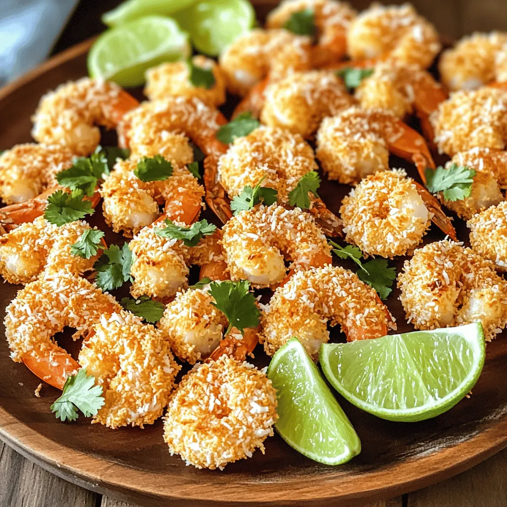 To make Air Fryer Coconut Shrimp, gather these key ingredients: - 1 pound large shrimp, peeled and deveined - 1 cup all-purpose flour - 2 large eggs, beaten - 1 cup shredded coconut (unsweetened) - 1 cup panko breadcrumbs - 1 teaspoon garlic powder - 1 teaspoon paprika - 1/2 teaspoon salt - 1/2 teaspoon black pepper - Coconut oil spray (for greasing) - Lime wedges (for serving) When selecting shrimp, freshness is key. Look for shrimp that: - Have a mild, clean smell. - Are firm to the touch and not slimy. - Have a glossy appearance. - Are still in their shells for maximum freshness. If you can, buy shrimp from a trusted source. You can also ask your fishmonger about the catch date. Fresh shrimp should be the best for your recipe. If you need gluten-free options, here are some swaps you can use: - Replace all-purpose flour with almond flour or a gluten-free flour blend. - Use gluten-free panko breadcrumbs for the coating. - For a nut-free option, use crushed cornflakes instead of panko. These alternatives will still give you crispy and tasty shrimp without the gluten. Enjoy your cooking! To make great coconut shrimp, start with fresh shrimp. Rinse one pound of large shrimp under cold water. This helps remove any grit. Next, pat the shrimp dry using paper towels. Dry shrimp hold the coating better. You want them ready for the breading. Now, set up your breading station. Grab three bowls. In the first bowl, add one cup of all-purpose flour. This will be your first coating. In the second bowl, beat two large eggs. This is your binding agent. In the third bowl, mix one cup of shredded coconut, one cup of panko breadcrumbs, one teaspoon of garlic powder, one teaspoon of paprika, half a teaspoon of salt, and half a teaspoon of black pepper. This mixture gives the shrimp a tasty crunch. Next, preheat your air fryer to 380°F (193°C). This should take about five minutes. While it heats, dredge each shrimp in flour, shaking off any extra. Then dip the shrimp in the beaten eggs. Finally, coat the shrimp in the coconut-panko mix. Press gently to make sure it sticks well. Once your shrimp are breaded, lightly spray the air fryer basket with coconut oil. This stops the shrimp from sticking. Arrange the shrimp in a single layer, leaving space between each piece. Air fry them for about 8-10 minutes. Flip the shrimp halfway through cooking. They should turn golden brown and crispy. Cooking times may differ based on your air fryer, so keep an eye on them. After cooking, remove the shrimp and let them rest for one minute. Serve with lime wedges for a fresh burst of flavor. Enjoy your crispy, delightful coconut shrimp! To get crispy coconut shrimp, follow these steps closely. First, rinse the shrimp well and pat them dry. This helps the coating stick. Use fresh, large shrimp for the best flavor. When you coat the shrimp, do it in this order: flour, egg, then coconut-panko mix. Press gently to make sure the coating sticks. Preheat your air fryer to 380°F (193°C). This step is key to perfect crispness. Place the shrimp in a single layer in the basket. Make sure they are not touching each other. This allows hot air to circulate and cook them evenly. Spray the basket lightly with coconut oil. This helps create that golden crisp. Avoid overcrowding the air fryer basket. If you put too many shrimp in at once, they won’t cook well. Each shrimp needs space for hot air to flow. Also, don’t skip preheating. It makes a big difference in cooking time and texture. Keep an eye on the shrimp while they cook, flipping them halfway through. This helps them brown evenly. For sides, fresh salad or coleslaw pairs well with coconut shrimp. You can also serve them with rice or quinoa for a filling meal. For dipping sauces, sweet chili sauce adds a nice kick. A homemade lime aioli is a tasty option too. Just mix mayonnaise with lime juice and zest for a creamy dip. Serve lime wedges on the side for an extra zesty flavor. {{image_2}} To give your coconut shrimp a kick, try adding spice. Mix in cayenne pepper or hot sauce. You can sprinkle cayenne into the flour or the coconut-panko mix. This adds heat without changing the texture. Make sure to taste as you go. You want a nice balance of heat and flavor. If you prefer baking, you can still achieve crunch. Preheat your oven to 400°F (200°C). Place the shrimp on a lined baking sheet. Spray them lightly with coconut oil. Bake for about 15-20 minutes, flipping halfway. Keep an eye on them until golden brown. They may not be as crispy as air-fried, but they'll still taste great. You can experiment with coatings to change the flavor. Almond flour gives a nutty taste. Cornflakes add a fun crunch. For almond flour, use it just like you would flour. For cornflakes, crush them slightly for better adhesion. Each option offers a unique twist to the classic recipe. Enjoy the creativity in your cooking! To keep your leftover coconut shrimp fresh, place them in an airtight container. Make sure the shrimp cool completely before sealing the container. Store your shrimp in the fridge for up to 2 days. This method helps maintain their crunch and flavor. When you're ready to enjoy your leftover shrimp, use your air fryer for reheating. Set it to 350°F (175°C). Cook the shrimp for about 4-5 minutes. This helps restore their crispy texture. You can also use an oven, but the air fryer gives the best results. If you want to save coconut shrimp for later, freezing is a great option. First, let the shrimp cool completely. Then, arrange them in a single layer on a baking sheet. Freeze them for about 1-2 hours. Once frozen, transfer them to a freezer-safe bag or container. They can last up to 3 months in the freezer. When you're ready, cook them straight from frozen in the air fryer. Adjust the cooking time to about 12-15 minutes for best results. Cooking coconut shrimp in an air fryer takes about 8 to 10 minutes. I suggest preheating your air fryer to 380°F (193°C) before cooking. This ensures even heat distribution. Check the shrimp halfway through and flip them. This helps them cook evenly and get crispy on both sides. Cooking time may vary based on your air fryer model, so keep an eye on them. Yes, you can use frozen shrimp! Just make sure to thaw them first. Place the frozen shrimp in the fridge overnight or run them under cold water. After thawing, rinse and dry them well. This step is key for getting the coating to stick. Once the shrimp are dry, you can follow the same steps for breading and cooking. I love pairing coconut shrimp with dipping sauces for extra flavor. Here are some great options: - Sweet chili sauce - Lime aioli - Mango chutney - Spicy remoulade - Honey mustard sauce These sauces add a nice contrast to the crispy, sweet shrimp. Try them all and find your favorite! This blog post covers everything you need for air fryer coconut shrimp. You learned about ingredient choices, tips for fresh shrimp, and alternatives. We walked through easy steps for preparation and cooking. I shared tips for crispy shrimp and how to avoid common mistakes. You also found variations and storage advice for leftovers. Remember, making this dish can be simple and fun. With practice, you’ll impress everyone with your tasty coconut shrimp. Enjoy your cooking adventure!