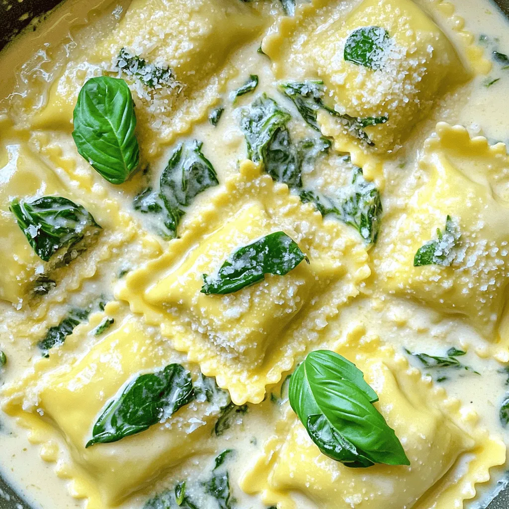 To make this dish, you need some key items. Here’s a quick list: - 12 oz fresh or frozen spinach ravioli - 2 cups fresh spinach, roughly chopped - 1 cup heavy cream - 1 cup vegetable broth - 1/2 cup grated Parmesan cheese - 2 tablespoons olive oil - 2 cloves garlic, minced - 1 teaspoon Italian seasoning - Salt and pepper to taste - Fresh basil leaves for garnish These ingredients create a rich and creamy dish. The ravioli gives it a nice texture, while spinach adds freshness. If you want to mix things up, consider these options. You can use different types of ravioli, like cheese or mushroom. For the broth, try chicken broth for a deeper flavor. You can also swap heavy cream for a lighter option like half-and-half or coconut cream. Feel free to add more veggies too. Peas or sun-dried tomatoes can add extra taste and color. When picking ravioli, look for fresh options if you can. Fresh ravioli cooks quickly and tastes great. Frozen ravioli is a good choice too. It’s convenient and lasts longer. Always check the filling. A flavorful filling enhances the dish. If you can, select ravioli made with high-quality ingredients. This will make your meal taste even better. Start by gathering all your ingredients. You will need: - 12 oz fresh or frozen spinach ravioli - 2 cups fresh spinach, roughly chopped - 1 cup heavy cream - 1 cup vegetable broth - 1/2 cup grated Parmesan cheese - 2 tablespoons olive oil - 2 cloves garlic, minced - 1 teaspoon Italian seasoning - Salt and pepper to taste - Fresh basil leaves for garnish Chop the spinach and mince the garlic. This makes cooking faster and easier. In a large pot or deep skillet, add the olive oil. Heat it over medium heat for a minute. Next, add the minced garlic and sauté for 1-2 minutes. Keep an eye on it so it doesn’t burn. Now, pour in the vegetable broth. Bring this to a gentle simmer. Once it bubbles, add the spinach ravioli. Cook them according to the package instructions. Fresh ravioli takes about 3-4 minutes. Frozen ravioli usually takes 5-7 minutes. After the ravioli cook, stir in the heavy cream and chopped spinach. Mix everything well. Add the grated Parmesan cheese next. Sprinkle in the Italian seasoning. Stir continuously until the sauce becomes creamy and the cheese melts. Season with salt and pepper to your taste. Remove the pot from heat. Let it sit for a couple of minutes. This helps the dish thicken a bit. When serving, scoop the creamy ravioli into bowls. Garnish with fresh basil leaves for color and flavor. Enjoy your delicious One-Pot Creamy Spinach Ravioli! When making One-Pot Creamy Spinach Ravioli, some mistakes pop up often. One big issue is overcooking the ravioli. If you cook them too long, they can become mushy. Always check the package for the right cooking time. Another mistake is not stirring enough. Stirring helps mix the flavors and keeps the ravioli from sticking. Lastly, don't skip the seasoning. Salt and pepper can make a big difference in taste. To make this dish even better, you can add some zest. A squeeze of lemon juice brightens the dish. You can also try adding red pepper flakes for some heat. Fresh herbs, like thyme or parsley, add a nice touch too. For a richer flavor, consider using a mix of cheeses. Try combining Parmesan with mozzarella or goat cheese. Each adds a unique twist to your ravioli. If you are short on time, use frozen ravioli. They cook quickly and save you prep time. You can also chop your spinach ahead of time. Keep it ready in the fridge. Another tip is to use a store-bought sauce. This can save time and still taste great. Lastly, clean as you go. This helps keep your workspace tidy and makes for a smooth cooking process. {{image_2}} For a tasty twist, try adding more veggies. You can mix in bell peppers, mushrooms, or zucchini. These add flavor and color. You might also add protein. Chickpeas or white beans work well. They give a nice texture and boost the meal. If you want to switch up the sauce, consider using pesto. Pesto gives a fresh taste. You can also use a tomato-based sauce for a different vibe. A little lemon juice can add brightness too. Just mix it in at the end for a nice zing. If you need gluten-free options, look for rice or corn-based ravioli. These cook just like regular ravioli. Another great choice is using gnocchi. Gnocchi pairs well with the creamy sauce. You can enjoy the same flavors while keeping it gluten-free. To keep your One-Pot Creamy Spinach Ravioli fresh, store it in an airtight container. Use glass or plastic containers with secure lids. Make sure the dish cools down before sealing. This helps prevent condensation, which can make it soggy. You can keep it in the fridge for up to three days. If you notice any changes in smell or texture, it’s best to throw it away. When you’re ready to enjoy your leftovers, reheat them on the stove. Place the ravioli in a skillet over low heat. Add a splash of vegetable broth or cream to keep it creamy. Stir gently until it heats through. This method helps maintain flavor and texture. If you prefer the microwave, use a microwave-safe dish. Heat in short bursts, stirring in between to avoid hot spots. If you want to save your dish for later, freezing is a great option. First, let the ravioli cool completely. Then, transfer it to a freezer-safe container. You can also use freezer bags, but remove as much air as possible. Label the bags with the date for easy tracking. Your ravioli can stay fresh in the freezer for up to three months. When you’re ready to eat, thaw it overnight in the fridge before reheating. To make this dish from scratch, you need to prepare the ravioli dough first. Combine flour, eggs, and salt in a bowl. Knead it until smooth, then roll it out thinly. Cut into squares and fill with a mix of spinach and cheese. Seal the edges tightly. Cook the fresh ravioli in boiling water for about 3-4 minutes. Then follow the recipe steps to make the creamy sauce. Yes, you can use frozen spinach. Just make sure to thaw and drain it well. Frozen spinach is convenient and saves time. It still gives you a great taste and texture in your dish. If you want to avoid heavy cream, use half-and-half or whole milk. You can also try coconut cream for a dairy-free option. Each choice will give a different flavor, but they all work well in this recipe. Cooking time for ravioli depends on whether it's fresh or frozen. Fresh ravioli takes about 3-4 minutes. Frozen ravioli usually takes about 5-7 minutes. Always check the package for specific cooking times. Making One-Pot Creamy Spinach Ravioli is simple and rewarding. We explored key ingredients, prep steps, and cooking tips. You learned how to avoid common mistakes and enhance flavors. We also covered easy variations and storage tips for leftovers. In conclusion, this dish is tasty and flexible. Feel free to experiment with ingredients. You’ll create a meal that suits your taste and fits your schedule. Enjoy cooking and sharing this comforting dish with others!
