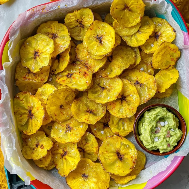 - 2 ripe green plantains - 1 tablespoon olive oil (or coconut oil) - ½ teaspoon sea salt - ¼ teaspoon paprika (optional for a smoky flavor) - ¼ teaspoon garlic powder (optional for extra flavor) 1. Peeling plantains: Start by cutting off both ends of the plantains. Then, make a shallow cut along the skin. Carefully peel off the skin to reveal the flesh. 2. Slicing technique: Slice the plantains at an angle. Aim for thin slices, about 1/8 inch thick. Thin slices help your chips get crispy and light. When you gather these ingredients, you will create a tasty and crunchy snack. The ripe green plantains are key. They provide the right texture and flavor. Olive oil or coconut oil helps with crisping. Use your favorite seasoning to add personal flavor. Sea salt, paprika, and garlic powder work well together. Experiment with these options to find your favorite mix! Start by peeling the plantains. Cut off both ends. Next, make a shallow cut along the skin. Gently lift the skin off to reveal the flesh. Now, slice the plantains thinly. Aim for slices about 1/8 inch thick. This thickness helps them crisp up nicely. Once you have your slices, place them in a mixing bowl. Drizzle 1 tablespoon of olive oil over the slices. Toss them gently to coat each slice with oil. Now, sprinkle ½ teaspoon of sea salt, ¼ teaspoon of paprika, and ¼ teaspoon of garlic powder over the plantains. Toss again to spread the seasonings evenly. Preheat your air fryer to 350°F (175°C). This step is key for crispiness. After preheating, add the plantain slices to the fryer basket. Lay them in a single layer. Avoid overlapping to ensure even cooking. Air fry the plantains for 12-15 minutes. Shake the basket halfway through to ensure all sides cook evenly. Watch for a golden color. They should be crispy but not too brown. Once done, take them out and let them cool slightly. They will get crispier as they cool. To get crispy plantain chips, slice them thin. Aim for about 1/8 inch thick. Thin slices cook better and get crispier. If you cut them too thick, they may turn out chewy. Arrange the slices in a single layer in the air fryer basket. Overlapping them can lead to uneven cooking. If you have many slices, cook them in batches. This way, every chip has a chance to crisp up. Watch your chips closely as they cook. Look for a golden color as a sign they are done. The chips should be firm and break easily. If you see browning, take them out. They can go from golden to burnt fast. Let the chips cool slightly after cooking. Cooling helps them crisp up even more. If you skip this step, they may not be as crunchy. Place them in a single layer on a wire rack to cool. This allows air to circulate and keeps them crispy. {{image_2}} You can make plantain chips more exciting with different flavors. Try a spicy mix by adding chili powder or cayenne pepper. If you prefer herbs, use dried rosemary or thyme. Just sprinkle your chosen spices after adding oil. Toss the plantains well to coat them evenly. This way, every chip has bold flavor. If you don’t have an air fryer, you can use your oven. Slice the plantains as you would for the air fryer. Lay them flat on a baking sheet. Drizzle with oil and season as desired. Bake at 425°F (220°C) for about 20-25 minutes. Flip them halfway through for even cooking. The chips won’t be as crispy as air-fried ones, but they will still be tasty. Plantain chips taste great with dips. Serve them with guacamole for a creamy contrast. Salsa adds a fresh kick to the crunch. You can also try them with hummus or a zesty yogurt dip. Place the chips in a colorful basket. This makes for a fun and inviting snack display. Enjoy your crispy chips with friends or family! To keep your plantain chips crispy, store them in an airtight container. This method keeps moisture out, which helps maintain that crunch. You can also add a piece of parchment paper in the container to absorb any extra moisture. Avoid stacking the chips; this can lead to sogginess. If your chips lose their crunch, you can revive them easily. Preheat your air fryer to 350°F (175°C). Place the chips in the basket in a single layer. Air fry them for about 3 to 5 minutes. This will help restore their crispiness without burning them. You can store air fryer plantain chips for about 1 week. After that, they might lose their crunch. If you notice any signs of spoilage, it’s best to discard them. For the best taste and texture, enjoy them within the first few days. You can use ripe plantains, but they will taste sweeter. Ripe plantains have a yellow or black skin. They are softer and sweeter than green ones. If you want a crunchy snack, stick with green plantains. They give a more savory flavor and crisp texture. To keep your chips crispy, use the right amount of oil. Just one tablespoon will do. Too much oil can make them soggy. Also, slice the plantains thinly. Aim for about 1/8 inch thick. This helps them cook evenly. Arrange the slices in a single layer in the air fryer. Avoid stacking them. Shake the basket halfway through cooking. This helps them crisp up all around. These chips pair well with many dips! Guacamole is a great choice. Salsa also goes nicely with them. You can serve them with a spicy dip or even a creamy ranch dressing. For a fun twist, try adding cheese dips or hummus. Enjoy these chips as a snack or with a meal! In this post, I outlined how to make crispy air fryer plantain chips using ripe green plantains, olive oil, and simple spices. I shared steps for preparation, cooking tips, and variations to enhance flavor. Remember, slice thickness and oil make a big difference in crispiness. Experiment with different seasonings and enjoy with your favorite dips. With the right storage, your chips can stay fresh and crunchy for days. Now, you can confidently whip up these tasty snacks anytime!