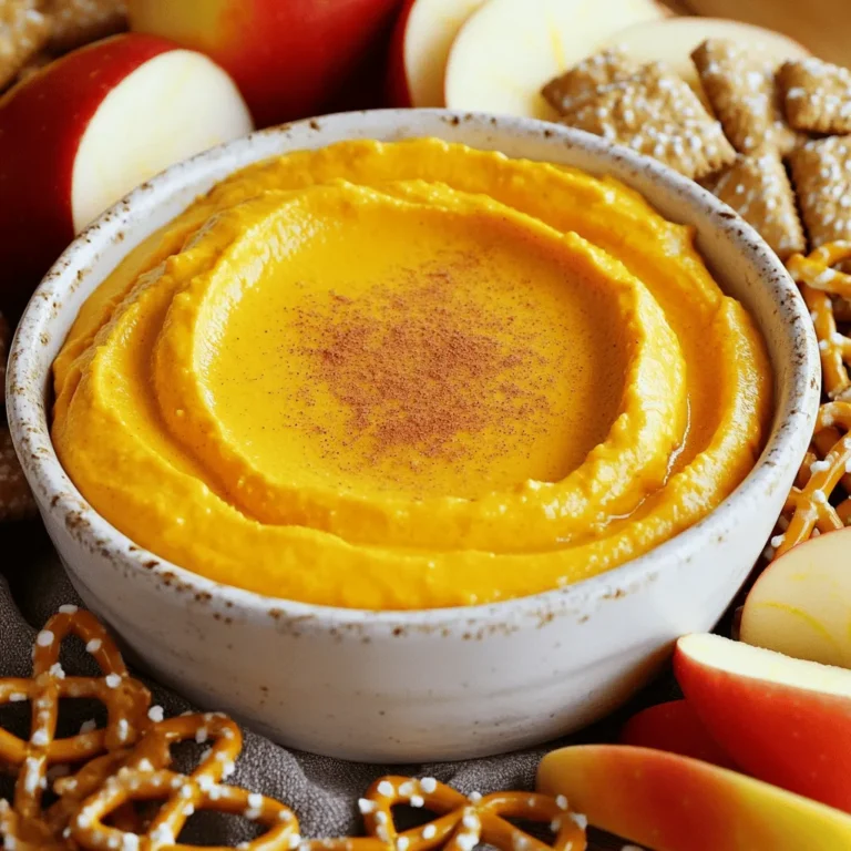 To create the perfect pumpkin spice cheesecake dip, you need a few key ingredients. Here’s the list: - 1 cup cream cheese, softened - 1 cup canned pumpkin puree - ½ cup powdered sugar - 1 teaspoon vanilla extract - 1 teaspoon pumpkin pie spice - ½ teaspoon ground cinnamon - ¼ cup heavy cream - Dippers options: graham crackers, apple slices, or pretzels Each ingredient plays a role. The cream cheese gives it that creamy base. Pumpkin puree adds the fall flavor. Powdered sugar brings sweetness, while vanilla and spices add depth. The heavy cream makes it light and fluffy. You can use graham crackers, apple slices, or pretzels to dip. Each option brings a fun twist to the dish. - Mixing the base: cream cheese and pumpkin Start by taking a large mixing bowl. Add 1 cup of softened cream cheese and 1 cup of canned pumpkin puree. Use a hand mixer to blend until smooth. This creates a creamy base for your dip. - Adding powdered sugar and spices Next, add ½ cup of powdered sugar, 1 teaspoon of vanilla extract, 1 teaspoon of pumpkin pie spice, and ½ teaspoon of ground cinnamon. Mix these on low speed. This step helps blend the flavors together. - Whipping the cream and folding it in In a separate bowl, whip ¼ cup of heavy cream until stiff peaks form. This means the cream should hold its shape well. Gently fold this whipped cream into the pumpkin mixture. This makes your dip light and fluffy. - Adjusting sweetness and spice It's time to taste your dip! If you want it sweeter, add more powdered sugar. If you like it spicier, add more pumpkin pie spice. Mix well after each addition to ensure the flavors blend perfectly. - Recommended chilling time Once your dip is ready, transfer it to a serving bowl. Chill it in the refrigerator for at least 30 minutes. This helps enhance the flavors and gives it a nice, cool texture. - Presentation tips for serving When ready to serve, place the bowl on a nice platter. You can use graham crackers, apple slices, or pretzels for dipping. Arrange the dippers around the bowl. This makes it look inviting and fun to eat! To get the best texture for your dip, start with softened cream cheese. This step makes mixing easy and helps avoid lumps. You can soften it by leaving it out for about 30 minutes before you start. Next, whip the heavy cream until it forms stiff peaks. This makes the dip light and fluffy. Use a clean bowl and beaters for this step. Gently fold the whipped cream into the pumpkin mixture. This method keeps the dip airy and smooth. You can customize the sweetness and spice levels to match your taste. If you like it sweeter, add more powdered sugar. For a stronger spice flavor, mix in more pumpkin pie spice. Consider adding fun mix-ins too! Chocolate chips or chopped nuts can add great texture. Experiment with different flavors to find your perfect dip. {{image_2}} You can switch up the spices in this dip. Try using nutmeg or allspice for a unique taste. You can also mix in different flavored cream cheese. A maple or caramel cream cheese adds a nice twist. Just blend it with the pumpkin for a tasty surprise. Experimenting with spices can elevate your dip. Each blend brings out different flavors, making it fun to try new things. For a vegan or dairy-free version, swap out the cream cheese. Use a plant-based cream cheese made from nuts or soy. These options work well and keep the dip creamy. You can also choose coconut cream instead of heavy cream. Just chill a can of coconut milk, scoop out the cream, and whip it. This will give you the same fluffy texture. These swaps make the dip accessible for everyone to enjoy! To keep your Pumpkin Spice Cheesecake Dip fresh, store it in an airtight container. Place it in the fridge right after serving. This helps maintain its creamy texture and flavor. If you plan to eat it later, consider freezing it. Use a freezer-safe container and leave some space at the top. The dip will expand as it freezes. In the fridge, the dip stays fresh for about 3 to 5 days. Check for signs of spoilage before eating. If you see any mold or if it smells off, toss it. If the texture changes and becomes grainy, it is best to discard it. Enjoy your dip while it’s fresh for the best taste. Yes, you can make this dip ahead of time. It tastes even better after chilling. Simply prepare it a day in advance. Store it in the fridge in an airtight container. You have many tasty options! Try apple slices for a fresh crunch. Pretzels add a nice salty contrast. You can also use vanilla wafers or even ginger cookies for extra flavor. The Pumpkin Spice Cheesecake Dip lasts about 3 to 5 days in the fridge. Make sure to keep it in a sealed container to preserve its creaminess and flavor. Yes, you can easily make it gluten-free! Just choose gluten-free graham crackers or any gluten-free dippers you like. The dip itself is already gluten-free, so you're all set. Pumpkin Spice Cheesecake Dip is easy to make and perfect for gatherings. We covered the key ingredients and step-by-step instructions to create a delicious dip. You can adapt flavors, change textures, and even store it for later. With tips on variations and commonly asked questions, you have all you need to impress. Enjoy sharing this tasty treat with friends and family. Dive in, and let the pumpkin spice goodness shine!