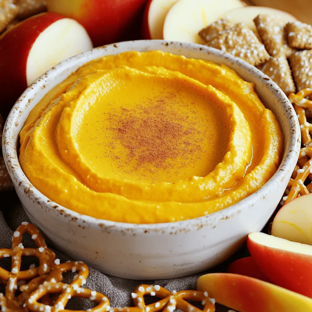 To create the perfect pumpkin spice cheesecake dip, you need a few key ingredients. Here’s the list: - 1 cup cream cheese, softened - 1 cup canned pumpkin puree - ½ cup powdered sugar - 1 teaspoon vanilla extract - 1 teaspoon pumpkin pie spice - ½ teaspoon ground cinnamon - ¼ cup heavy cream - Dippers options: graham crackers, apple slices, or pretzels Each ingredient plays a role. The cream cheese gives it that creamy base. Pumpkin puree adds the fall flavor. Powdered sugar brings sweetness, while vanilla and spices add depth. The heavy cream makes it light and fluffy. You can use graham crackers, apple slices, or pretzels to dip. Each option brings a fun twist to the dish. - Mixing the base: cream cheese and pumpkin Start by taking a large mixing bowl. Add 1 cup of softened cream cheese and 1 cup of canned pumpkin puree. Use a hand mixer to blend until smooth. This creates a creamy base for your dip. - Adding powdered sugar and spices Next, add ½ cup of powdered sugar, 1 teaspoon of vanilla extract, 1 teaspoon of pumpkin pie spice, and ½ teaspoon of ground cinnamon. Mix these on low speed. This step helps blend the flavors together. - Whipping the cream and folding it in In a separate bowl, whip ¼ cup of heavy cream until stiff peaks form. This means the cream should hold its shape well. Gently fold this whipped cream into the pumpkin mixture. This makes your dip light and fluffy. - Adjusting sweetness and spice It's time to taste your dip! If you want it sweeter, add more powdered sugar. If you like it spicier, add more pumpkin pie spice. Mix well after each addition to ensure the flavors blend perfectly. - Recommended chilling time Once your dip is ready, transfer it to a serving bowl. Chill it in the refrigerator for at least 30 minutes. This helps enhance the flavors and gives it a nice, cool texture. - Presentation tips for serving When ready to serve, place the bowl on a nice platter. You can use graham crackers, apple slices, or pretzels for dipping. Arrange the dippers around the bowl. This makes it look inviting and fun to eat! To get the best texture for your dip, start with softened cream cheese. This step makes mixing easy and helps avoid lumps. You can soften it by leaving it out for about 30 minutes before you start. Next, whip the heavy cream until it forms stiff peaks. This makes the dip light and fluffy. Use a clean bowl and beaters for this step. Gently fold the whipped cream into the pumpkin mixture. This method keeps the dip airy and smooth. You can customize the sweetness and spice levels to match your taste. If you like it sweeter, add more powdered sugar. For a stronger spice flavor, mix in more pumpkin pie spice. Consider adding fun mix-ins too! Chocolate chips or chopped nuts can add great texture. Experiment with different flavors to find your perfect dip. {{image_2}} You can switch up the spices in this dip. Try using nutmeg or allspice for a unique taste. You can also mix in different flavored cream cheese. A maple or caramel cream cheese adds a nice twist. Just blend it with the pumpkin for a tasty surprise. Experimenting with spices can elevate your dip. Each blend brings out different flavors, making it fun to try new things. For a vegan or dairy-free version, swap out the cream cheese. Use a plant-based cream cheese made from nuts or soy. These options work well and keep the dip creamy. You can also choose coconut cream instead of heavy cream. Just chill a can of coconut milk, scoop out the cream, and whip it. This will give you the same fluffy texture. These swaps make the dip accessible for everyone to enjoy! To keep your Pumpkin Spice Cheesecake Dip fresh, store it in an airtight container. Place it in the fridge right after serving. This helps maintain its creamy texture and flavor. If you plan to eat it later, consider freezing it. Use a freezer-safe container and leave some space at the top. The dip will expand as it freezes. In the fridge, the dip stays fresh for about 3 to 5 days. Check for signs of spoilage before eating. If you see any mold or if it smells off, toss it. If the texture changes and becomes grainy, it is best to discard it. Enjoy your dip while it’s fresh for the best taste. Yes, you can make this dip ahead of time. It tastes even better after chilling. Simply prepare it a day in advance. Store it in the fridge in an airtight container. You have many tasty options! Try apple slices for a fresh crunch. Pretzels add a nice salty contrast. You can also use vanilla wafers or even ginger cookies for extra flavor. The Pumpkin Spice Cheesecake Dip lasts about 3 to 5 days in the fridge. Make sure to keep it in a sealed container to preserve its creaminess and flavor. Yes, you can easily make it gluten-free! Just choose gluten-free graham crackers or any gluten-free dippers you like. The dip itself is already gluten-free, so you're all set. Pumpkin Spice Cheesecake Dip is easy to make and perfect for gatherings. We covered the key ingredients and step-by-step instructions to create a delicious dip. You can adapt flavors, change textures, and even store it for later. With tips on variations and commonly asked questions, you have all you need to impress. Enjoy sharing this tasty treat with friends and family. Dive in, and let the pumpkin spice goodness shine!