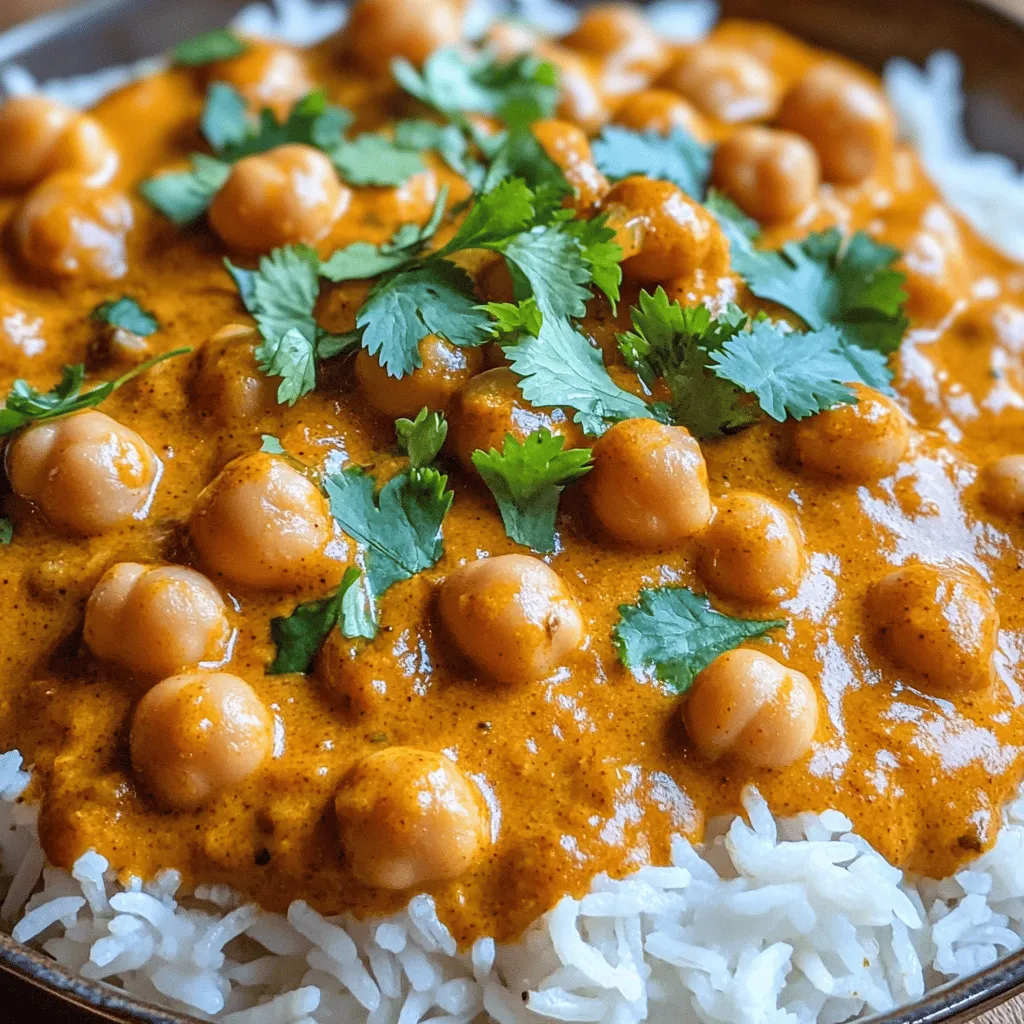 To make Creamy Chickpea Tikka Masala, you'll need the following: - 2 cups canned chickpeas (drained and rinsed) - 1 medium onion, finely chopped - 3 cloves garlic, minced - 1 tablespoon ginger, grated - 1 can (15 oz) crushed tomatoes - 1 cup coconut milk - 2 tablespoons tikka masala spice blend - 1 tablespoon garam masala - 1 teaspoon turmeric powder - 1 teaspoon cumin powder - 1 tablespoon olive oil - Salt and pepper to taste - Fresh cilantro, for garnish - Cooked basmati rice or naan, for serving I love using canned chickpeas for this dish. They are quick and easy. Just drain and rinse them. The onion, garlic, and ginger add a great base. They bring warmth and depth. You can choose fresh or jarred versions based on what you have. Crushed tomatoes give a rich flavor. Coconut milk makes it creamy and smooth. The tikka masala spice blend is key. It brings that classic flavor everyone loves. Garam masala, turmeric, and cumin add more layers. They create a warm, spicy mix. I always keep fresh cilantro on hand. It adds a nice touch at the end. Serve this dish over rice or with naan. You can’t go wrong with either! 1. Sautéing the onion, garlic, and ginger Start by heating olive oil in a skillet over medium heat. Add the finely chopped onion. Sauté until the onion turns soft and clear, which takes about five minutes. Next, stir in the minced garlic and grated ginger. Cook for two more minutes. This mix adds a great base flavor. 2. Combining ingredients in the slow cooker In your slow cooker, add the sautéed onion, garlic, and ginger. Then, toss in the rinsed chickpeas, crushed tomatoes, and coconut milk. Sprinkle in the tikka masala spice blend, garam masala, turmeric, and cumin powder. Season with salt and pepper. Stir everything gently until it combines well. 3. Cooking times based on setting (low/high) Cover the slow cooker. If you set it to low, cook for six to eight hours. For high, cook for three to four hours. Check that the chickpeas are tender and the flavors mix well. Before serving, taste and adjust the seasoning if needed. Enjoy this creamy dish over basmati rice or with warm naan, and sprinkle fresh cilantro on top for a nice finish. To make your creamy chickpea tikka masala just right, adjust the spice levels. If you like it spicy, add more tikka masala. For a milder taste, reduce the amount. You can also explore new flavors. Try adding a pinch of cinnamon or a dash of chili powder. Fresh herbs, like cilantro, can add a bright kick. Experiment with these options to find your perfect mix. Cleaning your slow cooker is simple. Always allow it to cool before washing. Use warm, soapy water to clean the insert. Avoid using harsh scrubbers, as they can scratch the surface. For best results, cook on low for a creamy texture. This allows flavors to blend perfectly. If you need it quicker, the high setting works too. Just keep an eye on the cooking time. Enjoy the rich, creamy goodness of your dish! {{image_2}} If you want to switch it up, consider using lentils instead of chickpeas. Lentils cook faster and add a nice texture. You can also try other legumes like black beans or kidney beans. These options will give a different flavor but still taste great in the dish. You can add more veggies to this recipe. Spinach works well; it wilts down nicely and adds nutrients. You might also try bell peppers, carrots, or peas. These veggies not only add color but also boost the nutrition. If you're looking for a vegan option, you're in luck! This recipe is already vegan. The coconut milk makes it rich and creamy without using dairy. You can enjoy it with rice or naan without worry. For those needing gluten-free meals, this dish is perfect! Just make sure your naan is gluten-free. The spices and chickpeas provide all the flavor you need without gluten. Enjoy your meal without any dietary concerns! To keep your creamy chickpea tikka masala fresh, use the right containers. I recommend airtight glass or plastic containers. These help keep flavors intact and prevent spills. For refrigeration, let the dish cool down first. Then, place it in the container and seal it tightly. It will last in the fridge for about 3 to 5 days. If you want to store it for longer, freezing is a great option. Just make sure to portion it out in freezer-safe bags. Remove as much air as you can. This helps prevent freezer burn. It can last up to 3 months in the freezer. When it’s time to enjoy your leftovers, you want to heat them properly. The microwave is quick and easy. Place your serving in a microwave-safe dish. Cover it with a lid or microwave-safe wrap. Heat in 1-minute intervals, stirring in between. If you prefer to keep the texture, reheating on the stove is best. Pour the chickpea tikka masala into a saucepan. Heat it over medium-low heat. Stir often to ensure it warms evenly. If it seems thick, add a splash of water or coconut milk. This keeps it creamy and delicious. How to make chickpea tikka masala spicier? You can make chickpea tikka masala spicier by adding more tikka masala or garam masala. You may also add diced green chilies or a pinch of cayenne pepper. Taste as you go to find the heat level you like best. Can I use dried chickpeas instead of canned? Yes, you can use dried chickpeas. Soak them overnight, then cook them until tender before adding them to the slow cooker. Keep in mind that you will need to adjust the cooking time. Dried chickpeas take longer to cook. How do I thicken the sauce further? To thicken the sauce, you can mash some chickpeas with a fork and stir them back in. Alternatively, simmer the mixture uncovered for a while to reduce the liquid. Adding a bit of cornstarch mixed with water can also help. What to serve with creamy chickpea tikka masala? Serve your creamy chickpea tikka masala with cooked basmati rice or warm naan. You can also add a side of fresh salad or cucumber raita for balance. Garnishing with cilantro adds a fresh touch, too. In this blog post, we explored making chickpea tikka masala. We covered the key ingredients, like canned chickpeas and spices, and provided step-by-step instructions for the slow cooker. Flavor tips and variations help you customize the dish. We also discussed storage and reheating methods to keep leftovers fresh. Chickpea tikka masala is easy and fun to make. With these tips, you can enjoy a tasty meal anytime. Embrace your creativity, and make this dish your own!