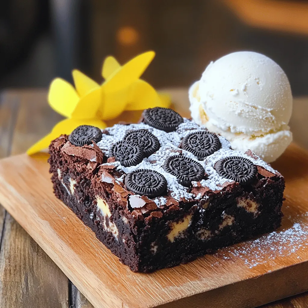 To make delicious Triple Chocolate Oreo Brownies, you need the right ingredients. Here’s what you’ll need: - 1 cup unsalted butter (2 sticks) - 1 cup granulated sugar - 1 cup packed brown sugar - 4 large eggs - 2 teaspoons vanilla extract - 1 cup all-purpose flour - 1 cup cocoa powder (unsweetened) - 1/2 teaspoon salt - 1 cup chocolate chips (milk or dark) - 8-10 Oreo cookies, roughly chopped - 1/2 cup white chocolate chips (optional) Each ingredient plays a big role in the final taste and texture. Unsalted butter adds richness. Both sugars create the perfect sweetness. Eggs give structure and moisture. Vanilla adds warmth. The flour and cocoa powder form the base. Salt enhances all flavors. Chocolate chips bring extra chocolatey goodness. Chopped Oreos add a fun crunch. You can even add white chocolate chips for more flavor. Choose your favorite chocolate types to make it personal! 1. First, preheat your oven to 350°F (175°C). 2. Next, grease a 9x13-inch baking dish. I like using butter or cooking spray. 3. For easy removal, line the dish with parchment paper. This helps keep the brownies intact. 1. In a medium saucepan, melt 1 cup of unsalted butter over low heat. 2. Once melted, take it off the heat and let it cool a bit. 3. In a large mixing bowl, mix the melted butter with 1 cup of granulated sugar and 1 cup of packed brown sugar. Stir until everything blends well. 4. Add 4 large eggs one at a time. Mix well after each egg. 5. Then, stir in 2 teaspoons of vanilla extract until the mix is smooth. 6. In another bowl, whisk together 1 cup of all-purpose flour, 1 cup of cocoa powder, and 1/2 teaspoon of salt. 7. Gradually add this dry mix to the wet mix. Stir until just combined. 1. Now, gently fold in 1 cup of chocolate chips and 8-10 roughly chopped Oreo cookies. If you like, add 1/2 cup of white chocolate chips too. 2. Pour the batter into the prepared baking dish. Use a spatula to spread it evenly. 3. Bake in the preheated oven for 25-30 minutes. Check doneness by inserting a toothpick in the center. It should come out with a few moist crumbs. Checking Oven Temperature Always check your oven's temperature with an oven thermometer. Ovens can be off by quite a bit. If your oven runs hot, your brownies may bake too fast. If it’s cooler, they may take longer and can end up dry. Aim for a steady 350°F (175°C) for the best results. Mixing Techniques When you mix your batter, do not overmix. Stir just enough to combine your wet and dry ingredients. Overmixing adds too much air and can lead to cakey brownies. You want a rich, fudgy texture, so be gentle when folding in the chocolate chips and Oreos. Serving Suggestions Serve these brownies warm for a gooey treat. Pair them with a scoop of vanilla ice cream or whipped cream. You can also drizzle chocolate sauce on top for extra indulgence. A sprinkle of sea salt on top adds a nice contrast to the sweetness. Dusting and Pairings Dust your brownies with powdered sugar for a classy touch. You can also add fresh berries or mint leaves for color and freshness. These simple additions can elevate your brownies for guests or special occasions. Overmixing the Batter As mentioned, overmixing is a common mistake. This can lead to tough brownies. Mix just until everything is combined, and you’re good to go! Baking Time Misjudgment Keep an eye on your baking time. Start checking at the 25-minute mark. Insert a toothpick into the center. If it comes out with moist crumbs, your brownies are ready. If it comes out clean, you may have overbaked them. Trust your instincts! {{image_2}} You can switch up the chocolate types in these brownies to suit your taste. Dark chocolate gives a rich flavor. It pairs well with the sweetness of Oreos. You can also use milk chocolate for a sweeter treat. It makes the brownies extra gooey. If you want to get fancy, swirl in some white chocolate. This adds a creamy touch and a pop of color. If you want to try something new, you can use other cookie brands. Look for cookies with a similar crunch. This will keep the texture right. If you need a gluten-free option, there are gluten-free Oreos available. They taste just as good and work well in this recipe. Want to add more flavor to your brownies? Toss in some nuts for a nice crunch. Walnuts or pecans work well. You can also add caramel for a sweet surprise. It gives your brownies a gooey center. Another option is to play with extracts. Try almond or mint extract for a unique taste. Just remember to use a little. A small amount goes a long way. To keep your Triple Chocolate Oreo Brownies fresh, choose the right container. Use an airtight container to prevent them from drying out. If you do not have one, wrap brownies tightly in plastic wrap. This keeps moisture in and air out. You can store brownies at room temperature or in the fridge. Room temperature works best for up to four days. If you want them to last longer, refrigerate them for about a week. Just know that they might lose some of their gooey texture in the fridge. To freeze your brownies, start by cutting them into squares. Wrap each square in plastic wrap. Then, place the wrapped brownies in a freezer-safe bag. This helps prevent freezer burn. They can last up to three months in the freezer. When you are ready to enjoy them, take them out and let them thaw in the fridge overnight. If you want them warm, microwave them for about 10-15 seconds. This will bring back that fresh-baked taste. The freshness of your brownies can change based on how you store them. If they stay in an airtight container at room temperature, they can last for about four days. In the fridge, they are good for about a week. Watch for signs of spoilage. If the brownies look dry or have mold, it is time to toss them. A great way to check is to smell them. If they smell off, it’s best to throw them away. Enjoy your brownies while they are at their best! The toothpick test is simple. Insert a toothpick into the center of the brownies. If it comes out with a few moist crumbs, they are done. If it’s wet with batter, they need more time. I usually bake them for 25 to 30 minutes. Check around the 25-minute mark to be safe. Remember, the brownies will firm up as they cool. Yes, you can! Make the brownies a day or two in advance. Store them in an airtight container at room temperature. This keeps them fresh and tasty. If you want to store them longer, put them in the fridge. Just remember to bring them to room temperature before serving for the best taste. There are many fun topping ideas! Here are a few suggestions: - Drizzle melted chocolate or white chocolate on top for extra sweetness. - Sprinkle crushed Oreos for a crunchy bite. - Add nuts like walnuts or pecans for a nice texture. - Serve with a scoop of vanilla ice cream for a creamy contrast. - Top with whipped cream and chocolate shavings for a fancy touch. Feel free to mix and match these toppings to find your favorite combination! You have all the tools to make delicious Triple Chocolate Oreo Brownies. We covered key ingredients, step-by-step instructions, and helpful tips. Take care when mixing to keep the batter light, and check the oven temperature for perfect baking. Don't forget to experiment with flavors and toppings. These brownies are not just a treat; they’re a fun way to bond with family and friends. Enjoy your baking adventure!