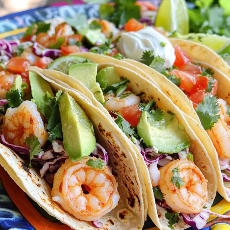 - 1 pound large shrimp - 2 tablespoons olive oil - 1 tablespoon chipotle chili powder - 1 lime (juiced) - 8 small corn or flour tortillas - 1 cup shredded cabbage - ½ cup diced tomatoes - ¼ cup chopped fresh cilantro - ½ avocado (sliced) - Optional: ¼ cup sour cream or Greek yogurt - 1 teaspoon garlic powder - 1 teaspoon cumin - Salt and pepper to taste I love the bold flavors in these Chipotle Lime Shrimp Tacos. Each bite gives a fresh and spicy kick. Let's break down the ingredients you'll need. First, the main star is the shrimp. You want large, fresh shrimp that are peeled and deveined. This keeps the taco light and tasty. Next, you add olive oil for cooking and a tablespoon of chipotle chili powder for heat. Don't skip the lime juice; it adds brightness to the dish. Lastly, you need tortillas. I prefer small corn or flour ones for easy handling. Now, let’s talk toppings! I use shredded cabbage for crunch and diced tomatoes for sweetness. Fresh cilantro gives a nice herbal touch. Sliced avocado adds creaminess, and you can use sour cream or Greek yogurt for extra richness. For seasonings, garlic powder and cumin enhance the flavors. Adjust salt and pepper to your taste. Gather these ingredients, and you’re set for a fun cooking adventure! First, gather your shrimp, olive oil, chipotle chili powder, garlic powder, cumin, lime juice, salt, and pepper. In a bowl, mix the shrimp with these ingredients. Make sure each shrimp is coated well. Let the shrimp marinate for 15 minutes. This helps to bring out great flavors. While the shrimp marinates, you can prepare the toppings. Chop 1 cup of cabbage, ½ cup of tomatoes, ¼ cup of cilantro, and slice ½ avocado. Set these aside in a bowl. Fresh toppings add crunch and brightness to the tacos. Heat a skillet over medium-high heat. Once hot, add the marinated shrimp. Cook the shrimp for about 2-3 minutes on each side until they turn pink and opaque. Be careful not to overcook them. Remove the shrimp from the skillet and set aside. In the same skillet, you can warm your tortillas. Toast each tortilla for about 30 seconds on each side. This step makes the tortillas soft and pliable, perfect for holding the filling. Now it's time to assemble your tacos! Take a tortilla and place a portion of cooked shrimp on it. Top with shredded cabbage, diced tomatoes, avocado slices, and a sprinkle of fresh cilantro. If you like, drizzle some extra lime juice on top. You can also add a dollop of sour cream or Greek yogurt for creaminess. Enjoy your fresh and flavorful tacos! To get great shrimp, avoid overcooking. Shrimp cooks fast, usually in just 2-3 minutes. When they turn pink and opaque, they are done. If you cook them too long, they can become tough. Adjust seasoning levels to taste. Start with the recipe's amounts, then add more spice if you like heat. Always taste as you go to find your perfect balance. Serve your tacos on a colorful platter. A bright plate makes the meal look alive. Add lime wedges on the side for extra flavor. Salsa or hot sauce can bring a kick. These additions make each bite fresh and exciting. Use garnishes like extra cilantro to add color. Fresh herbs make the dish pop. Offer various hot sauces on the side. This lets guests choose their heat level. A little thought in presentation makes the meal feel special and inviting. {{image_2}} You can change the shrimp to chicken or tofu. Chicken works great with the same spices. Just make sure to cook it until it's juicy. Tofu gives a nice, soft texture. It soaks up all the flavors well. You can also use fish like tilapia or cod. Fish adds a light taste that pairs well with lime. Try whole wheat or gluten-free tortillas for a healthy twist. Whole wheat adds more fiber, while gluten-free options are great for those with allergies. For a low-carb choice, use lettuce wraps. They keep the dish fresh and crunchy without the carbs. Wrap the shrimp and toppings in big lettuce leaves for a fun bite. Add cheese, jalapeños, or mango salsa to spice things up. Cheese adds creaminess, and jalapeños give a kick. Mango salsa brings sweetness and brightness to the tacos. You can also play with herbs. Mint or basil can add a unique twist. Just sprinkle some on top for a fresh finish. Keep your cooked shrimp and toppings separate. This helps keep them fresh. Use airtight containers. It keeps out air and moisture. Leftovers can stay tasty this way. For the best flavor, eat leftovers within 2-3 days. After that, the shrimp may lose taste. When you reheat shrimp, do it gently. This helps keep the shrimp tender. If you need to freeze shrimp, do it before you cook them. This keeps the shrimp fresh. However, do not freeze the assembled tacos. The tortillas will get soggy when thawed. Enjoy your tacos fresh! You should marinate shrimp for 15 to 30 minutes. This time allows the flavors to soak in. If you marinate too long, the shrimp can become tough. I recommend sticking to 15 minutes for the best results. If you don’t have chipotle chili powder, you can use other spices. Smoked paprika gives a nice flavor. You can also mix cayenne pepper with regular chili powder. Each option adds heat and depth to your tacos. Yes, you can prep ingredients ahead of time. Chop the cabbage, tomatoes, cilantro, and avocado. Store them in separate containers. You can also marinate the shrimp in advance, but cook it fresh. This way, your tacos stay juicy and flavorful. These shrimp tacos are quick and full of flavor. I covered the main ingredients, toppings, and cooking steps. I shared tips to make your dish pop and variations to match your tastes. Don’t forget to store leftovers properly. Enjoy your tasty creation! You now have the tools to impress anyone with your cooking skills. Dive into this dish for a satisfying meal.