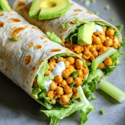 - 1 can chickpeas, drained and rinsed - 3 tablespoons hot sauce (adjust to taste) - 1 tablespoon olive oil Chickpeas are the star of this dish. They give the wraps a hearty texture. Hot sauce brings the heat and flavor, so choose one you love. Olive oil adds richness and helps bind the mixture. - 1 teaspoon smoked paprika - 1 teaspoon garlic powder - Salt and pepper to taste Smoked paprika adds a nice depth. Garlic powder boosts the flavor without being too strong. Salt and pepper round out the taste, so adjust to your liking. - 4 whole wheat or spinach wraps - 1 cup shredded lettuce - 1 cup diced celery - ½ cup Greek yogurt or plant-based yogurt - 1 tablespoon lemon juice - Optional: sliced avocado for topping Whole wheat or spinach wraps hold everything together. Shredded lettuce adds crunch, while diced celery gives a fresh bite. Greek yogurt or plant-based yogurt makes a creamy sauce that balances the spice. Lemon juice brightens the flavors. If you like, add sliced avocado for extra creaminess. - Mashing the Chickpeas Start by draining and rinsing the can of chickpeas. In a medium bowl, use a fork or potato masher to crush the chickpeas. Aim for a slightly chunky texture. You want them to hold their shape while still being easy to mix. - Adding Spices and Sauce Next, add the hot sauce, olive oil, smoked paprika, garlic powder, salt, and pepper to the mashed chickpeas. Mix everything well until each chickpea is coated in the spicy sauce. The heat from the hot sauce is key to that buffalo flavor. - Heating the Mixture Now, heat a non-stick skillet over medium heat. Once the pan is warm, add the chickpea mixture. Cook for about 5-7 minutes. Stir occasionally to prevent sticking. You want the mixture to be heated through and have a bit of crispiness. - Achieving the Right Texture After cooking, check the texture. The chickpeas should feel warm and slightly crispy on the outside. This adds a nice contrast when you wrap them with fresh veggies. - Spreading the Yogurt Sauce While the chickpeas cook, prepare the yogurt sauce. In a separate bowl, mix Greek yogurt with lemon juice, salt, and pepper. This creamy dressing adds a cool touch to the spicy chickpeas. Spread a generous spoonful of this sauce in the center of each wrap. - Layering Veggies and Chickpeas Next, layer shredded lettuce, cooked chickpeas, and diced celery on top of the sauce. If you love avocados, add some slices for extra creaminess. The crunch of the celery balances the spiciness of the chickpeas. - Rolling the Wraps To roll the wraps, fold the sides inward first. Then, roll from the bottom up to enclose the filling tightly. Make sure they are snug to keep the filling inside. Slice each wrap in half diagonally and serve with extra hot sauce or yogurt on the side. Enjoy your spicy, flavorful meal! How to Mash Chickpeas To mash chickpeas, take a can of drained and rinsed chickpeas. Use a fork or a potato masher. Aim for a slightly chunky mix. You want some whole chickpeas to add texture. This keeps the wraps hearty and satisfying. Making It Crispy To get a nice crunch, cook the chickpeas in a non-stick skillet. Heat it over medium heat. Stir the mixture for about 5-7 minutes. This gives your chickpeas a crispy edge. Watch them carefully to avoid burning. Adjusting Heat Levels You can make these wraps as spicy as you like. Start with 3 tablespoons of hot sauce. Taste the mixture and add more if you want extra heat. Everyone has a different spice level, so find your perfect balance. Experimenting with Herbs Fresh herbs can boost flavor. Try adding chopped cilantro or parsley. These herbs add freshness and a pop of color. You could also sprinkle in some dill for a tangy twist. Best Practices for Rolling When you lay out your wrap, spread the yogurt sauce first. This keeps the wrap moist. Add your chickpeas and veggies on top. Fold the sides inward, then roll tightly from the bottom. This helps keep everything inside. Avoiding Spills To avoid spills, don’t overfill your wraps. A little goes a long way. Keep your filling toward the center. This way, you can roll without mess. If you do spill, just use a napkin. Enjoy every bite! {{image_2}} Using Black Beans You can swap chickpeas for black beans. Black beans add a rich flavor. They also provide protein and fiber. Just rinse and mash them like you would with chickpeas. Mix in the same hot sauce and spices. Tofu Option Tofu is another great choice. Use firm tofu for the best texture. Cut it into small cubes and sauté it in olive oil. Add hot sauce, smoked paprika, and garlic powder. Cook until crispy and full of flavor. Avocado Dressing Try an avocado dressing for a creamy twist. Just blend ripe avocado with lemon juice, salt, and pepper. This dressing pairs well with the spicy filling. It adds a fresh taste and healthy fats. Hummus Layer Hummus can also work well in these wraps. Spread a layer of hummus on your wrap before adding the filling. This adds flavor and smoothness. Choose any hummus flavor to match your taste. Adding Roasted Vegetables Roasted vegetables can boost the flavor and nutrition. Try adding bell peppers, zucchini, or carrots. Roast them until tender and toss them in the wrap. This adds color and extra taste. Experimenting with Cheeses Cheese can enhance the wraps too. Crumbled feta or shredded cheddar cheese works well. Add it to the filling for a creamy touch. You can also try plant-based cheeses for a vegan option. To keep your Spicy Buffalo Chickpea Wraps fresh, store them in an airtight container. This helps prevent moisture loss. Place parchment paper between wraps to avoid sticking. They last up to three days in the fridge. If you want them to stay crisp, eat them within two days. You can freeze these wraps for later. Wrap each one in plastic wrap, then place them in a freezer bag. They keep well for about three months. When you're ready to eat, take a wrap out of the freezer. Let it thaw in the fridge overnight. For reheating, you can use a skillet or microwave. If using a skillet, heat on low until warm. This keeps the wrap nice and crisp. If microwaving, heat it for about one minute. Check if it's warmed all the way through. You can prep these wraps ahead of time. Cook the chickpea mixture and make the yogurt sauce in advance. Store them in separate containers. This way, you can assemble the wraps quickly when you’re ready to eat. You can also chop the veggies the day before. Keeping them in the fridge makes it easy to grab and go. This is perfect for busy days or meal prep sessions. Yes, you can easily make these wraps gluten-free. Choose gluten-free wraps made from rice or corn. Many stores offer these options. You can also use lettuce leaves as a wrap. They add a nice crunch and are low in carbs. The wraps can be as spicy as you want. Start with three tablespoons of hot sauce for a kick. If you like it milder, use less sauce. You can also mix in some yogurt to calm the heat. Experiment to find your perfect level of spice. These wraps pair well with many sides. Here are some ideas: - Side Dish Suggestions: - Fresh veggie sticks like carrots and bell peppers - A light salad with a citrus dressing - Crispy baked sweet potato fries - Meal Pairing Ideas: - Serve with a bowl of soup, like tomato or butternut squash - Pair with a refreshing smoothie for a light meal - Enjoy alongside some crunchy tortilla chips and salsa These wraps are tasty and easy to make. We covered key ingredients like chickpeas, spices, and wraps. I shared tips for cooking, flavoring, and assembling them. You can try different proteins and sauces too. Don’t forget to store your wraps correctly and prep ahead for quick meals. With these ideas, you can create a delicious treat that fits your taste. Enjoy making and eating your Spicy Buffalo Chickpea Wraps!