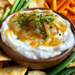 To make this creamy and tasty dip, you need: - 3 large onions, thinly sliced - 2 tablespoons olive oil - 1 teaspoon sugar - 1/2 teaspoon salt - 1 cup Greek yogurt - 1/2 cup mayonnaise - 1 teaspoon garlic powder - 1 tablespoon fresh thyme leaves (or 1 teaspoon dried thyme) - Freshly ground black pepper to taste Each ingredient plays a role. The onions bring sweetness, while the Greek yogurt adds creaminess. The mayonnaise makes it richer, and the garlic powder gives a nice kick. You can make your dip even better with these garnishes: - Chopped chives - Fresh thyme leaves - Extra black pepper These not only look good but also add fresh flavor. You can mix and match based on what you like best. Want to make it lighter? Here are some swaps: - Use low-fat Greek yogurt instead of regular yogurt. - Swap mayonnaise for avocado or hummus for a healthier option. - Use less sugar or try honey for a natural sweetener. These changes keep the flavor while making it a bit lighter. You enjoy great taste and feel good about it! To start, heat 2 tablespoons of olive oil in a large skillet on medium heat. Add 3 large onions that you have thinly sliced. Sprinkle in 1 teaspoon of sugar and 1/2 teaspoon of salt. This combination helps the onions cook evenly. Stir well to coat the onions in the oil. Cook the onions for about 30 to 40 minutes. Stir occasionally to prevent them from sticking. Watch closely as they turn a deep golden brown. If they start to brown too quickly, lower the heat. Once the onions are caramelized, remove them from the heat and let them cool slightly. Caramelizing onions takes patience. Keep stirring them to avoid burning. If you notice they are browning too fast, turn down the heat. You can also add a splash of water if they seem dry. This keeps the onions from burning. Sugar helps with the caramelization process, but don’t add too much. Just 1 teaspoon is enough to enhance their natural sweetness. When they are golden brown, you know they are ready. In a mixing bowl, add 1 cup of Greek yogurt and 1/2 cup of mayonnaise. Next, sprinkle in 1 teaspoon of garlic powder and 1 tablespoon of fresh thyme leaves. If you use dried thyme, 1 teaspoon will work. Stir these ingredients until smooth and well blended. Once the onions have cooled, fold them into the yogurt mixture. Mix until everything is fully incorporated. Season with freshly ground black pepper to taste. Transfer the dip to a serving bowl and garnish with chopped chives. Cover and refrigerate for at least 30 minutes to let the flavors meld. To boost the flavor of your caramelized onion dip, use fresh ingredients. Fresh thyme adds a bright taste to the dip. You can also add a splash of lemon juice for a zing. If you want more depth, try adding some smoked paprika. This will give your dip a smoky twist. Remember, don’t rush the caramelizing process. Slow cooking the onions brings out their natural sweetness. You can prepare the dip a day in advance. This allows the flavors to meld beautifully. Just follow the recipe and store it in an airtight container. When you’re ready to serve, take it out and let it warm slightly. This dip tastes better after sitting for a while. If you make it ahead, you’ll save time on party day! For a casual gathering, serve the dip with pita chips or veggie sticks. It’s perfect for dipping! For a more elegant event, try pairing it with toasted baguette slices. You can also use it as a spread on sandwiches or wraps. This dip is versatile and fits many occasions. Whether it’s a game night or a fancy dinner, it always shines! {{image_2}} You can add more flavor to your dip. Try mixing in some shredded cheese. A blend of cheddar and mozzarella works great. You can also stir in some diced jalapeños for a spicy kick. If you like, add a splash of balsamic vinegar for a touch of sweetness. Fresh herbs like parsley or dill can brighten the dip. Experiment with flavors to find what you love! Greek yogurt is creamy and tangy, but you can swap it. Use regular plain yogurt for a lighter dip. If you want a dairy-free option, try coconut yogurt. It gives a different taste but still works well. For more protein, use a high-protein yogurt brand. Each option will change the flavor, but they all taste good. Switching out ingredients makes this dip fun for any season. In spring, add fresh peas or asparagus for a fresh taste. In fall, mix in roasted pumpkin for a cozy flavor. You can also use caramelized shallots instead of onions for a sweeter touch. Seasonal swaps keep your dip exciting and full of new flavors! After making your caramelized onion dip, allow it to cool. Transfer it to an airtight container. Store it in the fridge for up to five days. This dip tastes better the longer it sits, as the flavors meld. Always cover it to keep it fresh and tasty. You can freeze this dip if you want to save some for later. Place the dip in a freezer-safe container. Make sure to leave some space at the top for expansion. Seal it tight and label it with the date. When ready to eat, thaw it overnight in the fridge. In the fridge, this dip lasts about five days. If frozen, it will keep for about three months. Always check for signs of spoilage, like off smells or changes in texture. When in doubt, it's best to throw it out. Enjoy the flavors of this dip without worry! Yes, you can easily make this dip vegan. To do this, swap out Greek yogurt and mayonnaise for vegan versions. Look for plant-based yogurt and mayonnaise at your local store. You can also add some nutritional yeast for a cheesy flavor. This way, you keep the taste while making it friendly for a vegan diet. You can store leftovers in the fridge for about 3 to 5 days. Make sure to keep the dip in an airtight container. If you notice any changes in smell or color, it’s best to toss it. Enjoy it fresh for the best taste! This dip pairs well with many tasty dippers. Here are some ideas: - Pita chips - Veggie sticks like carrots and celery - Toasted baguette slices - Crackers - Tortilla chips These options make it fun for parties or casual snacking. Yes, you can use store-bought caramelized onions if you're short on time. Just check the label to ensure they contain no unwanted additives. This shortcut can save you time and still give you great flavor in your dip. However, homemade onions offer a fresh taste and deeper flavor. This blog post explored the world of caramelized onion dip. We covered essential ingredients, cooking steps, and tips for perfect flavor. You can enhance your dish with the right garnishes and substitutes. I shared ways to make it ahead and suggested serving ideas for any occasion. Plus, we looked at variations to keep things fresh. In the end, this dip is simple and tasty. You can impress your friends with your skills! Remember, your creativity can make this dip uniquely yours.
