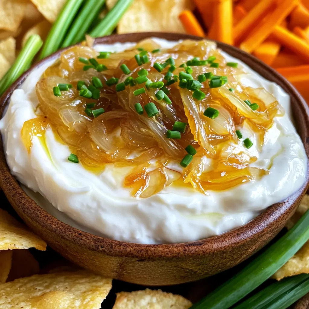 To make this creamy and tasty dip, you need: - 3 large onions, thinly sliced - 2 tablespoons olive oil - 1 teaspoon sugar - 1/2 teaspoon salt - 1 cup Greek yogurt - 1/2 cup mayonnaise - 1 teaspoon garlic powder - 1 tablespoon fresh thyme leaves (or 1 teaspoon dried thyme) - Freshly ground black pepper to taste Each ingredient plays a role. The onions bring sweetness, while the Greek yogurt adds creaminess. The mayonnaise makes it richer, and the garlic powder gives a nice kick. You can make your dip even better with these garnishes: - Chopped chives - Fresh thyme leaves - Extra black pepper These not only look good but also add fresh flavor. You can mix and match based on what you like best. Want to make it lighter? Here are some swaps: - Use low-fat Greek yogurt instead of regular yogurt. - Swap mayonnaise for avocado or hummus for a healthier option. - Use less sugar or try honey for a natural sweetener. These changes keep the flavor while making it a bit lighter. You enjoy great taste and feel good about it! To start, heat 2 tablespoons of olive oil in a large skillet on medium heat. Add 3 large onions that you have thinly sliced. Sprinkle in 1 teaspoon of sugar and 1/2 teaspoon of salt. This combination helps the onions cook evenly. Stir well to coat the onions in the oil. Cook the onions for about 30 to 40 minutes. Stir occasionally to prevent them from sticking. Watch closely as they turn a deep golden brown. If they start to brown too quickly, lower the heat. Once the onions are caramelized, remove them from the heat and let them cool slightly. Caramelizing onions takes patience. Keep stirring them to avoid burning. If you notice they are browning too fast, turn down the heat. You can also add a splash of water if they seem dry. This keeps the onions from burning. Sugar helps with the caramelization process, but don’t add too much. Just 1 teaspoon is enough to enhance their natural sweetness. When they are golden brown, you know they are ready. In a mixing bowl, add 1 cup of Greek yogurt and 1/2 cup of mayonnaise. Next, sprinkle in 1 teaspoon of garlic powder and 1 tablespoon of fresh thyme leaves. If you use dried thyme, 1 teaspoon will work. Stir these ingredients until smooth and well blended. Once the onions have cooled, fold them into the yogurt mixture. Mix until everything is fully incorporated. Season with freshly ground black pepper to taste. Transfer the dip to a serving bowl and garnish with chopped chives. Cover and refrigerate for at least 30 minutes to let the flavors meld. To boost the flavor of your caramelized onion dip, use fresh ingredients. Fresh thyme adds a bright taste to the dip. You can also add a splash of lemon juice for a zing. If you want more depth, try adding some smoked paprika. This will give your dip a smoky twist. Remember, don’t rush the caramelizing process. Slow cooking the onions brings out their natural sweetness. You can prepare the dip a day in advance. This allows the flavors to meld beautifully. Just follow the recipe and store it in an airtight container. When you’re ready to serve, take it out and let it warm slightly. This dip tastes better after sitting for a while. If you make it ahead, you’ll save time on party day! For a casual gathering, serve the dip with pita chips or veggie sticks. It’s perfect for dipping! For a more elegant event, try pairing it with toasted baguette slices. You can also use it as a spread on sandwiches or wraps. This dip is versatile and fits many occasions. Whether it’s a game night or a fancy dinner, it always shines! {{image_2}} You can add more flavor to your dip. Try mixing in some shredded cheese. A blend of cheddar and mozzarella works great. You can also stir in some diced jalapeños for a spicy kick. If you like, add a splash of balsamic vinegar for a touch of sweetness. Fresh herbs like parsley or dill can brighten the dip. Experiment with flavors to find what you love! Greek yogurt is creamy and tangy, but you can swap it. Use regular plain yogurt for a lighter dip. If you want a dairy-free option, try coconut yogurt. It gives a different taste but still works well. For more protein, use a high-protein yogurt brand. Each option will change the flavor, but they all taste good. Switching out ingredients makes this dip fun for any season. In spring, add fresh peas or asparagus for a fresh taste. In fall, mix in roasted pumpkin for a cozy flavor. You can also use caramelized shallots instead of onions for a sweeter touch. Seasonal swaps keep your dip exciting and full of new flavors! After making your caramelized onion dip, allow it to cool. Transfer it to an airtight container. Store it in the fridge for up to five days. This dip tastes better the longer it sits, as the flavors meld. Always cover it to keep it fresh and tasty. You can freeze this dip if you want to save some for later. Place the dip in a freezer-safe container. Make sure to leave some space at the top for expansion. Seal it tight and label it with the date. When ready to eat, thaw it overnight in the fridge. In the fridge, this dip lasts about five days. If frozen, it will keep for about three months. Always check for signs of spoilage, like off smells or changes in texture. When in doubt, it's best to throw it out. Enjoy the flavors of this dip without worry! Yes, you can easily make this dip vegan. To do this, swap out Greek yogurt and mayonnaise for vegan versions. Look for plant-based yogurt and mayonnaise at your local store. You can also add some nutritional yeast for a cheesy flavor. This way, you keep the taste while making it friendly for a vegan diet. You can store leftovers in the fridge for about 3 to 5 days. Make sure to keep the dip in an airtight container. If you notice any changes in smell or color, it’s best to toss it. Enjoy it fresh for the best taste! This dip pairs well with many tasty dippers. Here are some ideas: - Pita chips - Veggie sticks like carrots and celery - Toasted baguette slices - Crackers - Tortilla chips These options make it fun for parties or casual snacking. Yes, you can use store-bought caramelized onions if you're short on time. Just check the label to ensure they contain no unwanted additives. This shortcut can save you time and still give you great flavor in your dip. However, homemade onions offer a fresh taste and deeper flavor. This blog post explored the world of caramelized onion dip. We covered essential ingredients, cooking steps, and tips for perfect flavor. You can enhance your dish with the right garnishes and substitutes. I shared ways to make it ahead and suggested serving ideas for any occasion. Plus, we looked at variations to keep things fresh. In the end, this dip is simple and tasty. You can impress your friends with your skills! Remember, your creativity can make this dip uniquely yours.