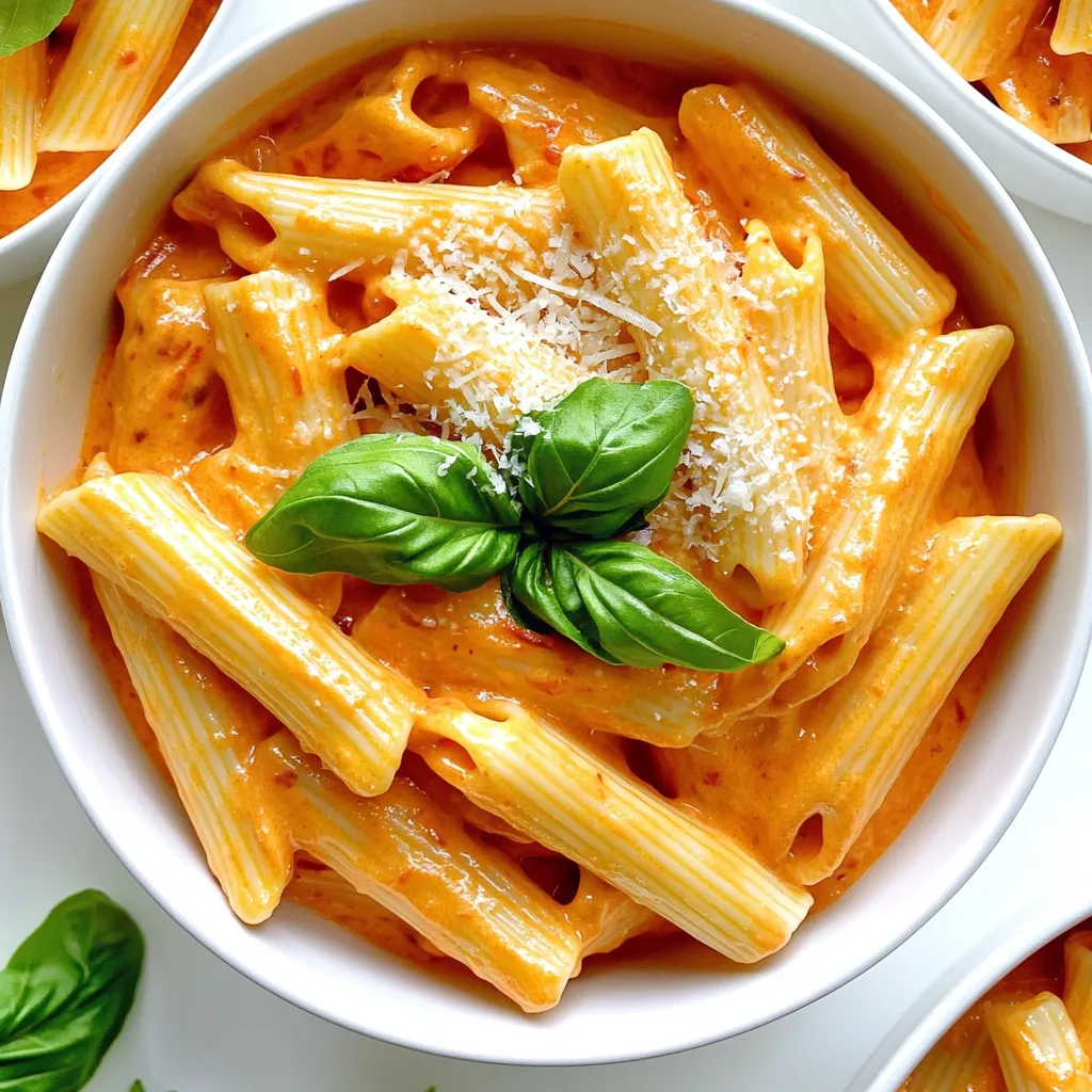 - 300g pasta of your choice (penne or fettuccine works well) - 2 large red bell peppers - 2 tablespoons olive oil - 200ml heavy cream (or coconut cream for a dairy-free option) - 1 medium onion, chopped - 3 cloves garlic, minced - 1 teaspoon smoked paprika - 1/2 teaspoon crushed red pepper flakes (adjust to taste) - Salt and black pepper to taste - Fresh basil leaves for garnish - Grated Parmesan cheese for serving (optional) When I make creamy roasted red pepper pasta, I start with key ingredients. Choose your pasta. Penne and fettuccine are my favorites. They hold the sauce well. Next, I roast red bell peppers. Their sweet flavor shines in this dish. I drizzle them with olive oil before roasting. This helps them become soft and flavorful. Creaminess comes from heavy cream or coconut cream. I love using coconut cream for a dairy-free option. It gives the sauce a nice texture without losing flavor. Flavor is essential. Aromatics like onion and garlic start the base. I always sauté them until they smell great. Then, I add seasonings. Smoked paprika adds depth. Crushed red pepper flakes bring heat. Don’t forget salt and black pepper to taste. For garnishes, fresh basil leaves add color and fresh flavor. Grated Parmesan cheese can enhance the dish. It adds a salty finish to each bite. To start, preheat your oven to 400°F (200°C). This heat helps the peppers roast well. Cut the red bell peppers in half and remove the seeds. Place them cut-side down on a baking sheet. Drizzle one tablespoon of olive oil on top. Roast the peppers for 25 to 30 minutes. You want the skin to char and the peppers to feel soft. Once they finish roasting, take them out of the oven. Place them in a bowl and cover it tightly with plastic wrap. This step steams the peppers for about 10 minutes. The steam makes peeling the skin much easier. While the peppers cool, cook the pasta. You can use penne or fettuccine. Follow the package instructions for cooking time. Aim for al dente texture, which means the pasta should be firm when you bite it. Once cooked, drain the pasta and set it aside. In a large saucepan, heat the remaining tablespoon of olive oil over medium heat. Add the chopped onion and sauté it for about 5 minutes, until it turns translucent. Next, add the minced garlic and sauté for one more minute. You want the garlic to be fragrant but not burnt. Now, peel the skins off the roasted peppers and place them in a blender. Add the sautéed onion, garlic, heavy cream, smoked paprika, and crushed red pepper flakes. Blend everything until it becomes smooth. Pour the roasted red pepper sauce back into the saucepan and heat it gently. Season with salt and black pepper to taste. Add the cooked pasta to the sauce. Toss everything together until the pasta is well coated. Let it cook for another 2 to 3 minutes to heat through. This step ensures every bite is packed with flavor. To make the sauce just right, you can change the cream type. Heavy cream gives a rich taste, while coconut cream keeps it dairy-free. Each choice brings a unique flavor. Adjusting spices also helps balance the sauce. Use smoked paprika for a smoky kick. If you prefer heat, add more crushed red pepper flakes. Taste as you go to find your favorite mix. To avoid mushy pasta, always follow the package instructions. Cook it until al dente, which means it should be firm yet tender. This texture holds up well with the sauce. When the pasta is almost done, keep an eye on the sauce. Aim to combine them when both are ready. This timing keeps the pasta hot and helps the flavors meld well. Serving style makes your dish pop. Use bowls for a cozy feel, or plates for a fancy touch. Always add a sprinkle of fresh basil on top. It adds color and freshness. A generous dusting of grated Parmesan cheese enhances the look and taste. These small details make your creamy roasted red pepper pasta shine! {{image_2}} For a vegan twist, swap heavy cream with coconut cream. Coconut cream gives a rich taste. It also adds a subtle sweetness. This change keeps the dish creamy and enjoyable. You can find coconut cream in most grocery stores. Use the same amount as heavy cream. It works perfectly with roasted red peppers. You can make this dish heartier by adding protein. Options include chicken, shrimp, or tofu. For chicken, grill or sauté pieces before mixing them into the pasta. If you prefer shrimp, cook them until they turn pink. Tofu is a great choice for a plant-based option. Sauté it until golden for added flavor. Mix these proteins in right before serving. Boost the nutrition by adding vegetables. Spinach is a great choice; it wilts nicely into the sauce. Sun-dried tomatoes add a tangy kick, enhancing the flavor. You can also use broccoli or zucchini. Just sauté them briefly before mixing with the pasta. This way, you create a colorful and tasty dish. After you enjoy your creamy roasted red pepper pasta, store leftovers in an airtight container. This keeps the pasta fresh. You can keep it in the fridge for 3 to 5 days. If you want to save it longer, consider freezing it. Reheat the pasta on the stove for the best results. Place it in a saucepan over low heat. Add a splash of water or cream to help it warm evenly. Stir often and heat until it's hot. You can also use a microwave. Just cover the dish and heat in short bursts. Stir in between to avoid hot spots. To freeze the pasta, portion it into smaller containers. This makes it easy to grab just what you need. Make sure to leave some space in the container for expansion. When you’re ready to eat, defrost it in the fridge overnight. For a quick option, you can microwave it straight from the freezer. Just add a bit of cream or water to keep it creamy. Yes, you can. I often use penne or fettuccine, but any pasta works well. Bowtie, spaghetti, or even gluten-free pasta can be good choices. Just make sure to cook it until it is al dente for the best texture. To spice up the sauce, add more crushed red pepper flakes. You can also mix in a dash of cayenne pepper or some hot sauce. Start with a small amount, then taste and adjust until it’s just right for you. If you want a dairy-free option, use coconut cream. It gives a rich flavor similar to heavy cream. You can also try cashew cream or almond milk mixed with a bit of cornstarch to thicken it. Yes, you can prepare the sauce ahead of time. Just keep it in the fridge. When you are ready to eat, heat it up and cook the pasta fresh. This way, the pasta stays firm and tasty. Store leftovers in an airtight container. Keep them in the fridge for up to three days. To reheat, warm the pasta gently on the stove or in the microwave. Add a splash of water or cream if it seems dry. This dish combines simple ingredients and steps for a tasty meal. You learned about key ingredients like pasta and roasted peppers. The creamy sauce and flavor boosters create a rich taste. Remember to balance your spices and avoid overcooking the pasta. Explore the variations to fit your diet or preferences. Even the leftovers can be delicious if stored right. Enjoy your cooking adventure and impress everyone at the table!