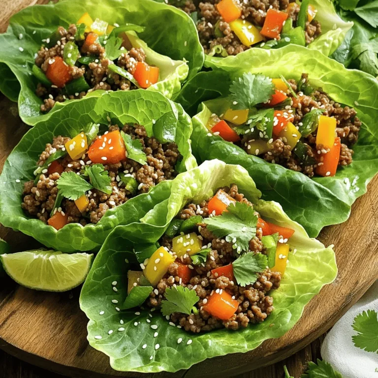 - 1 lb ground beef (or ground turkey for a lighter option) - 3 tablespoons sesame oil - 4 cloves garlic, minced - 2 tablespoons soy sauce (or tamari for gluten-free) - 1 tablespoon oyster sauce (or hoisin for vegetarian) - 1 teaspoon freshly grated ginger These main ingredients bring bold flavor to your wraps. The ground beef or turkey is the star protein. The sesame oil adds richness that makes every bite special. Garlic and ginger give it that warm, inviting aroma. Soy sauce and oyster sauce provide umami depth, making the dish satisfying. - 1 cup bell peppers, diced (mix of colors for presentation) - 1 cup green onions, chopped - 1 head of butter or romaine lettuce, leaves separated - Fresh cilantro and lime wedges for serving (optional) Fresh vegetables add crunch and color. Bell peppers come in different hues, adding visual appeal. Green onions offer a zesty bite. The lettuce acts as a wrap, holding all flavors together. You can add cilantro for a fresh taste, and a squeeze of lime brightens the dish. - 1 tablespoon sesame seeds Sesame seeds add a nutty flavor and a bit of crunch. They also enhance the dish's visual appeal. Just sprinkle them on top for a finishing touch. This simple addition makes your wraps look and taste gourmet. Start by heating 3 tablespoons of sesame oil in a large skillet over medium-high heat. The oil adds a rich flavor. Once hot, add 4 cloves of minced garlic and 1 teaspoon of grated ginger. Sauté them for about 30 seconds. This step makes your kitchen smell amazing! Next, add 1 pound of ground beef or turkey. Cook it until it turns brown. Use a spatula to break the meat apart as it cooks. This should take about 5-7 minutes. Make sure to mix it well. You want every bit to soak up that flavor. Now it’s time to add some zing. Pour in 2 tablespoons of soy sauce and 1 tablespoon of oyster sauce. Stir everything together well. This mixture gives the beef a nice, savory flavor. Toss in 1 cup of diced bell peppers. I like to use a mix of colors for a pretty look. Cook for another 2-3 minutes until the peppers soften just a bit. Remove the skillet from heat and stir in 1 cup of chopped green onions and 1 tablespoon of sesame seeds. These add a nice crunch and pop of flavor to your dish. To make your wraps, take a big leaf of butter or romaine lettuce. Spoon some of the beef mixture into the center of the leaf. If you like, add some fresh cilantro on top. A squeeze of lime juice adds a zesty kick! Wrap the lettuce around the filling tightly. Now you have a delicious, hand-held meal ready to enjoy! Serve these with a side of soy sauce mixed with sweet chili sauce for a tasty dip. To make your beef perfectly brown, heat your skillet well before adding meat. Use medium-high heat to sear the meat evenly. Break the meat apart with a spatula to ensure it cooks well. This helps achieve a nice brown color. For the vegetables, cut bell peppers into small, even pieces. This ensures they cook through and soften nicely. Add them after the meat is browned. Cook for a few minutes until they are tender but still crisp. This gives your dish great texture. To serve your wraps, arrange them on a large platter. Garnish with extra sesame seeds for crunch. Lime wedges add a bright touch and fresh flavor. You can also put fresh cilantro on top for a pop of color. For a visually appealing dish, use a mix of colorful bell peppers. This not only looks great but also adds flavor. You can also serve a small bowl of dipping sauce on the side. A mix of soy sauce and sweet chili sauce works well. If you have dietary restrictions, you can swap ground beef for ground turkey or a plant-based meat. For a vegetarian option, try using mushrooms or tofu as a protein base. You can also adjust the sauces to fit your taste. Use tamari instead of soy sauce for a gluten-free version. If you're vegetarian, hoisin sauce is a great substitute for oyster sauce. Feel free to experiment with flavors! Adding chili flakes can give your wraps a spicy kick. Fresh herbs like basil or mint can also add a unique twist. {{image_2}} You can change the ground beef to ground turkey for a lighter meal. Ground turkey gives you a similar taste with fewer calories. If you prefer a plant-based option, try using mushrooms or tofu. Mushrooms add a rich, umami flavor. Tofu absorbs sauces well and adds protein without meat. For a gluten-free option, use tamari instead of soy sauce. Tamari has the same savory taste, but it is safe for those who avoid gluten. If you're looking for a vegetarian choice, hoisin sauce can replace oyster sauce. Hoisin adds a sweet, thick texture that works well in these wraps. Want to spice things up? Add chili flakes to the beef mixture for some heat. Start with a small amount and adjust to your taste. You can also experiment with herbs. Fresh basil or cilantro can add bright flavors to your wraps. Mixing in different herbs can make each meal unique and exciting. To keep your wraps fresh, store them in an airtight container. This helps avoid sogginess. Place the beef mixture in a separate container from the lettuce. You can stack the lettuce leaves in the same container if you prefer. Leftovers stay good for up to three days in the fridge. After that, the quality may drop. You can freeze the beef mixture for later use. Let it cool before transferring it to a freezer-safe bag. Squeeze out the air to prevent freezer burn. The beef mixture can last for up to three months. When ready to eat, thaw it overnight in the fridge. Reheat in a skillet over medium heat until warmed through. You can also use a microwave if you’re short on time. Prep your ingredients ahead to save time. Chop bell peppers and green onions and store them in the fridge. You can cook the beef mixture a day in advance too. Just reheat it when you’re ready to assemble your wraps. This makes for a quick meal when you need something tasty in a hurry. This dish is quick and easy. It takes just 5 minutes to prep and 10 minutes to cook. In total, you can have your Sesame Garlic Beef Lettuce Wraps ready in only 15 minutes. This makes it perfect for busy days when you want a tasty meal fast. Yes, you can prep some parts in advance. You can cook the beef mixture and store it in the fridge. It keeps well for about 3 days. Just reheat it when you're ready to eat. Keep the lettuce leaves fresh by storing them separately. This way, they stay crisp and ready for wraps. The best lettuces for wraps are butter lettuce and romaine lettuce. Butter lettuce has soft, tender leaves that hold fillings well. Romaine lettuce is crunchy and sturdy, making it great for wraps too. Both types add a nice texture to your meal. Using fresh lettuce keeps your wraps light and healthy. In this article, we explored how to make tasty Sesame Garlic Beef Lettuce Wraps. You learned about key ingredients like ground beef, sesame oil, and fresh veggies. I provided step-by-step instructions, cooking tips, and even ways to customize your wraps. Remember, you can freeze or prep your ingredients ahead for easy meals later. Enjoy experimenting with flavors and presentation. These wraps are fun to make and share, adding a tasty twist to your meals. Happy cooking!
