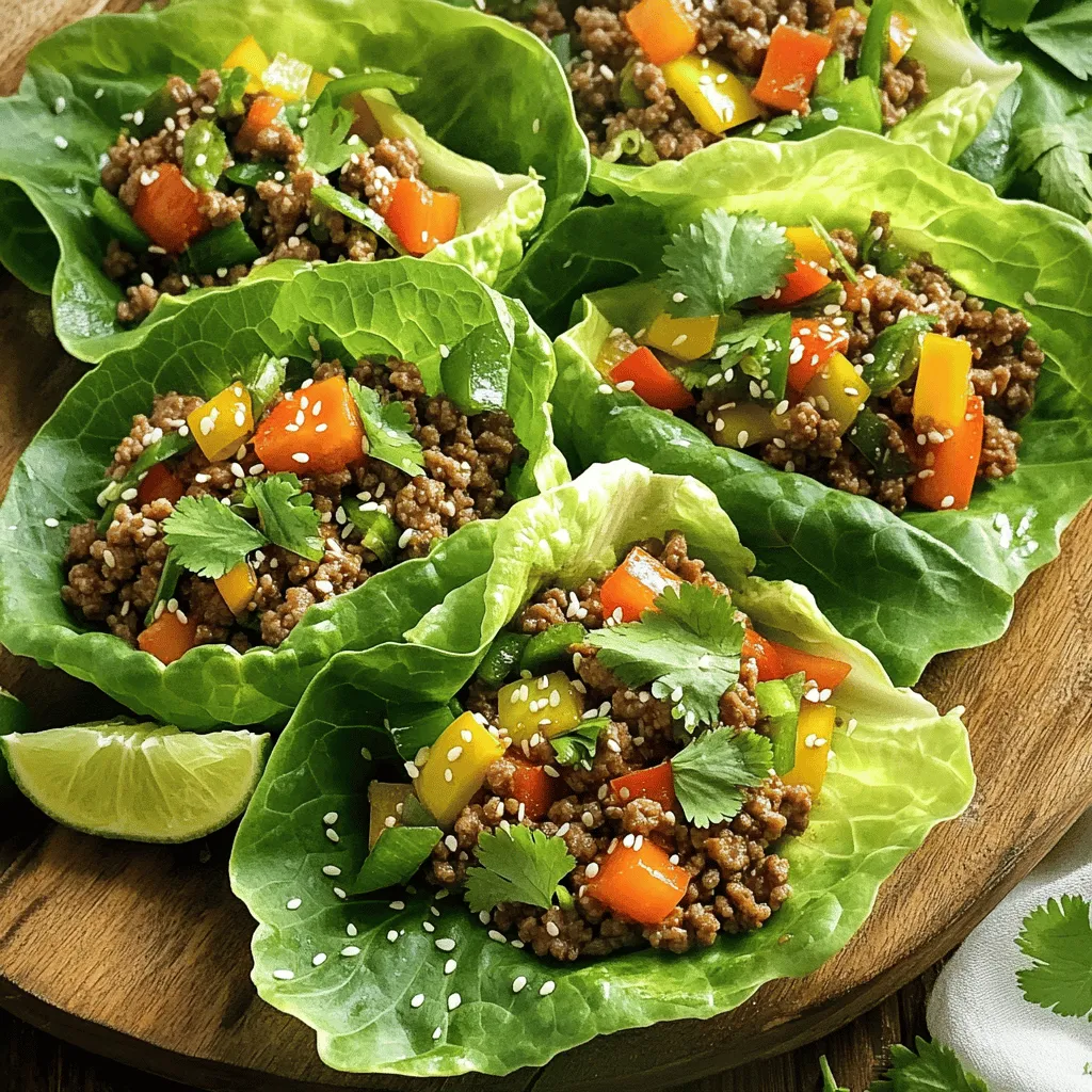 - 1 lb ground beef (or ground turkey for a lighter option) - 3 tablespoons sesame oil - 4 cloves garlic, minced - 2 tablespoons soy sauce (or tamari for gluten-free) - 1 tablespoon oyster sauce (or hoisin for vegetarian) - 1 teaspoon freshly grated ginger These main ingredients bring bold flavor to your wraps. The ground beef or turkey is the star protein. The sesame oil adds richness that makes every bite special. Garlic and ginger give it that warm, inviting aroma. Soy sauce and oyster sauce provide umami depth, making the dish satisfying. - 1 cup bell peppers, diced (mix of colors for presentation) - 1 cup green onions, chopped - 1 head of butter or romaine lettuce, leaves separated - Fresh cilantro and lime wedges for serving (optional) Fresh vegetables add crunch and color. Bell peppers come in different hues, adding visual appeal. Green onions offer a zesty bite. The lettuce acts as a wrap, holding all flavors together. You can add cilantro for a fresh taste, and a squeeze of lime brightens the dish. - 1 tablespoon sesame seeds Sesame seeds add a nutty flavor and a bit of crunch. They also enhance the dish's visual appeal. Just sprinkle them on top for a finishing touch. This simple addition makes your wraps look and taste gourmet. Start by heating 3 tablespoons of sesame oil in a large skillet over medium-high heat. The oil adds a rich flavor. Once hot, add 4 cloves of minced garlic and 1 teaspoon of grated ginger. Sauté them for about 30 seconds. This step makes your kitchen smell amazing! Next, add 1 pound of ground beef or turkey. Cook it until it turns brown. Use a spatula to break the meat apart as it cooks. This should take about 5-7 minutes. Make sure to mix it well. You want every bit to soak up that flavor. Now it’s time to add some zing. Pour in 2 tablespoons of soy sauce and 1 tablespoon of oyster sauce. Stir everything together well. This mixture gives the beef a nice, savory flavor. Toss in 1 cup of diced bell peppers. I like to use a mix of colors for a pretty look. Cook for another 2-3 minutes until the peppers soften just a bit. Remove the skillet from heat and stir in 1 cup of chopped green onions and 1 tablespoon of sesame seeds. These add a nice crunch and pop of flavor to your dish. To make your wraps, take a big leaf of butter or romaine lettuce. Spoon some of the beef mixture into the center of the leaf. If you like, add some fresh cilantro on top. A squeeze of lime juice adds a zesty kick! Wrap the lettuce around the filling tightly. Now you have a delicious, hand-held meal ready to enjoy! Serve these with a side of soy sauce mixed with sweet chili sauce for a tasty dip. To make your beef perfectly brown, heat your skillet well before adding meat. Use medium-high heat to sear the meat evenly. Break the meat apart with a spatula to ensure it cooks well. This helps achieve a nice brown color. For the vegetables, cut bell peppers into small, even pieces. This ensures they cook through and soften nicely. Add them after the meat is browned. Cook for a few minutes until they are tender but still crisp. This gives your dish great texture. To serve your wraps, arrange them on a large platter. Garnish with extra sesame seeds for crunch. Lime wedges add a bright touch and fresh flavor. You can also put fresh cilantro on top for a pop of color. For a visually appealing dish, use a mix of colorful bell peppers. This not only looks great but also adds flavor. You can also serve a small bowl of dipping sauce on the side. A mix of soy sauce and sweet chili sauce works well. If you have dietary restrictions, you can swap ground beef for ground turkey or a plant-based meat. For a vegetarian option, try using mushrooms or tofu as a protein base. You can also adjust the sauces to fit your taste. Use tamari instead of soy sauce for a gluten-free version. If you're vegetarian, hoisin sauce is a great substitute for oyster sauce. Feel free to experiment with flavors! Adding chili flakes can give your wraps a spicy kick. Fresh herbs like basil or mint can also add a unique twist. {{image_2}} You can change the ground beef to ground turkey for a lighter meal. Ground turkey gives you a similar taste with fewer calories. If you prefer a plant-based option, try using mushrooms or tofu. Mushrooms add a rich, umami flavor. Tofu absorbs sauces well and adds protein without meat. For a gluten-free option, use tamari instead of soy sauce. Tamari has the same savory taste, but it is safe for those who avoid gluten. If you're looking for a vegetarian choice, hoisin sauce can replace oyster sauce. Hoisin adds a sweet, thick texture that works well in these wraps. Want to spice things up? Add chili flakes to the beef mixture for some heat. Start with a small amount and adjust to your taste. You can also experiment with herbs. Fresh basil or cilantro can add bright flavors to your wraps. Mixing in different herbs can make each meal unique and exciting. To keep your wraps fresh, store them in an airtight container. This helps avoid sogginess. Place the beef mixture in a separate container from the lettuce. You can stack the lettuce leaves in the same container if you prefer. Leftovers stay good for up to three days in the fridge. After that, the quality may drop. You can freeze the beef mixture for later use. Let it cool before transferring it to a freezer-safe bag. Squeeze out the air to prevent freezer burn. The beef mixture can last for up to three months. When ready to eat, thaw it overnight in the fridge. Reheat in a skillet over medium heat until warmed through. You can also use a microwave if you’re short on time. Prep your ingredients ahead to save time. Chop bell peppers and green onions and store them in the fridge. You can cook the beef mixture a day in advance too. Just reheat it when you’re ready to assemble your wraps. This makes for a quick meal when you need something tasty in a hurry. This dish is quick and easy. It takes just 5 minutes to prep and 10 minutes to cook. In total, you can have your Sesame Garlic Beef Lettuce Wraps ready in only 15 minutes. This makes it perfect for busy days when you want a tasty meal fast. Yes, you can prep some parts in advance. You can cook the beef mixture and store it in the fridge. It keeps well for about 3 days. Just reheat it when you're ready to eat. Keep the lettuce leaves fresh by storing them separately. This way, they stay crisp and ready for wraps. The best lettuces for wraps are butter lettuce and romaine lettuce. Butter lettuce has soft, tender leaves that hold fillings well. Romaine lettuce is crunchy and sturdy, making it great for wraps too. Both types add a nice texture to your meal. Using fresh lettuce keeps your wraps light and healthy. In this article, we explored how to make tasty Sesame Garlic Beef Lettuce Wraps. You learned about key ingredients like ground beef, sesame oil, and fresh veggies. I provided step-by-step instructions, cooking tips, and even ways to customize your wraps. Remember, you can freeze or prep your ingredients ahead for easy meals later. Enjoy experimenting with flavors and presentation. These wraps are fun to make and share, adding a tasty twist to your meals. Happy cooking!