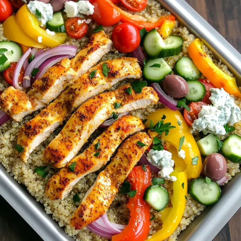 - 1.5 lbs chicken breast, sliced into strips - 2 tablespoons olive oil - 2 teaspoons dried oregano - 2 teaspoons garlic powder - 1 teaspoon paprika - Salt and pepper to taste - 1 red bell pepper, sliced - 1 yellow bell pepper, sliced - 1 red onion, sliced - 1 cucumber, diced - 1 cup cherry tomatoes, halved The heart of this recipe starts with chicken breast. It’s tender and juicy, perfect for roasting. I use olive oil to help the spices stick and add flavor. Dried oregano brings a nice and earthy taste, while garlic powder and paprika give depth. Salt and pepper are key for enhancing all the flavors. The veggies add color and crunch. Red and yellow bell peppers provide sweetness. Red onion adds a slight bite, and the cucumber and cherry tomatoes give freshness. Each bite will be full of flavor. - 1/2 cup feta cheese, crumbled - 1/4 cup Kalamata olives, sliced - Fresh parsley, chopped (for garnish) Garnishes take the dish to the next level. Feta cheese adds creaminess and tang. Kalamata olives bring a briny taste that pairs well with the chicken. Fresh parsley adds a burst of color and a hint of herbiness, making your bowl look and taste fresh. - 1 cup cooked quinoa or brown rice - Tzatziki sauce (for serving) For a filling base, I use either quinoa or brown rice. Both are hearty and nutritious. Tzatziki sauce is a must! It’s cool and creamy, balancing the warm flavors of the roasted chicken and veggies. Drizzle it on top for a delicious finish. 1. Preheat your oven to 425°F (220°C). This high heat helps to crisp the chicken and veggies. 2. Line a large baking sheet with parchment paper. This keeps your food from sticking. 3. In a large bowl, mix 2 tablespoons of olive oil, 2 teaspoons of dried oregano, 2 teaspoons of garlic powder, 1 teaspoon of paprika, and salt and pepper to taste. This mix adds great flavor. 4. Add 1.5 lbs of sliced chicken breast to the bowl. Toss the chicken until all the pieces are well-coated with the marinade. 1. Spread the marinated chicken on one side of the baking sheet. Keep it in a single layer for even cooking. 2. On the other side, arrange the sliced red and yellow bell peppers, and red onion. Use a single layer here too. 3. Roast everything in the oven for 20-25 minutes. The chicken should be cooked through, and the veggies should feel tender. Flip both halfway through cooking for best results. 1. Start with a base of cooked quinoa or brown rice. This gives your bowl a hearty foundation. 2. Top with the roasted chicken strips and vegetables. Add diced cucumbers and halved cherry tomatoes for freshness. 3. Sprinkle crumbled feta cheese and sliced Kalamata olives on top. These add a salty kick and depth to your dish. 4. Finish with a garnish of fresh parsley and a drizzle of tzatziki sauce. This sauce adds creaminess and zesty flavor to your bowl. To ensure even cooking of chicken and vegetables, follow these steps: - Cut chicken and veggies into similar sizes. This helps everything cook at the same rate. - Spread the chicken and veggies in a single layer on the baking sheet. This promotes better heat circulation. - Flip the chicken and veggies halfway through cooking. This gives both sides a nice roast. For marinating the chicken effectively: - Use a large bowl for mixing. This helps the chicken absorb all the flavors. - Let the chicken marinate for at least 30 minutes. The longer you marinate, the more flavor it gains. - Try to use a mix of spices like oregano and garlic powder. These add a nice flavor boost. For pairing with additional sides: - Serve with a fresh Greek salad. This adds crunch and freshness to your meal. - Pita bread works well too. It’s great for dipping in tzatziki or wrapping around the chicken. Recommended beverage pairings include: - A crisp white wine like Sauvignon Blanc enhances the flavors of the dish. - For a non-alcoholic option, try sparkling water with lemon. It refreshes the palate and complements the meal. {{image_2}} You can change the protein in this dish. Try shrimp or pork instead of chicken. Both options bring a new taste. Shrimp cooks fast and adds a nice, sweet flavor. Pork gives a rich, hearty bite. You can also swap the veggies. Use zucchini or asparagus for variety. These vegetables roast well and add a fresh crunch. You can even mix in some artichoke hearts or eggplant for a unique twist. Different sauces can change the flavor profile of these bowls. Try tahini sauce for a nutty taste. A simple lemon vinaigrette adds brightness. Or, go bold with a spicy yogurt sauce to kick up the heat. For a homemade tzatziki, combine the following: - 1 cup plain Greek yogurt - 1/2 cucumber, grated - 2 cloves garlic, minced - 1 tablespoon olive oil - 1 tablespoon lemon juice - Salt to taste Mix all ingredients and chill for a refreshing sauce. This tzatziki will elevate your gyro bowls with its cool, creamy goodness. To store leftovers from your Sheet-Pan Greek Chicken Gyro Bowls, let them cool first. Place them in an airtight container. I suggest separating the chicken, veggies, and grains. This keeps everything fresh. You can store them in the fridge for up to four days. When you're ready to eat, just reheat the portions you want. If you want to save some for later, freezing is a great choice. Divide your meal into single portions. Use freezer-safe containers or bags. Remove as much air as possible to avoid freezer burn. These meals can last up to three months in the freezer. When you're ready to enjoy your frozen gyro bowls, thaw them overnight in the fridge. Reheat in the oven or microwave until hot. This way, you can enjoy the flavors anytime! Can I make this recipe ahead of time? Yes, you can prepare this dish ahead. Marinate the chicken and cut the veggies one day before. Store them in the fridge. When you're ready, just roast everything. The flavors will blend nicely! What sides pair well with Greek Chicken Gyro Bowls? Great sides include a simple Greek salad or roasted potatoes. You can also serve warm pita bread with hummus. These sides balance the flavors and add variety to your meal. How can I make this dish spicier? To spice things up, add red pepper flakes or cayenne pepper to the marinade. You can also serve with hot sauce or a spicy tzatziki. Adjust the spice level to fit your taste! Can I use boneless thighs instead of chicken breast? Absolutely! Boneless thighs work well in this recipe. They add more flavor and stay juicy. Just adjust the cooking time slightly, as thighs may take a bit longer to cook through. This blog post covered a healthy recipe for Greek Chicken Gyro Bowls. We explored key ingredients, garnishes, and serving suggestions. I shared step-by-step instructions for preparing, roasting, and assembling your bowls. Cooking tips helped you achieve the best results. Variations included ingredient swaps and alternative sauces. Lastly, we discussed storage methods for leftovers. Try making these bowls for a quick, tasty meal. The fresh flavors promise to impress everyone!
