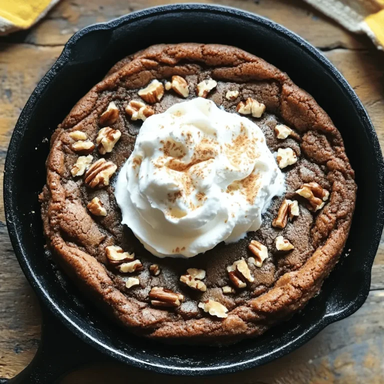 To make the warm gingerbread molasses skillet cookie, gather these key items: - 1 cup all-purpose flour - 1/2 teaspoon baking soda - 1 teaspoon ground ginger - 1 teaspoon ground cinnamon - 1/2 teaspoon ground nutmeg - 1/4 teaspoon ground cloves - 1/4 teaspoon salt - 1/2 cup unsalted butter, softened - 1/2 cup brown sugar, packed - 1/4 cup granulated sugar - 1/4 cup unsulfured molasses - 1 large egg - 1 teaspoon vanilla extract For a fun twist, you can add some extra ingredients: - 1/2 cup chopped pecans or walnuts - Whipped cream or vanilla ice cream for serving If you need to swap ingredients, here are some ideas: - Use whole wheat flour instead of all-purpose flour for a healthier option. - Substitute maple syrup for molasses if you want a different flavor. - Replace brown sugar with coconut sugar for a lower glycemic index. - Use a flax egg (1 tablespoon ground flaxseed + 3 tablespoons water) as an egg substitute for a vegan version. These swaps can help you create a tasty cookie while meeting your needs. Enjoy the process and feel free to get creative with your choices! First, preheat your oven to 350°F (175°C). This step is key for even baking. While the oven heats, take a 10-inch cast iron skillet. Grease it well with butter or cooking spray. This helps the cookie come out clean after baking. In a medium bowl, whisk together these dry ingredients: - 1 cup all-purpose flour - 1/2 teaspoon baking soda - 1 teaspoon ground ginger - 1 teaspoon ground cinnamon - 1/2 teaspoon ground nutmeg - 1/4 teaspoon ground cloves - 1/4 teaspoon salt Set this bowl aside. Now, in a larger bowl, beat together: - 1/2 cup unsalted butter, softened - 1/2 cup brown sugar, packed - 1/4 cup granulated sugar Use an electric mixer to blend these until creamy. This should take about 3 minutes. Next, add: - 1/4 cup unsulfured molasses - 1 large egg - 1 teaspoon vanilla extract Mix these in at low speed until combined. Gradually fold in the dry ingredients. If you like nuts, add in 1/2 cup chopped pecans or walnuts. Pour the dough into your greased skillet, spreading it out evenly. Place the skillet in your preheated oven. Bake for 20-25 minutes. Check that the center is firm and edges are golden. When done, let it cool for about 5 minutes. Serve warm, topped with whipped cream or vanilla ice cream. Enjoy your delicious warm gingerbread molasses skillet cookie! To make the best skillet cookie, start with room temperature butter. This helps to mix the sugars well. Use a cast iron skillet for even heat. Grease the skillet to prevent sticking. Make sure not to overmix your dough. Mix until just combined for a soft cookie. Bake until the edges are golden but the center is still soft. This gives you a chewy texture. One mistake is using cold butter. It won’t mix properly and affects the texture. Another is adding too much flour. Measure your flour correctly by scooping and leveling it off. Avoid baking for too long. Check the cookie a few minutes before the time is up. If you let it cool too long, it can harden. Lastly, don’t skip the spices. They add warmth and depth to your cookie. Ginger, cinnamon, nutmeg, and cloves make this cookie special. Each spice brings warmth and flavor. You can adjust the amounts to fit your taste. For a bolder flavor, add more ginger or cinnamon. If you love a little heat, a pinch of cayenne pepper works well. Experiment with spices to find your perfect blend. Adding chopped nuts can also enhance texture and flavor. {{image_2}} To make a nut-free version, simply leave out the chopped pecans or walnuts. This change keeps the cookie soft and delicious. You can also add a little extra flour to keep the texture just right. A nut-free cookie is great for those with allergies. It still tastes amazing without the nuts! To create a vegan version, swap the egg for a flax egg or applesauce. Use 1 tablespoon of ground flaxseed mixed with 3 tablespoons of water. Let it sit for five minutes to thicken. For the butter, use a vegan butter substitute. This will keep the rich flavor while making it plant-based. The molasses and spices will still shine through! Want to add more flavor? Consider mixing in some chocolate chips or dried fruit. Adding 1/2 cup of dark chocolate chips gives a sweet twist. For a fruity touch, add 1/2 cup of dried cranberries or raisins. You can also mix in citrus zest, like orange or lemon, for a fresh pop. These additions can elevate your skillet cookie and make it your own! To store your warm gingerbread molasses skillet cookie, let it cool down first. Once cool, cover the skillet with plastic wrap or aluminum foil. You can also transfer the cookie to an airtight container. This way, it keeps its moisture and flavor. Stored properly, it lasts for up to three days at room temperature. When you're ready to enjoy your cookie again, preheat your oven to 300°F (150°C). Place the skillet in the oven for about 10 minutes. You can also reheat individual slices in the microwave for about 20-30 seconds. Add a scoop of ice cream or whipped cream on top when serving! If you want to save some for later, freezing works well. Cut the cookie into slices and wrap each slice in plastic wrap. Then, place them in a freezer bag. Make sure to remove as much air as possible. They will stay good for up to three months. To thaw, leave them in the fridge overnight, or microwave for a quick treat. A skillet cookie is a large, baked cookie made in a skillet. It has a chewy center and crispy edges. This warm gingerbread molasses skillet cookie is a fun twist on the classic. You bake it right in a cast iron skillet, which gives it a lovely crust. You can serve it straight from the pan, making it a great dessert for sharing. You can tell the cookie is done when the center is set and the edges are slightly golden. If you gently press the top, it should bounce back. Use a toothpick to check; it should come out clean or with a few moist crumbs. Start checking around 20 minutes to avoid overbaking. Yes, you can prepare the dough ahead of time! Just mix all the ingredients and store the dough in the fridge for up to 24 hours. When ready to bake, spread the dough in the skillet and bake as usual. You can also freeze the dough for up to a month. Just thaw it in the fridge before baking. We've explored how to make a delicious skillet cookie. We covered the key ingredients and their options. You learned how to prep, mix, and bake perfectly. I shared tips for avoiding mistakes and enhancing flavors. We also looked at fun variations and storage info. This recipe is simple and will impress anyone. Enjoy baking and sharing this treat! Your friends and family will love it just as much as you do.