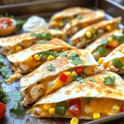 - 2 cups cooked chicken, shredded - 1 cup BBQ sauce - 2 cups shredded cheddar cheese - 1 cup corn kernels - 1 red bell pepper, diced - 1 green bell pepper, diced - 1/2 red onion, finely chopped - 8 large flour tortillas - Olive oil spray - Fresh cilantro for garnish - Sour cream and salsa for serving Gathering the right ingredients is key to making great sheet-pan BBQ chicken quesadillas. Start with shredded chicken. You can use any leftover chicken or store-bought rotisserie chicken. This saves time and adds flavor. Next, pick your favorite BBQ sauce. It can be sweet, spicy, or tangy based on your taste. Cheddar cheese brings a rich taste and melts well. Choose fresh corn if you can, but frozen works too. The bell peppers add color and crunch. The red onion gives a nice sharpness to balance the flavors. You will need large flour tortillas to hold all the filling. Don’t forget the olive oil spray. It helps the quesadillas get golden and crispy. For serving, fresh cilantro brightens the dish. Sour cream and salsa add creaminess and zest. With these ingredients, you can create a fun and tasty meal that everyone will enjoy. Start by preheating your oven to 400°F (200°C). This temperature is key for crispy quesadillas. Line a large baking sheet with parchment paper. This step helps with easy cleanup later. In a big bowl, combine 2 cups of shredded chicken with 1 cup of BBQ sauce. Make sure the chicken gets a nice coat of sauce. Next, add 1 cup of corn, 1 diced red bell pepper, 1 diced green bell pepper, and 1/2 finely chopped red onion. Mixing in these veggies adds great flavor and texture to the filling. On a clean surface, lay out 4 large flour tortillas. Evenly spread the BBQ chicken mixture on each tortilla. Make sure to leave some space at the edges. Then, sprinkle 2 cups of shredded cheddar cheese on top. Place another tortilla on each one, making a sandwich. This layering helps the flavors blend well. Carefully move the filled quesadillas onto the lined baking sheet. Arrange them so they have some space between them. Lightly spray the tops with olive oil. This helps them get nice and crispy while baking. Put the baking sheet in the preheated oven. Bake for about 15-20 minutes. Keep an eye on them; they should turn golden brown and the cheese should melt nicely. For extra crispiness, flip the quesadillas halfway through baking. Once baked, take the quesadillas out of the oven. Let them cool for a couple of minutes. Use a sharp knife to slice them into wedges for easy serving. For a nice touch, sprinkle fresh cilantro on top. You can serve the wedges with sour cream and salsa for dipping. To keep your quesadillas crispy, spray them lightly with olive oil. This adds a golden color and crunch. Bake them on parchment paper for easy cleanup. If you flip them halfway through baking, they get crispier on both sides. For flavor, try adding spices like cumin or chili powder. You can also use different BBQ sauces for a unique taste. Consider adding jalapeños for some heat. Mixing in beans or different veggies can add color and nutrition. Pair your quesadillas with sides like fresh corn salad or guacamole. A simple green salad can also brighten the meal. For dips, serve sour cream and salsa. You can mix sour cream with lime juice for a zesty twist. To present your quesadillas, cut them into wedges and arrange them on a colorful platter. Sprinkle fresh cilantro on top for a pop of color. You can even serve them with small bowls of dips for a fun, interactive meal. To prep in advance, mix the chicken and BBQ sauce a day before. Store it in the fridge. You can also chop the veggies ahead of time. When you're ready to cook, assemble and bake them. For reheating, use the oven to keep them crispy. Place them on a baking sheet and heat at 350°F until warm. You can also use an air fryer for quick reheating. Just keep an eye on them to avoid burning. {{image_2}} You can swap proteins in this recipe. Instead of chicken, try pulled pork or tofu. Both options give a unique taste. Pulled pork adds a smoky flavor, while tofu keeps it light. Cheese choice matters too. While I love cheddar, you can use Monterey Jack or pepper jack for extra kick. Each cheese gives a different texture and flavor. Want more taste? Add spices and herbs. A sprinkle of paprika or cumin can elevate the dish. Fresh cilantro or parsley adds a bright touch. You can also add jalapeños for heat. Diced jalapeños give a spicy crunch. Other veggies like mushrooms or spinach can boost nutrition and flavor. If you need gluten-free options, choose corn tortillas. They work well in this recipe and taste great. For low-carb versions, use lettuce wraps instead of tortillas. This keeps the meal fresh and light while still being delicious. To keep your quesadillas fresh, use airtight containers. Glass or plastic containers work well. Store them in the fridge for up to three days. After that, they may lose their taste and texture. To freeze quesadillas, wrap each one in plastic wrap. Then place them in a freezer bag. Make sure to squeeze out the air to prevent freezer burn. They can stay fresh for up to three months. When ready to eat, reheat them straight from the freezer. Bake at 400°F for 20-25 minutes, or until heated through. For the best taste, eat quesadillas within the first few days. Fresh quesadillas have a crispy texture and rich flavor. Over time, they can become soft and lose their crunch. Enjoy them soon for the best experience! To add heat, try these spices and sauces: - Add cayenne pepper for a kick. - Use diced jalapeños for fresh heat. - Drizzle hot sauce inside before folding. - Mix in chipotle powder for smoky spice. These options will amp up your quesadilla game. You can adjust the heat to fit your taste. Yes, homemade BBQ sauce is great! Here are the benefits: - You control the flavor and heat. - It can be healthier with fresh ingredients. - It allows you to customize sweetness and tang. Making your own sauce can be fun and rewarding. For a dairy-free quesadilla, use these alternatives: - Substitute cheddar with dairy-free cheese. - Try cashew cream as a creamy topping. - Use avocado slices for richness. These swaps will keep your quesadilla tasty without dairy. To keep tortillas crisp, follow these tips: - Bake the quesadillas on a preheated baking sheet. - Avoid overfilling with wet ingredients. - Use olive oil spray to help crisp the outside. These steps will help you achieve that perfect crunch. To reheat, use these methods for the best taste: - Place in a skillet over medium heat until warm. - Use an oven at 350°F (175°C) for about 10 minutes. - Avoid the microwave, as it can make them soggy. These methods will ensure your leftovers taste great! In this post, we covered how to make delicious BBQ chicken quesadillas. We looked at the key ingredients, easy steps to prepare, and tips for crispiness. We also shared variations to suit your taste and advice on storage. These quesadillas are not just tasty; they are fun to make. Try out different flavors and fillings to find your favorite. Enjoy cooking and sharing these with friends and family!