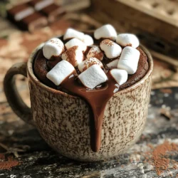 - 4 tablespoons all-purpose flour - 3 tablespoons granulated sugar - 2 tablespoons unsweetened cocoa powder - 1/8 teaspoon baking powder - 1/8 teaspoon salt - 3 tablespoons milk - 2 tablespoons vegetable oil - 1/4 teaspoon vanilla extract - 2 tablespoons mini marshmallows - 1 tablespoon chocolate chips (optional) You can use different ingredients if needed. For flour, try almond flour or oat flour. For sugar, use coconut sugar or a sugar substitute. If you want cocoa powder alternatives, carob powder works well. For dairy-free options, use almond milk or oat milk instead of regular milk. You can also replace vegetable oil with coconut oil or applesauce for a lighter version. If gluten-free is your goal, just pick gluten-free flour. To start, choose a microwave-safe mug. A 12 oz mug works well. It gives enough room for the cake to rise without spilling. Next, measure your ingredients carefully. Use dry measuring cups for flour, sugar, and cocoa powder. This helps get the amounts just right. For liquids, like milk and oil, use a liquid measuring cup. Accuracy is key to a tasty mug cake. Now, let's mix our batter. In your mug, combine the flour, sugar, cocoa powder, baking powder, and salt. Whisk these dry ingredients together until they blend well. This step is important to avoid clumps. Next, add the milk, vegetable oil, and vanilla extract. Stir until you have a smooth batter. If it looks thick, that's okay! Just keep mixing until no lumps remain. Finally, fold in the mini marshmallows and chocolate chips. Make sure they spread evenly in the batter. Time to cook! Place your mug in the microwave. Cook it on high for 30 to 40 seconds. Watch it closely. Every microwave is different, so start with 30 seconds. Check if it is done. The cake should be moist and fluffy, not dry. If it needs more time, add 10 seconds. Once it’s ready, let it cool for a minute. The marshmallows will be gooey and delicious, adding a nice texture! To get the best texture in your mug cake, focus on mixing. Mix the dry ingredients well first. This helps spread the cocoa flavor evenly. When adding wet ingredients, stir until smooth. Avoid lumps for a fluffy cake. Keep an eye on the microwave time. Start with 30 seconds. If it's not done, add a few seconds. Overcooking will make it dry. The goal is a soft, moist cake. Common mistakes include using too much flour or not mixing enough. Too much flour makes the cake dense. Always measure ingredients carefully. Use a spoon to scoop flour, then level it off. For a fun twist, top your mug cake right in the cup. Try adding whipped cream, chocolate sauce, or fresh fruit. A scoop of vanilla ice cream works wonders, too. The hot cake with cold ice cream is a delight! You can also sprinkle extra mini marshmallows on top. They will melt slightly and add gooeyness. If you want, add nuts or a drizzle of caramel for new flavors. Enjoy your creation with friends or as a cozy treat for yourself! {{image_2}} You can change the flavor of your mug cake easily. Here are some ideas: - Different types of chocolate: Use dark chocolate or white chocolate chips. This will add a rich taste. - Flavored extracts: Try almond or mint extract instead of vanilla. A little goes a long way! - Fruits: Add fresh raspberries, sliced bananas, or chopped apples. They will give a nice burst of flavor. - Nuts: Mix in chopped walnuts or pecans. This adds a fun crunch to your cake. Experiment with these options to find your favorite combo! If you want a healthier treat, here are some simple swaps: - Reduce sugar: Cut the granulated sugar to 2 tablespoons. This keeps the cake sweet but lowers calories. - Alternative sweeteners: Use honey, maple syrup, or a sugar substitute. These can work well in place of sugar. - Low-calorie modifications: Substitute skim milk for whole milk. This makes the cake lighter without losing flavor. - Reduced-fat options: Use applesauce instead of vegetable oil. It keeps the cake moist while cutting fat. These changes can make your mug cake a bit healthier without losing taste! To store your chocolate marshmallow mug cake, let it cool first. Cover it with plastic wrap or place it in an airtight container. This keeps it fresh for up to two days at room temperature. If you have leftovers, try to eat them quickly for the best taste. Can you reheat it? Yes! The best way to reheat is in the microwave. Place the mug in the microwave for 10-15 seconds. Check if it’s warm enough. If not, add a few more seconds. Be careful not to overheat, as this can dry it out. Want to save your mug cake for later? You can freeze it! First, let it cool completely. Then, wrap it tightly in plastic wrap. Place it in a freezer bag or container. This keeps it fresh for up to three months. To thaw, take it out of the freezer and leave it in the fridge overnight. When ready to eat, reheat it in the microwave. This simple method lets you enjoy your mug cake whenever you want! Can I make this mug cake in the oven? Yes, you can make this mug cake in the oven. Use a small oven-safe dish instead of a mug. Preheat your oven to 350°F (175°C). Pour the batter into the dish and bake for about 10-12 minutes. Check for doneness with a toothpick. How do I know when my mug cake is done? Your mug cake is done when it rises and looks set. Insert a toothpick in the center. If it comes out clean or with a few moist crumbs, it is ready. Be careful not to overcook it. What to do if my mug cake overflows? If your mug cake overflows, it may be too full. Next time, use a larger mug or reduce the batter amount. Also, avoid overmixing, as this can cause too much air to form. Why is my mug cake dense or rubbery? A dense or rubbery mug cake often results from overmixing or too much flour. Stir just until combined. Also, ensure you use the right measurements for your ingredients. Is this recipe gluten-free? This recipe contains all-purpose flour, which is not gluten-free. You can use a gluten-free flour blend instead to make it gluten-free. Can I make it dairy-free? Yes, you can make this mug cake dairy-free. Use a plant-based milk, like almond or soy milk, in place of regular milk. This way, you can enjoy a tasty treat without dairy. This blog covered all steps to make a perfect mug cake. We discussed ingredients and measurements, mixing techniques, and cooking times. You learned tips for texture and common mistakes to avoid. I shared flavor variations and healthy alternatives to suit your needs. Lastly, I provided storage options to keep your mug cake fresh. Enjoy making it your own! Your delicious mug cake awaits.