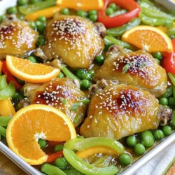 To make Sheet Pan Orange Ginger Chicken, you will need: - 4 boneless, skinless chicken thighs - 2 large oranges (one for juice and zest, one for slicing) - 2 tablespoons fresh ginger, minced - 3 tablespoons soy sauce (or tamari for gluten-free) - 1 tablespoon honey - 1 tablespoon sesame oil - 1 red bell pepper, sliced - 1 cup snap peas - 2 green onions, sliced - 1 tablespoon sesame seeds - Salt and pepper to taste If you lack an ingredient, don’t worry! Here are some easy swaps: - Chicken thighs can be replaced with chicken breasts, but thighs stay juicier. - Use any citrus juice, like lemon or lime, if you don’t have oranges. - Instead of fresh ginger, ground ginger works in a pinch, though the taste differs. - Honey can be replaced with maple syrup for a vegan option. - Tamari is a great gluten-free soy sauce alternative. To ensure your dish turns out great, here are some handy conversions: - 1 tablespoon equals 3 teaspoons. - 1 cup equals 16 tablespoons. - 2 large oranges yield about ½ cup of juice on average. - Remember, 1 ounce equals about 28 grams, helpful for weighing your ingredients. With these ingredients and tips, you're set to make a tasty meal! 1. First, heat your oven to 400°F (200°C). Line a large sheet pan with parchment paper. This makes cleanup easy. 2. Next, take one large orange. Juice it and zest it in a bowl. Add minced ginger, soy sauce, honey, and sesame oil. Whisk this mix well. 3. Season the four chicken thighs with salt and pepper. Place them in the bowl with the marinade. Let them sit for at least 15 minutes. You can also marinate them in the fridge for up to 2 hours for more flavor. 4. While the chicken soaks, slice the other orange into rounds. Prepare the red bell pepper by slicing it and set it aside. Wash the snap peas too. 5. When the chicken is ready, put the marinated thighs on one side of the sheet pan. Arrange the sliced orange, bell pepper, and snap peas on the other side. 6. Pour any leftover marinade over the chicken and veggies in the pan. 7. Roast everything in the oven for 25-30 minutes. Check the chicken to make sure it is cooked through. It should reach an internal temperature of 165°F (75°C). 8. In the last 5 minutes, sprinkle sesame seeds over the chicken and vegetables. This will add a nice crunch. 9. After cooking, take the sheet pan out of the oven. Let it rest for a few minutes. Then, garnish with sliced green onions for a pop of color. Serve the chicken and veggies on a large platter. Add more sesame seeds and orange slices for decoration. This dish goes well with a side of steamed rice or quinoa. Enjoy! Marinating the chicken makes it tasty and tender. Start with the marinade mix of orange juice, zest, ginger, soy sauce, honey, and sesame oil. You can let the chicken sit in this mix for at least 15 minutes. If you have more time, let it rest for up to 2 hours in the fridge. The longer it marinates, the more flavor it will soak up. For the best results, set your oven to 400°F (200°C). Cook the chicken for 25 to 30 minutes. Use a meat thermometer to check its doneness. The chicken should reach an internal temp of 165°F (75°C). If you like your veggies crisp, add them halfway through cooking. This way, they stay bright and fresh. Want to amp up the flavors? Here are some fun ideas: - Add more ginger for a spicier kick. - Use lime juice instead of orange for a tangy twist. - Toss in some garlic for extra depth. - Try different veggies like carrots or broccoli for variety. These simple changes can give your dish a new personality! Enjoy exploring flavors. {{image_2}} You can easily make this dish gluten-free. Just swap soy sauce for tamari. Tamari has a similar taste but is safe for gluten-free diets. Make sure to read labels on any other sauces you use. They may contain gluten. This keeps your meal tasty and safe. Feel free to add more veggies for color and taste. Carrots, broccoli, or zucchini work great. Chop them into bite-sized pieces for even cooking. Spread them on the sheet pan with the chicken. This not only boosts nutrition but also makes the meal more vibrant. Want some heat? Add chili flakes or sriracha to the marinade. Start with a small amount and taste it. You can also use spicy peppers like jalapeños. This adds a nice kick to the orange ginger flavor. It’s a fun twist for those who love spice! To keep your Sheet Pan Orange Ginger Chicken fresh, let it cool first. Place the chicken and veggies in an airtight container. You can store it in the fridge for up to three days. If you want to keep it longer, freezing is a great option. When you're ready to enjoy leftovers, reheating is easy. Preheat your oven to 350°F (175°C). Place the chicken and veggies on a baking sheet. Heat for 15-20 minutes until warm. You can also use the microwave, but the oven keeps the chicken crispier. If you want to freeze the dish, it’s best to do so right after cooking. Allow it to cool completely. Then, place it in a freezer-safe container. It can last for up to three months in the freezer. To thaw, move it to the fridge overnight before reheating. Yes, you can use chicken breasts. They will work well in this recipe. Chicken breasts cook faster than thighs. You should check them after 20 minutes. If they reach 165°F, they are done. Thighs are juicier, but breasts are a great option too. Just make sure to slice them evenly for even cooking. To check if the chicken is done, use a meat thermometer. The internal temperature should reach 165°F. If you don’t have a thermometer, cut into the thickest part. The meat should be white, not pink. Juices should run clear. If it’s still pink, put it back in the oven for a few more minutes. You can serve this dish with many sides. Steamed rice or quinoa is a great choice. They soak up the sauce well. You can also add a fresh salad for crunch. Roasted broccoli or green beans pair nicely too. Feel free to mix and match to suit your taste! In this blog post, we covered all aspects of making sheet pan orange ginger chicken. We explored ingredients, cooking steps, and tips for the best flavor. You can make substitutions and adjust cooking times to fit your needs. Remember to store leftovers properly and reheat them for future meals. Whether you choose to spice things up or add veggies, there’s a way to make this dish yours. Enjoy experimenting and make it a family favorite.
