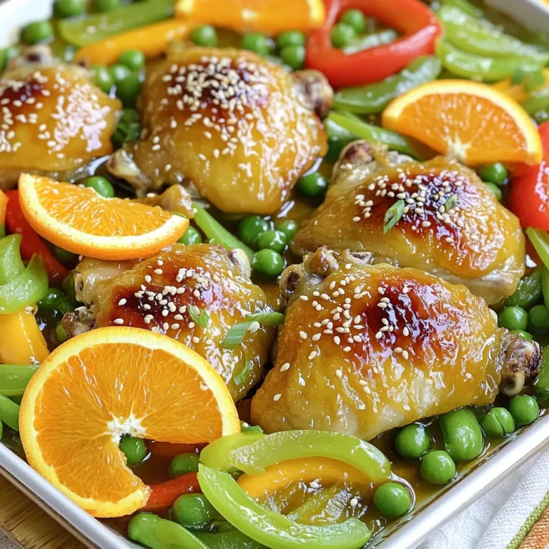 To make Sheet Pan Orange Ginger Chicken, you will need: - 4 boneless, skinless chicken thighs - 2 large oranges (one for juice and zest, one for slicing) - 2 tablespoons fresh ginger, minced - 3 tablespoons soy sauce (or tamari for gluten-free) - 1 tablespoon honey - 1 tablespoon sesame oil - 1 red bell pepper, sliced - 1 cup snap peas - 2 green onions, sliced - 1 tablespoon sesame seeds - Salt and pepper to taste If you lack an ingredient, don’t worry! Here are some easy swaps: - Chicken thighs can be replaced with chicken breasts, but thighs stay juicier. - Use any citrus juice, like lemon or lime, if you don’t have oranges. - Instead of fresh ginger, ground ginger works in a pinch, though the taste differs. - Honey can be replaced with maple syrup for a vegan option. - Tamari is a great gluten-free soy sauce alternative. To ensure your dish turns out great, here are some handy conversions: - 1 tablespoon equals 3 teaspoons. - 1 cup equals 16 tablespoons. - 2 large oranges yield about ½ cup of juice on average. - Remember, 1 ounce equals about 28 grams, helpful for weighing your ingredients. With these ingredients and tips, you're set to make a tasty meal! 1. First, heat your oven to 400°F (200°C). Line a large sheet pan with parchment paper. This makes cleanup easy. 2. Next, take one large orange. Juice it and zest it in a bowl. Add minced ginger, soy sauce, honey, and sesame oil. Whisk this mix well. 3. Season the four chicken thighs with salt and pepper. Place them in the bowl with the marinade. Let them sit for at least 15 minutes. You can also marinate them in the fridge for up to 2 hours for more flavor. 4. While the chicken soaks, slice the other orange into rounds. Prepare the red bell pepper by slicing it and set it aside. Wash the snap peas too. 5. When the chicken is ready, put the marinated thighs on one side of the sheet pan. Arrange the sliced orange, bell pepper, and snap peas on the other side. 6. Pour any leftover marinade over the chicken and veggies in the pan. 7. Roast everything in the oven for 25-30 minutes. Check the chicken to make sure it is cooked through. It should reach an internal temperature of 165°F (75°C). 8. In the last 5 minutes, sprinkle sesame seeds over the chicken and vegetables. This will add a nice crunch. 9. After cooking, take the sheet pan out of the oven. Let it rest for a few minutes. Then, garnish with sliced green onions for a pop of color. Serve the chicken and veggies on a large platter. Add more sesame seeds and orange slices for decoration. This dish goes well with a side of steamed rice or quinoa. Enjoy! Marinating the chicken makes it tasty and tender. Start with the marinade mix of orange juice, zest, ginger, soy sauce, honey, and sesame oil. You can let the chicken sit in this mix for at least 15 minutes. If you have more time, let it rest for up to 2 hours in the fridge. The longer it marinates, the more flavor it will soak up. For the best results, set your oven to 400°F (200°C). Cook the chicken for 25 to 30 minutes. Use a meat thermometer to check its doneness. The chicken should reach an internal temp of 165°F (75°C). If you like your veggies crisp, add them halfway through cooking. This way, they stay bright and fresh. Want to amp up the flavors? Here are some fun ideas: - Add more ginger for a spicier kick. - Use lime juice instead of orange for a tangy twist. - Toss in some garlic for extra depth. - Try different veggies like carrots or broccoli for variety. These simple changes can give your dish a new personality! Enjoy exploring flavors. {{image_2}} You can easily make this dish gluten-free. Just swap soy sauce for tamari. Tamari has a similar taste but is safe for gluten-free diets. Make sure to read labels on any other sauces you use. They may contain gluten. This keeps your meal tasty and safe. Feel free to add more veggies for color and taste. Carrots, broccoli, or zucchini work great. Chop them into bite-sized pieces for even cooking. Spread them on the sheet pan with the chicken. This not only boosts nutrition but also makes the meal more vibrant. Want some heat? Add chili flakes or sriracha to the marinade. Start with a small amount and taste it. You can also use spicy peppers like jalapeños. This adds a nice kick to the orange ginger flavor. It’s a fun twist for those who love spice! To keep your Sheet Pan Orange Ginger Chicken fresh, let it cool first. Place the chicken and veggies in an airtight container. You can store it in the fridge for up to three days. If you want to keep it longer, freezing is a great option. When you're ready to enjoy leftovers, reheating is easy. Preheat your oven to 350°F (175°C). Place the chicken and veggies on a baking sheet. Heat for 15-20 minutes until warm. You can also use the microwave, but the oven keeps the chicken crispier. If you want to freeze the dish, it’s best to do so right after cooking. Allow it to cool completely. Then, place it in a freezer-safe container. It can last for up to three months in the freezer. To thaw, move it to the fridge overnight before reheating. Yes, you can use chicken breasts. They will work well in this recipe. Chicken breasts cook faster than thighs. You should check them after 20 minutes. If they reach 165°F, they are done. Thighs are juicier, but breasts are a great option too. Just make sure to slice them evenly for even cooking. To check if the chicken is done, use a meat thermometer. The internal temperature should reach 165°F. If you don’t have a thermometer, cut into the thickest part. The meat should be white, not pink. Juices should run clear. If it’s still pink, put it back in the oven for a few more minutes. You can serve this dish with many sides. Steamed rice or quinoa is a great choice. They soak up the sauce well. You can also add a fresh salad for crunch. Roasted broccoli or green beans pair nicely too. Feel free to mix and match to suit your taste! In this blog post, we covered all aspects of making sheet pan orange ginger chicken. We explored ingredients, cooking steps, and tips for the best flavor. You can make substitutions and adjust cooking times to fit your needs. Remember to store leftovers properly and reheat them for future meals. Whether you choose to spice things up or add veggies, there’s a way to make this dish yours. Enjoy experimenting and make it a family favorite.