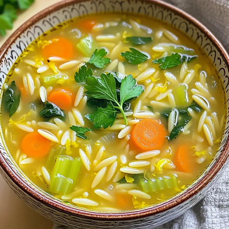 To make this soup, you need some key ingredients. Here’s what you will need: - 1 cup orzo pasta - 1 tablespoon olive oil - 1 medium onion, diced - 3 cloves garlic, minced - 3 medium carrots, diced - 2 celery stalks, diced - 6 cups vegetable broth - 1 lemon (zested and juiced) - 1 teaspoon dried thyme - 1 teaspoon dried oregano - 1 bay leaf - Salt and pepper to taste - 2 cups fresh spinach or kale, roughly chopped - Fresh parsley, chopped (for garnish) These ingredients create a bright flavor with a hearty texture. The orzo adds a nice bite, while the lemon and garlic give it a fresh twist. You can boost the flavor of your soup with a few extra ingredients. Consider adding: - Cooked chicken for protein - Fresh herbs like dill or basil - Red pepper flakes for heat - A splash of lemon juice right before serving These add-ins can make the soup even more delicious. It’s fun to experiment and find your perfect mix. Fresh produce and herbs make a big difference in your soup. Here are some tips for picking the best: - Look for firm, smooth carrots and celery. They should feel heavy for their size. - Choose garlic that is firm and has no soft spots. - For herbs, select vibrant greens with no brown edges. - When picking lemons, choose ones that feel heavy and have a bright, shiny skin. Using fresh ingredients not only enhances taste but also adds nutrients to your soup. Enjoy the process of selecting quality produce! First, I heat one tablespoon of olive oil in a skillet over medium heat. Next, I add one medium onion, diced. I sauté the onion for about three to four minutes until it turns translucent. Then, I add three cloves of minced garlic. I cook this for one to two minutes until I smell the garlic's lovely aroma. Once done, I transfer this mix to the slow cooker. The onion and garlic add deep flavor to the soup. In the slow cooker, I add the sautéed onion and garlic. Then, I toss in three diced carrots and two diced celery stalks. Next, I pour in six cups of vegetable broth. I also add the zest and juice from one lemon. For herbs, I include one teaspoon each of dried thyme and oregano, along with one bay leaf. I season with salt and pepper to taste. After adding all the ingredients, I give everything a good stir. This mix is the heart of my soup, bursting with fresh flavors. I cover the slow cooker and set it to cook on low for six to eight hours. If I'm short on time, I can also set it to high for three to four hours. Once the cooking time is up, I remove the bay leaf. Now, I stir in one cup of orzo pasta and two cups of chopped spinach or kale. I let it cook for an additional thirty minutes. This final step makes the orzo tender and the greens bright. The soup is now ready to serve hot, garnished with fresh parsley. To enhance the flavor of your soup, focus on seasoning. Use salt and pepper as your base. Fresh herbs like parsley add a bright touch. Consider adding a pinch of red pepper flakes for some heat. Garnishing with parsley right before serving boosts the look and taste. The fresh greens contrast nicely with the soup's warm tones. Consistency is key for a great soup. Orzo will absorb liquid as it cooks. To keep your soup from getting too thick, add extra broth or water before serving. Stir gently to combine everything. If you prefer a creamier texture, you can blend a portion of the soup and mix it back in. This will give you a nice balance. Cooking time is important when using orzo. If you cook on low, it takes about 30 minutes to get tender after adding it. On high, check it after about 20 minutes. Keep an eye on it to avoid overcooking. You want orzo to be soft but still hold its shape. Adjust the time based on your slow cooker’s settings. {{image_2}} You can add protein to the soup for more flavor and nutrition. Chicken is a great choice. Use cooked, shredded chicken for ease. Add it to the slow cooker about 30 minutes before serving. This helps it warm through without drying out. If you prefer a plant-based option, try tofu. Use firm tofu, cut into cubes. Sauté the tofu with onion and garlic to add a nice taste. Then, add it to the slow cooker as well. Feel free to mix in other veggies to change the soup. Zucchini and bell peppers work well. You can also use peas or corn for a touch of sweetness. Just keep the total amount of veggies around the same. This way, the soup stays balanced. For a heartier feel, add some potatoes. Chop them small and add them early in the cooking. If you want a gluten-free version, try rice or quinoa instead of orzo. Both grains absorb flavors well. For a whole wheat option, look for whole wheat orzo at the store. Whole wheat orzo adds fiber and a nutty taste, making the soup even richer. Be sure to adjust the cooking time since different grains cook at different rates. Always check for doneness before serving. To keep your soup fresh, let it cool first. Use an airtight container. Store it in the fridge. The soup will stay good for 3-4 days. Make sure to label your container with the date. This helps you track freshness. When you want to eat leftovers, reheat the soup on the stove. Pour it into a pot and warm it over medium heat. Stir it often to heat evenly. You can also use the microwave. Place the soup in a safe bowl and cover it. Heat for about 2-3 minutes, stirring halfway through. Check that it’s hot all the way through before serving. To freeze the soup, first let it cool down completely. Use freezer-safe bags or containers. Leave some space at the top for expansion. Label with the date and type of soup. It can last up to 3 months in the freezer. To eat, thaw overnight in the fridge. Reheat on the stove or microwave for a quick meal. To make this soup vegetarian, just use vegetable broth. You can skip any meat additions. The vegetables and orzo give it a full flavor. You still get that zesty taste from the lemon and garlic. Yes, you can use different types of pasta. Small shapes like ditalini or small shells work well. Just adjust the cooking time if needed. Cook them until tender, but not mushy. Store leftovers in an airtight container. Let the soup cool to room temperature first. You can keep it in the fridge for up to 3 days. For longer storage, use the freezer. It takes about 30 minutes for orzo to cook in a slow cooker. Add it in the last half hour of cooking. This way, it stays firm and doesn’t turn mushy. Yes, you can make this soup ahead of time. Just follow the recipe and store it. Reheat it when you are ready to serve. The flavors will deepen overnight, making it even tastier. This article covered how to make Slow Cooker Lemon Garlic Orzo Soup. We explored essential and optional ingredients, tips for choosing fresh produce, and detailed instructions for cooking. I shared tips on flavor, consistency, and variations for proteins and pasta. Lastly, we discussed how to store leftovers and reheating methods. In summary, this soup is easy and versatile. You can adjust it to fit your taste and dietary needs. Enjoy your cooking journey and the delicious results!